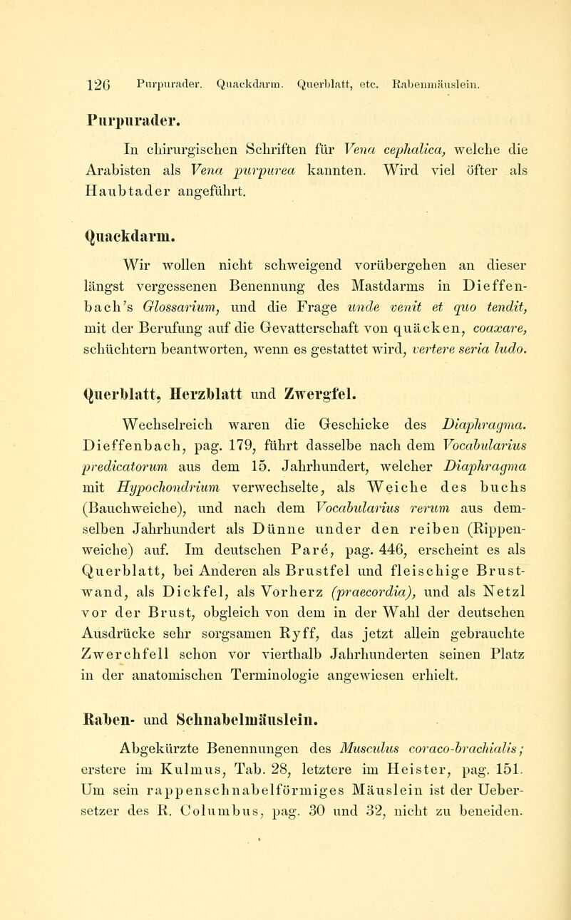 Purpurader. In cliirurgischen Schriften für Vena cephalica, welche die Arabistcn als Ve7ia ijur'purea kannten. Wird viel öfter als Haubtader angeführt. (^uackdarin. Wir wollen nicht schweigend vorübergehen an dieser längst vergessenen Benennung des Mastdarms in Dieffen- bach's Glossarium, und die Frage unde venit et quo tendit, mit der Berufung auf die Gevatterschaft von quäcken, coaxare, schüchtern beantworten, wenn es gestattet wird, vertere seria ludo. Querl)latt, Herzblatt und Zwergfei. Wechselreich waren die Geschicke des Diaphragma. Dieffenbach, pag. 179, führt dasselbe nach dem Vocahidarius predicatorum aus dem 15. Jahrhundert, welcher Diaphragma mit Hypochondrium verwechselte, als Weiche des buchs (Bauchweiche), und nach dem Vocabularius rerum aus dem- selben Jahrhundert als Dünne under den reiben (Rippen- weiche) auf. Im deutschen Pare, pag. 446, erscheint es als Querblatt, bei Anderen als Brustfei und fleischige Brust- wand, als Dick fei, als Vor herz (praecordia), und als Netzl vor der Brust, obgleich von dem in der Wahl der deutschen Ausdrücke sehr sorgsamen Ryff, das jetzt allein gebrauchte Zwerchfell schon vor vierthalb Jahrhunderten seinen Platz in der anatomischen Terminologie angewiesen erhielt. Ral)en- und Scliiial>eliuäusleiii. Abgekürzte Benennungen des Muscidus coraco-hrachialis; erstere im Kulmus, Tab. 28, letztere im Heister, pag. 151. Um sein rappenschnabelförmiges Mäuslein ist der Ueber- setzer des R. Columbus, pag. 30 und 32, nicht zu beneiden.