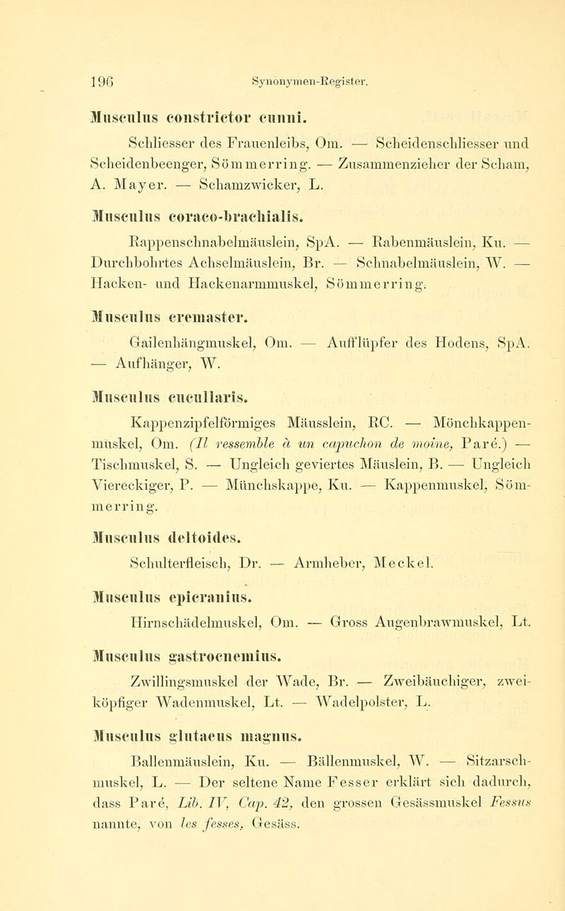 Musculus constrictor cuuni. ScMiesser des Frauenleibs, Om. — Scheidenschliesser und Sclieidenbeenger, Sömmerring. — Zusammenzielier der Scham, A. Mayer. — Schamzwicker, L. Musculus coraco-l)racliialis. Rappenschnabelmäuslein, SpA. — Rabenmäuslein, Ku. — Durchbohrtes Achselmäuslein, Br. — Schnabelmäuslein, W. — Hacken- und Hackenarmmuskel, Sömmerring. Musculus cremaster. Gailenhängmuskel, Om. — Aufflüpfer des Hodens, SpA. — Aufhängei-, W. Musculus cueullarls. Kappenzipfelförmiges Mäusslein, RC. — Mönchkappen- müskel, Om. (II ressemhle ä un ccqnichon de moine, Pare.) — Tischmuskel, S. — Ungleich geviertes Mäuslein, B. — Ungleich Viereckiger, P. — Münchskappe, Ku. — Kappenmuskel, Söm- merring. Musculus (leltoides. Schulterfleisch, Dr. — Armheber, Meckel. Musculus epicrauius. Hirnschädelmuskel, Om. — Gross Augenbrawmuskel, Lt. Musculus gastrocnemius. Zwillingsmuskel der Wade, Br. — Zweibäuchiger, zwei- köpfiger Wadenmuskel, Lt. — Wadelpolster, L. Musculus glutacus maguus. Ballenmäuslein, Ku. — Bällenmuskel, W. — Sitzarsch- muskel, L. — Der seltene Name Fesser erklärt sich dadurch, dass Pare, L'ib. IV, Cap. 42, den grossen Gesässmuskel Fessua nannte, von les fesses, Gesäss.