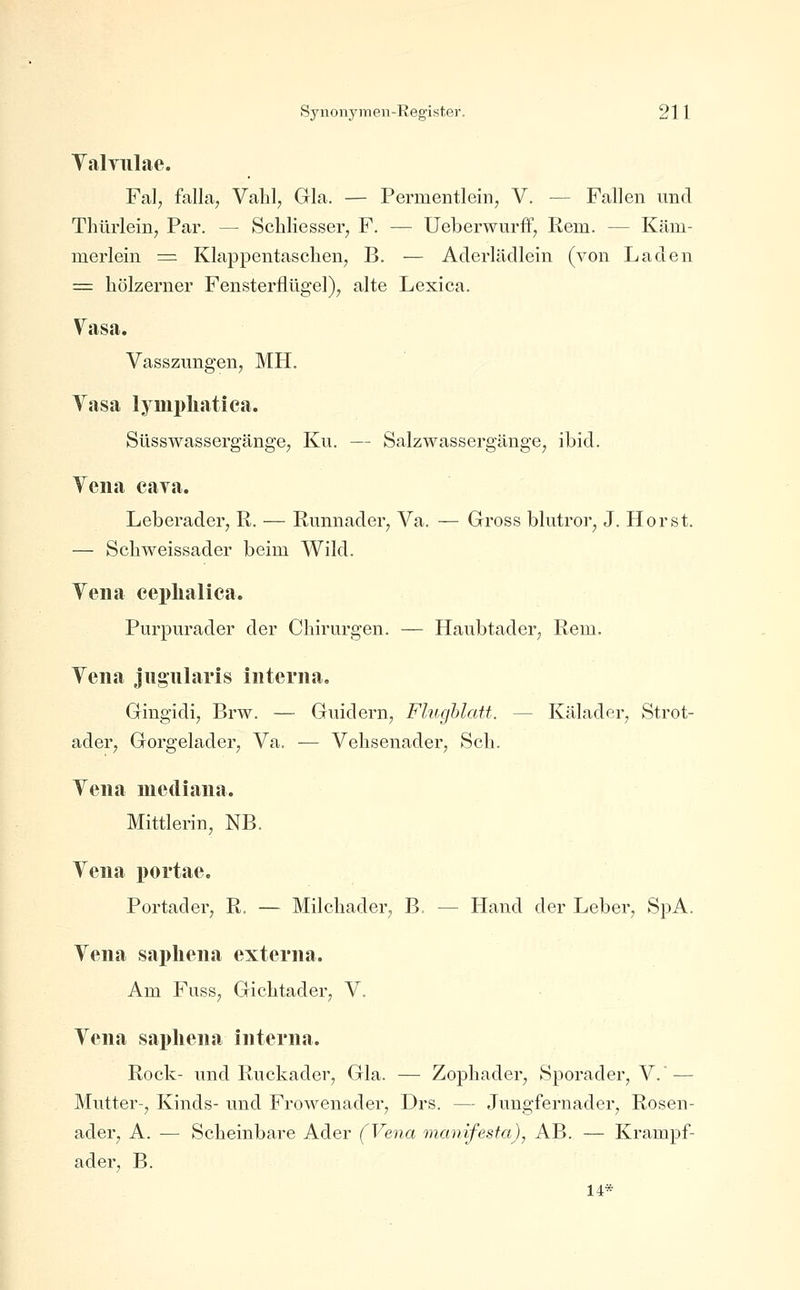 YalTiilae. Fal, falla, Vahl, Gla. — Permentlein, V. — Fallen und Thürlein, Par. — Schliesser, F. — Ueberwurff, Rem. — Käm- merlein = Klappentaschen, B. — Aderläcllein (von Laden = hölzerner Fensterflügel), alte Lexica. Vasa. Vasszungen, MH. Vasa lymphatica. Süsswassergänge, Ku. — Salzwassergänge, ibid. Yena eava. Leberader, R. — Runnader, Va. — Gross blutror, J. Horst. — Schweissader beim Wild. Yena ceplialiea. Purpurader der Chirurgen. — Haubtader, Rem. Yena jugiiLaris interna. Gingidi, Brw. — Guidern, Flughlatt. — Kälader, Strot- ader, Gorgelader, Va. — Vehsenader, Seh. Yena mediana. Mittlerin, NB. Yena portae. Portader, R. — Milchader, B. — Hand der Leber, SpA. Yena sapliena externa. Am Fuss, Gichtader, V. Yena sapliena interna. Roclv- und Ruckader, Gla. — Zophader, Sporader, V. — Mutter-, Kinds- und Frowenader, Drs. — Jungfernader, Rosen- ader, A. — Scheinbare Ader (Vena manifesfa), AB. — Krampf- ader, B. 14*