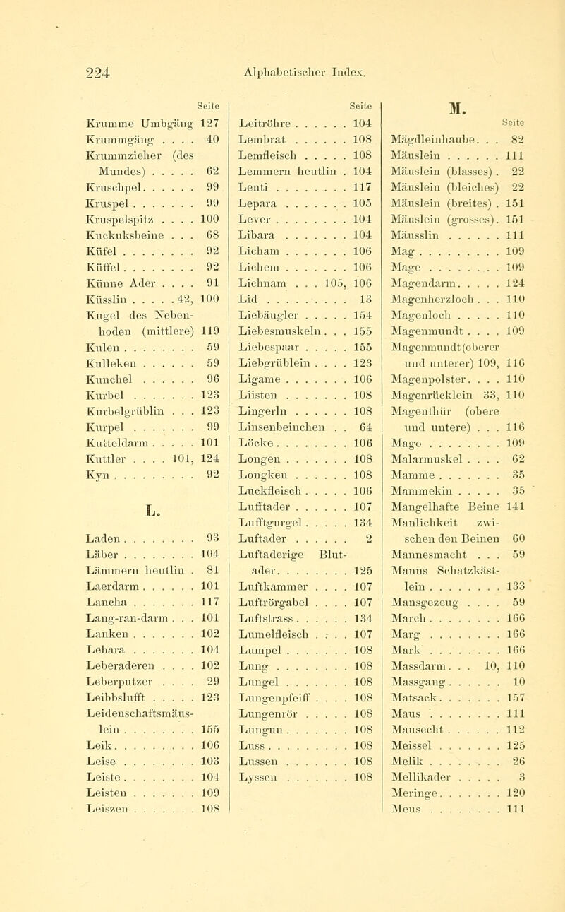 Seite Krumme Umbgäng- 127 Krummgäng .... 40 Krummzieher (des Mundes) 62 Kruschpel 99 Kruspel 99 Kruspelspitz .... 100 Kuckuksbeine ... 68 Kttfel 92 Kiiffel 92 Künne Ader .... 91 Küsslin 42, 100 Kugel des Neben- hoden (mittlere) 119 Kulen 59 Kullekeu 59 Kunchel 96 Kurbel 123 Kurbelgrüblin . . . 123 Kurpel 99 Kutteidarm 101 Kuttler . . . . 101, 124 Kyn 92 L. Laden 93 Läl^er 104 Lämmern heutlin . 81 Laerdarm 101 Lancha 117 Lang-ran-darm ... 101 Lanken 102 Lebara 104 Leberaderen .... 102 Leberputzer .... 29 Leibbslufft 123 Leidenschaftsmäus- lein 155 Leik 106 Leise 103 Leiste 104 Leisten 109 Leiszeu 108 Seite Leitrühre 104 Lembrat 108 Lemfleisch 108 Lemmern heutlin . 104 Lenti 117 Lepara 105 Lever 104 Libara 104 Licham 106 Lichem 106 Lichnam . . . 105, 106 Lid 13 Liebäugler 154 Liebesmuskeln ... 155 Liebespaar 155 Liebgrüblein .... 123 Ligame 106 Lüsten 108 Lingerln 108 Linsenbeinchen . . 64 Locke 106 Longen 108 Longken 108 Luckfleisch 106 Lufftader 107 Lufftgurgel 134 Luftader 2 Luftaderige Bhit- ader 125 Luftkammer .... 107 Luftrörgabel .... 107 Luftstrass 134 Lumelfleisch . .• . . 107 Lumpel 108 Lung 108 Lrmgel 108 Lringenpfeiff .... 108 Lungenrör 108 Lungun 108 Luss 108 Lussen 108 Lyssen 108 M. Seite Mägdleinhaube. . . 82 Mäuslein 111 Mäuslein (blasses) . 22 Mäuslein (bleiches) 22 Mäuslein (breites) . 151 Mäuslein (grosses). 151 Mäusslin 111 Mag 109 Mage 109 Magendarm 124 Magenherzloch ... 110 Magenloch 110 Magenmundt .... 109 Magenmnndt (oberer und unterer) 109, 116 Magenpolster. ... 110 Magenrücklein 33, 110 Magenthür (obere und untere) . . . 116 Mago 109 Malarmuskel .... 62 Mamme 35 Mammekin 35 Mangelhafte Beine 141 Manlichkeit zwi- schen den Beinen 60 Mannesmacht ... 59 Manns Schatzkäst- lein 133 Mansgezeug .... 59 March 166 Marg 166 Mark 166 Massdarm. . . 10, 110 Massgang 10 Matsack 157 Maus '. 111 Mausecht 112 Meissel 125 Melik 26 Mellikader 3 Meringe 120 Mens 111