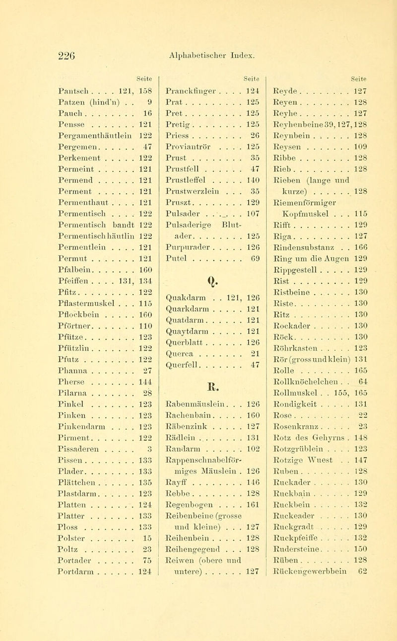 Seite Pantsch . . . . 121, 158 Patzen (hind'n) . . 9 Pauch 16 Pensse 121 Pergamenthäntlein 122 Pergemen 47 Perkement 122 Permeint 121 Pennend 121 Perment 121 Permenthaut .... 121 Permentiscli .... 122 Permentisch bandt 122 Permentiscli häntlin 122 Permentlein .... 121 Permut 121 Pfalbein IGO Pfeiifen .... 131, 134 Pfitz 122 Pflastermuskel ... 11.5 Pflockbein 160 Pförtner 110 Pfütze 123 Pfützlin 122 Pfutz 122 Phanna 27 Pherse 144 Pilarna 28 Pinkel 123 Pinken 123 Pinkendarm .... 123 Pirment 122 Pissaderen 3 Pissen 133 Plader 133 Plättchen 135 Plastdarm. ..... 123 Platten 124 Platter 133 Ploss 133 Polster 15 Poltz 23 Portader 75 Portdarm 124 Seite Pranckfinger .... 124 Prat 125 Pret 125 Pretig 125 Priess 26 Proviantrör .... 125 Prust 35 Prustfell 47 Prustleffel 140 Pi'ustwerzlein . . . 35 Pruszt 129 Pulsader . .... . . 107 Pulsaderige Blut- ader 125 Purpurader 126 Putel 69 ^' Quakdarm . . 121, 126 Quarkdarm 121 Quatdarm 121 Quaytdarm 121 Querblatt 126 Querca 21 Querfell 47 R. Eabenmäuslein. . . 126 Eaclienbain 160 Käbenzink 127 Rädlein 131 Eandarm .102 Rappenschnabelför- miges Mäuslein . 126 Rayff 146 Rebbe 128 Regenbogen .... 161 Reibenbeine (grosse und kleine) . . . 127 Reilienbein 128 Reihengegend . . . 128 Reiwen (obere und untere) 127 Seite Reyde 127 Reyen 128 Reyhe 127 Reyhenbeine39,127,128 Reynbein .;.... 128 Reysen 109 Ribbe 128 Rieb 128 Rieben (lange und kurze) 128 Riemenförmiger Kopfmiiskel ... 115 Rifft 129 Riga 127 Rindensubstanz . . 166 Ring um die Augen 129 Rippgestell 129 Rist 129 Ristbeine 130 Riste 130 Ritz 130 Rockader 130 Rock 130 Röhrkasten 123 Rör (gross und klein) 131 Rolle 165 Rollknöchelchen. . 64 Rollmuskel . . 155, 165 Rondigkeit 131 Rose 22 Rosenkranz 23 Rotz des C4ehyrns . 148 Rotzgrüblein .... 123 Rotzige Wuest . . 147 Rüben 128 Ruckader 130 Ruckbaiu 129 Ruckbeiu 132 Ruckeader 130 Ruckgradt 129 Ruckpfeiffe 132 Rudersteine 150 Rüben 128 Rückeno-ewerbbein 62