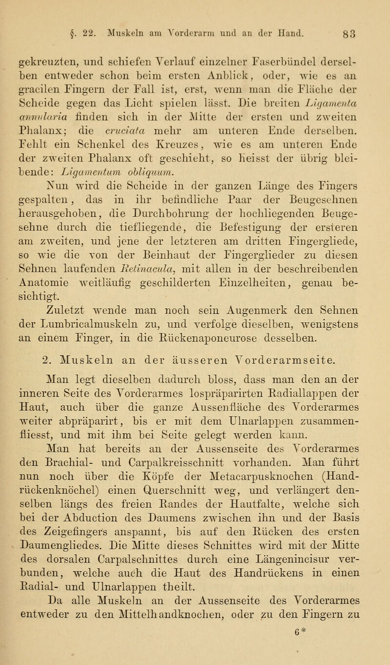 gekreuzten, und schiefen Verlauf einzelner Faserbündel dersel- ben entweder schon beim ersten Anblick, oder, wie es an gracilen Fingern der Fall ist, erst, wenn man die Fläche der Scheide gegen das Licht spielen lässt. Die breiten Ligamenta arinularia finden sich in der Alitte der ersten und zweiten Phalanx; die cruciafa mehr am unteren Ende derselben. Fehlt ein Schenkel des Kreuzes, wie es am unteren Ende der zweiten Phalanx oft geschieht, so heisst der übrig blei- bende: Ligamentum obliquum. Nun wird die Scheide in der ganzen Länge des Fingers gespalten, das in ihr befindliche Paar der Beugesehnen herausgehoben, die Durchbohrung der hochliegenden Beuge- sehne durch die tiefliegende, die Befestigung der ersteren am zweiten, und jene der letzteren am dritten Fingergliede, so wie die von der Beinhaut der Fingerglieder zu diesen Sehnen laufenden lietinamla, mit allen in der beschreibenden Anatomie weitläufig geschilderten Einzelheiten, genau be- sichtigt. Zuletzt wende man noch sein Augenmerk den Sehnen der Lumbricalmuskeln zu, und yerfolge dieselben, wenigstens an einem Finger, in die Eückenaponeurose desselben. 2. Muskeln an der äusseren Yorderarmseite. Man legt dieselben dadurch bloss, dass man den an der inneren Seite des Vorderarmes lospräparirten Badiallappen der Haut, auch über die ganze Aussenfläche des Vorderarmes weiter abpräparirt, bis er mit dem Ulnarlappen zusammen- fliesst, und mit ihm bei Seite gelegt werden kann. Man hat bereits an der Aussenseite des Vorderarmes den Brachial- und Carpalkreisschnitt vorhanden. Man führt nun noch über die Köpfe der Metacarpusknochen (Hand- rückenknöchel) einen Querschnitt weg, und verlängert den- selben längs des freien Bandes der Hautfalte, welche sich bei der Abduction des Daumens zwischen ihn und der Basis des Zeigefingers anspannt, bis auf den Bücken des ersten Daumengliedes. Die Mitte dieses Schnittes wird mit der Mitte des dorsalen Carpalschnittes durch eine Längenincisur ver- bunden, welche auch die Haut des Handrückens in einen Badial- und Ulnarlappen theilt. Da alle Muskeln an der Aussenseite des Vorderarmes entweder zu den Mittelhandknochen, oder zu den Fingern zu