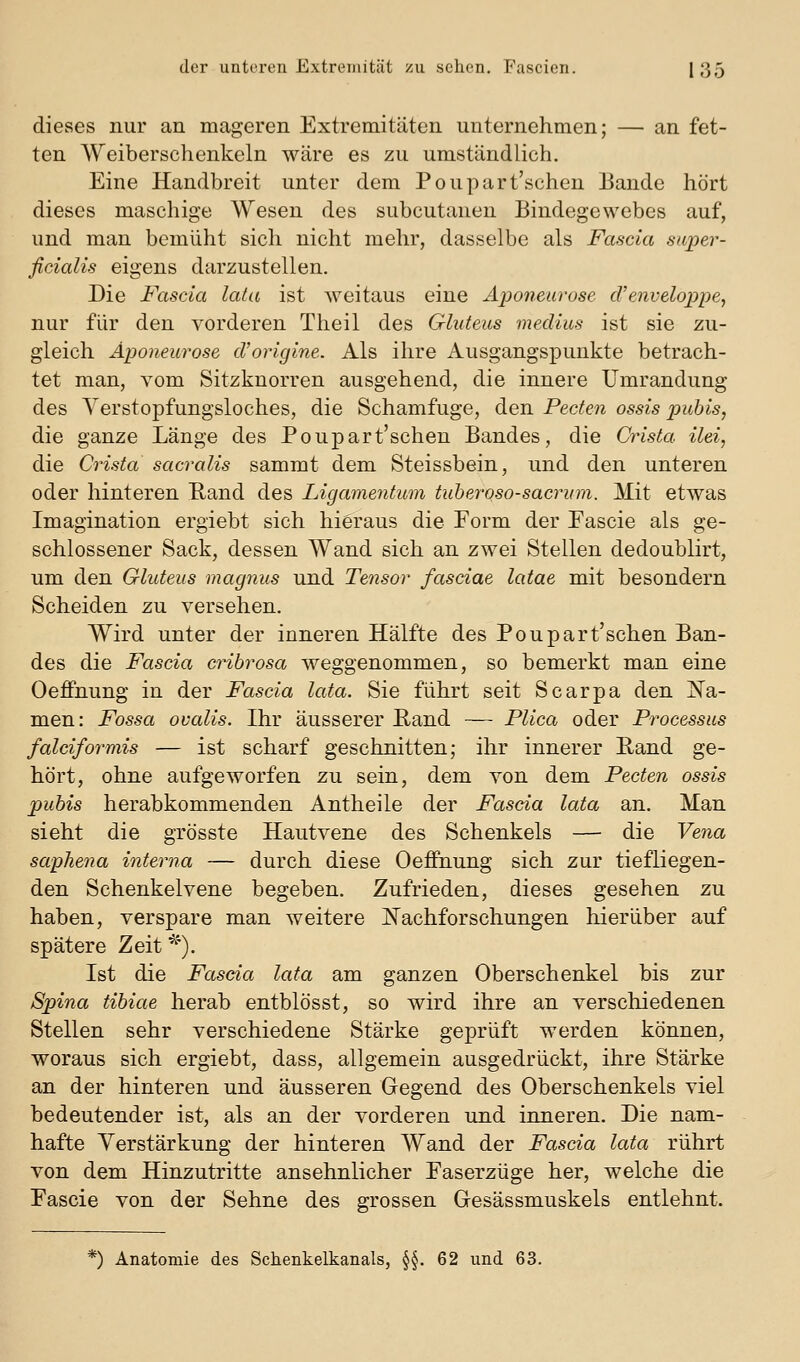 dieses nur an mageren Extremitäten unternehmen; — an fet- ten Weiberschenkeln wäre es zu umständlich. Eine Handbreit unter dem Poupart'schen Bande hört dieses maschige Wesen des subcutanen Bindegewebes auf, und man bemüht sich nicht mehr, dasselbe als Fascia super- ficialis eigens darzustellen. Die Fascia lata ist weitaus eine Aponeurose cVenveloppCj nur für den vorderen Theil des Gluteus medius ist sie zu- gleich Aponeurose cVorigine. Als ihre Ausgangspunkte betrach- tet man, vom Sitzknorren ausgehend, die innere Umrandung des Yerstopfungsloches, die Schamfuge, den Pecten ossis pubis, die ganze Länge des Poupart'schen Bandes, die Crista ilei, die Crista sacralis sammt dem Steissbein, und den unteren oder hinteren E-and des Ligamentum tuheroso-sacrinn. Mit etwas Imagination ergiebt sich hieraus die Form der Eascie als ge- schlossener Sack, dessen Wand sich an zwei Stellen dedoublirt, um den Gluteus mag?ius und Tensor fasciae latae mit besondern Scheiden zu versehen. Wird unter der inneren Hälfte des Poupart'schen Ban- des die Fascia cribrosa weggenommen, so bemerkt man eine Oeffnung in der Fascia lata. Sie führt seit Scarpa den j^a- men: Fossa ovalis. Ihr äusserer E-and — Plica oder Processus falciformis — ist scharf geschnitten; ihr innerer Eand ge- hört, ohne aufgeworfen zu sein, dem von dem Pecten ossis pubis herabkommenden Antheile der Fascia lata an. Man sieht die grösste Hautvene des Schenkels — die Vena saphena interna — durch diese Oeffnung sich zur tiefliegen- den Schenkelvene begeben. Zufrieden, dieses gesehen zu haben, verspare man weitere IS'achforschungen hierüber auf spätere Zeit '^'). Ist die Fascia lata am ganzen Oberschenkel bis zur Spina tibiae herab entblösst, so wird ihre an verschiedenen Stellen sehr verschiedene Stärke geprüft werden können, woraus sich ergiebt, dass, allgemein ausgedrückt, ihre Stärke an der hinteren und äusseren Gegend des Oberschenkels viel bedeutender ist, als an der vorderen und inneren. Die nam- hafte Verstärkung der hinteren Wand der Fascia lata rührt von dem Hinzutritte ansehnlicher Faserzüge her, welche die Fascie von der Sehne des grossen Gesässmuskels entlehnt. *) Anatomie des Schenkelkanals, §§. 62 und 63.