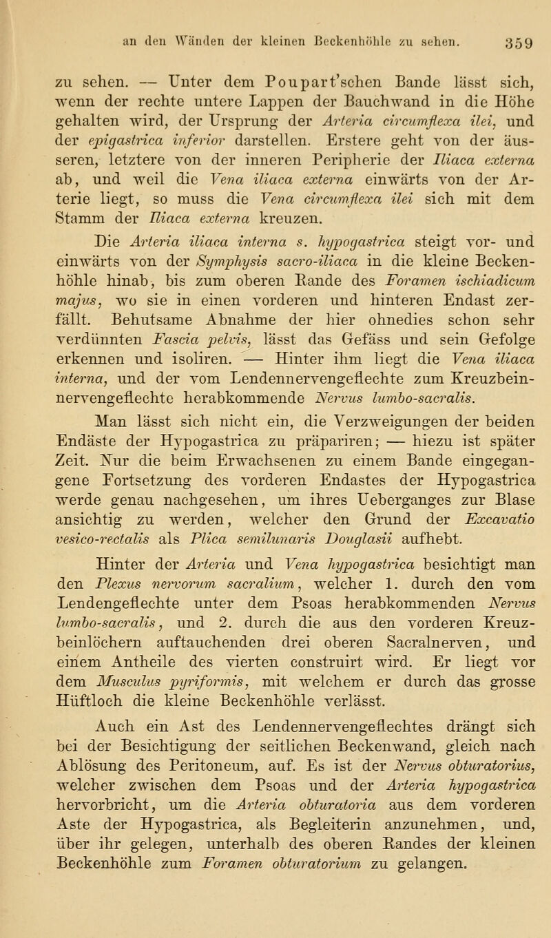 ZU sehen. — Unter dem Poupart'schen Bande läset sich, wenn der rechte untere Lappen der Bauchwand in die Höhe gehalten wird, der Ursprung der Arteria circumflexa ilei, und der epigastrica inferior darstellen. Erstere geht von der äus- seren, letztere von der inneren Peripherie der Iliaca externa ab, und weil die Vena iliaca externa einwärts von der Ar- terie liegt, so muss die Vena circumflexa ilei sich mit dem Stamm der Biaca externa kreuzen. Die Arteria iliaca interna s. hypogasfrica steigt vor- und einwärts von der Symphysis sacro-iliaca in die kleine Becken- höhle hinab-, bis zum oberen Eande des Foramen ischiadicum majus, wo sie in einen vorderen und hinteren Endast zer- fällt. Behutsame Abnahme der hier ohnedies schon sehr verdünnten Fascia pelvis, lässt das Gefäss und sein Gefolge erkennen und isoliren. ^— Hinter ihm liegt die Ve7ia iliaca interna, und der vom Lendennervengeflechte zum Kreuzbein- nervengeflechte herabkommende Nervus lumbo-sacralis. Man lässt sich nicht ein, die Verzweigungen der beiden Endäste der Hypogastrica zu präpariren; — hiezu ist später Zeit. jSTur die beim Erwachsenen zu einem Bande eingegan- gene Fortsetzung des vorderen Endastes der Hypogastrica werde genau nachgesehen, um ihres Ueberganges zur Blase ansichtig zu werden, welcher den Grund der Excavatio vesico-rectalis als Plica semilunaris Douglasii aufhebt. Hinter der Arteria und Vena hypogastrica besichtigt man den Plexus nervorum sacralium, welcher 1. durch den vom Lendengeflechte unter dem Psoas herabkommenden Nervus lumho-sacralis, und 2. durch die aus den vorderen Kreuz- beinlöchern auftauchenden drei oberen Sacralnerven, und einem Antheile des vierten construirt wird. Er liegt vor dem Musculus p)yriformis, mit welchem er durch das grosse Hüftloch die kleine Beckenhöhle verlässt. Auch ein Ast des Lendennervengeflechtes drängt sich bei der Besichtigung der seitlichen Beckenwand, gleich nach Ablösung des Peritoneum, auf. Es ist der Nervus ohturatorius, welcher zwischen dem Psoas und der Arteria hypogastrica hervorbricht, um die Arteria ohturatoiia aus dem vorderen Aste der Hypogastrica, als Begleiterin anzunehmen, und, über ihr gelegen, unterhalb des oberen Randes der kleinen Beckenhöhle zum Foramen ohturatorium zu gelangen.