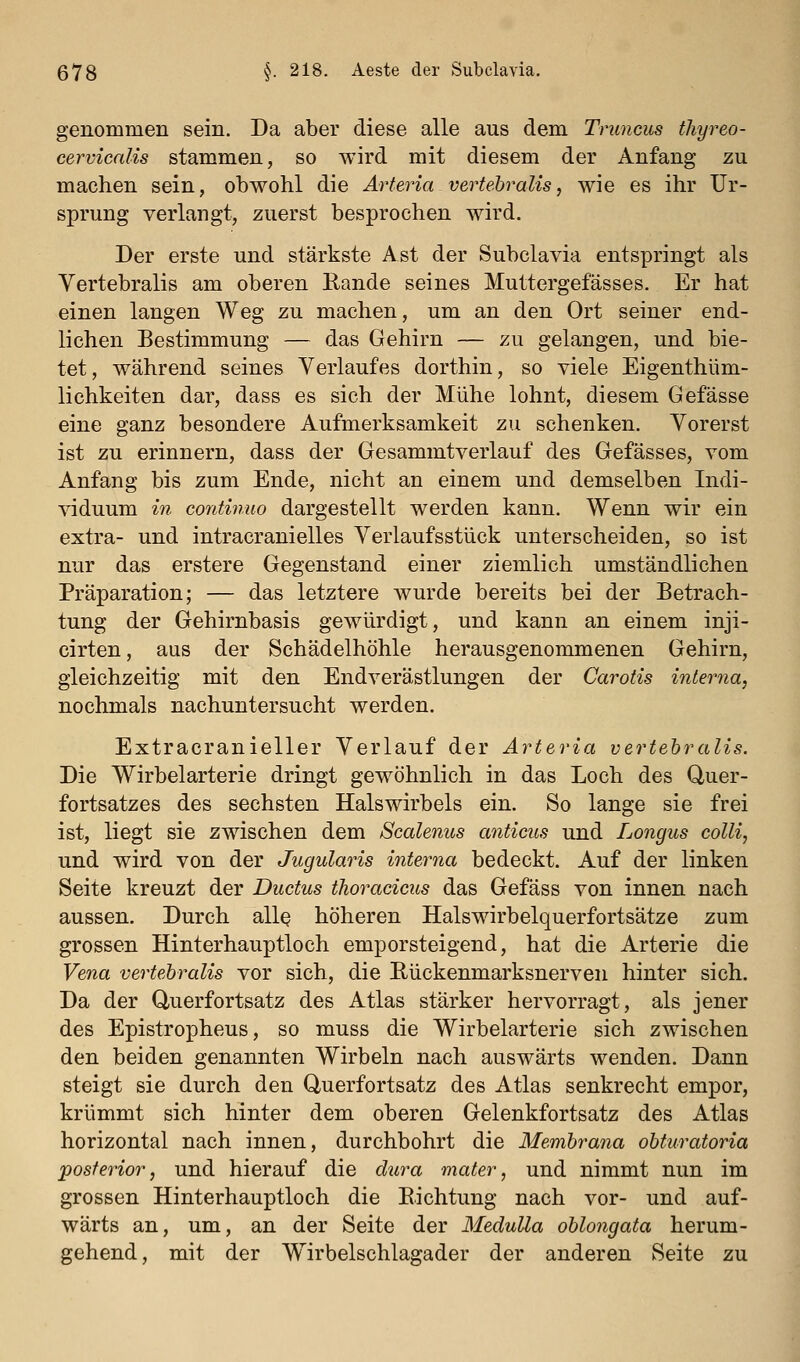 genommen sein. Da aber diese alle aus dem Truncus tliyreo- cervicalis stammen, so wird mit diesem der Anfang zu machen sein, obwohl die Arteria vertehraUs, wie es ihr Ur- sprung verlangt, zuerst besprochen wird. Der erste und stärkste Ast der Subclavia entspringt als Vertebralis am oberen Rande seines Muttergefässes. Er hat einen langen Weg zu machen, um an den Ort seiner end- lichen Bestimmung — das Gehirn — zu gelangen, und bie- tet, während seines Verlaufes dorthin, so viele Eigenthüm- lichkeiten dar, dass es sich der Mühe lohnt, diesem Gefässe eine ganz besondere Aufmerksamkeit zu schenken. Vorerst ist zu erinnern, dass der Gesammtverlauf des Gefässes, vom Anfang bis zum Ende, nicht an einem und demselben Indi- viduum in continuo dargestellt werden kann. Wenn wir ein extra- und intracranielles Verlaufsstück unterscheiden, so ist nur das erstere Gegenstand einer ziemlich umständlichen Präparation; — das letztere wurde bereits bei der Betrach- tung der Gehirnbasis gewürdigt, und kann an einem inji- cirten, aus der Schädelhöhle herausgenommenen Gehirn, gleichzeitig mit den Endverästlungen der Carotis interna, nochmals nachuntersucht werden. Extracranieller Verlauf der Arteria vertehraUs. Die Wirbelarterie dringt gewöhnlich in das Loch des Quer- fortsatzes des sechsten Halswirbels ein. So lange sie frei ist, liegt sie zwischen dem Scalenus anticus und Longus colli, und wird von der Jugularis interna bedeckt. Auf der linken Seite kreuzt der Ductus thoracicus das Gefäss von innen nach aussen. Durch allQ höheren Halswirbelquerfortsätze zum grossen Hinterhauptloch emporsteigend, hat die Arterie die Vena vertebralis vor sich, die Eückenmarksnerven hinter sich. Da der Querfortsatz des Atlas stärker hervorragt, als jener des Epistropheus, so muss die Wirbelarterie sich zwischen den beiden genannten Wirbeln nach auswärts wenden. Dann steigt sie durch den Querfortsatz des Atlas senkrecht empor, krümmt sich hinter dem oberen Gelenkfortsatz des Atlas horizontal nach innen, durchbohrt die Membrana obturatoria posterior, und hierauf die chira mater, und nimmt nun im grossen Hinterhauptloch die Eichtung nach vor- und auf- wärts an, um, an der Seite der MeduUa oblongata herum- gehend, mit der Wirbelschlagader der anderen Seite zu