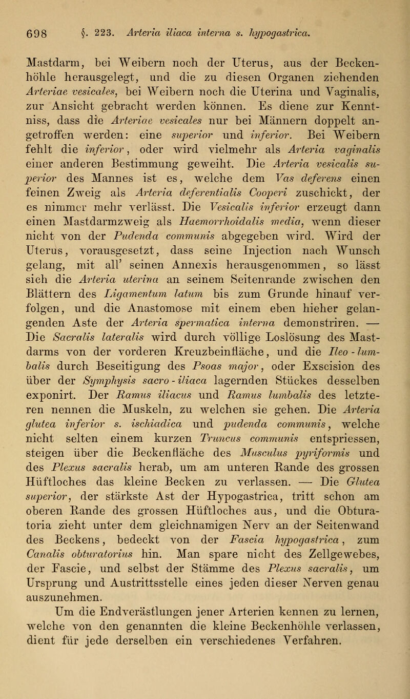 Mastdarm, bei Weibern noch der Uterus, aus der Becken- höhle herausgelegt, und die zu diesen Organen ziehenden Arteriae vesicales, bei Weibern noch die Uterina und Vaginalis, zur Ansicht gebracht werden können. Es diene zur Kennt- niss, dass die Arteriae vesicales nur bei Männern doppelt an- getroffen werden: eine superior und inferior. Bei Weibern fehlt die inferior, oder wird vielmehr als Arteria vaginalis einer anderen Bestimmung geweiht. Die Arteria vesicalis su- perior des Mannes ist es, welche dem Vas deferens einen feinen Zweig als Arteria deferentialis Cooperi zuschickt, der es nimmer mehr yerlässt. Die Vesicalis inferior erzeugt dann einen Mastdarmzweig als Haemorrhoidalis media, wenn dieser nicht von der Pudenda communis abgegeben wird. Wird der Uterus, vorausgesetzt, dass seine Injection nach Wunsch gelang, mit all' seinen Annexis herausgenommen, so lässt sich die Arteria uterina an seinem Seitenrande zwischen den Blättern des Ligamentum latum bis zum Grunde hinauf ver- folgen, und die Anastomose mit einem eben hieher gelan- genden Aste der Arteria spermatica interna demonstriren. — Die Saerolis lateralis wird durch völlige Loslösung des Mast- darms von der vorderen KreuzbeinÜäche, und die Ileo - lum- balis durch Beseitigung des Psoas major, oder Exscision des über der Symphysis sacro - iliaca lagernden Stückes desselben exponirt. Der Ramus iliacus und Ramus lumbalis des letzte- ren nennen die Muskeln, zu welchen sie gehen. Die Arteria glutea inferior s. ischiadica und pudenda communis, welche nicht selten einem kurzen Truncus communis entspriessen, steigen über die Beckenfiäche des Musculus piyriformis und des Plexus sacralis herab, um am unteren Kande des grossen Hüftloches das kleine Becken zu verlassen. — Die Glutea superior, der stärkste Ast der Hypogastrica, tritt schon am oberen Bande des grossen Hüftloches aus, und die Obtura- toria zieht unter dem gleichnamigen l^erv an der Seitenwand des Beckens, bedeckt von der Fascia hypogastrica, zum Canalis ohturatorius hin. Man spare nicht des Zellgewebes, der Fascie, und selbst der Stämme des Plexus sacralis, um Ursprung und Austrittsstelle eines jeden dieser N'erven genau auszunehmen. Um die Endverästlungen jener Arterien kennen zu lernen, welche von den genannten die kleine Beckenhöhle verlassen, dient für jede derselben ein verschiedenes Verfahren.