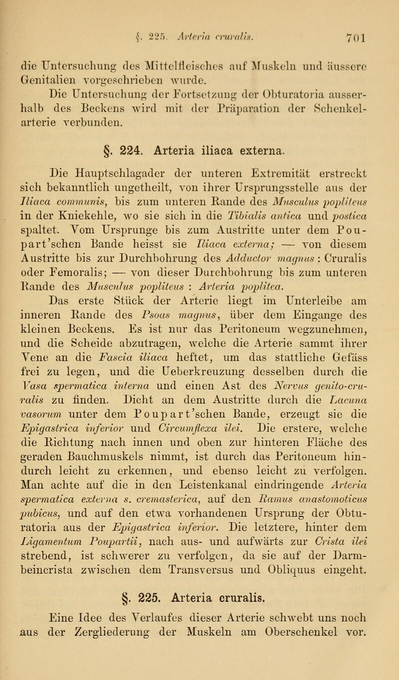 die Untcrsiicliung des MittelHeisches auf ^ruskeln und äussere Genitalien Yorgeschriebcn wurde. Die Untersuchung- der Fortsetzung der Obturatoria ausser- halb des Beckens wird mit der Präparation der Schenkel- arterie verbunden. §. 224. Arteria iliaca externa. Die Hauptschlagader der unteren Extremität erstreckt sich bekanntlich ungetheilt, von ihrer Ursprungsstelle aus der Iliaca communis, bis zum unteren Rande des Musculus popUteus in der Kniekehle, wo sie sich in die Tibialis antica und postica spaltet. Vom Ursprünge bis zum Austritte unter dem Pou- part'schen Bande heisst sie Iliaca externa; — von diesem Austritte bis zur DurchbohTung des Adducior magnus : Cruralis oder Femoralis; — von dieser Durchbohrung bis zum unteren Bande des Musculus popliteus : Arteria poplitea. Das erste Stück der Arterie liegt im Unterleibe am inneren Bande des Psoas magnus, über dem Eingange des kleinen Beckens. Es ist nur das Peritoneum wegzunehmen, und die Scheide abzutragen, Avelche die Arterie sammt ihrer Vene an die Fascia iliaca heftet, um das stattliche Gefäss frei zu legen, und die Ueberkreuzung desselben durch die Vasa spermatica interna und einen Ast des Nervus genito-cru- rcdis zu finden. Dicht an dem Austritte durch die Lacuna vasorum unter dem Poup art'sehen Bande, erzeugt sie die Epigasirica inferior und Circumflexa ilei. Die erstere, welche die Richtung nach innen und oben zur hinteren Fläche des geraden Bauchmuskels nimmt, ist durch das Peritoneum hin- durch leicht zu erkennen, und ebenso leicht zu verfolgen. Man achte auf die in den Leistenkanal eindringende Arteria spermatica externa s. cremasterica, auf den Ramus anastomoticus jmhicus, und auf den etwa vorhandenen Ursprung der Obtu- ratoria aus der Epigastrica inferior. Die letztere, hinter dem Ligamentum Poupartii, nach aus- und aufwärts zur Crista ilei strebend, ist schwerer zu verfolgen, da sie auf der Darm- beincrista zwischen dem Transversus und Obliquus eingeht. §. 225. Arteria cruralis. Eine Idee des Verlaufes dieser Arterie schwebt uns noch aus der Zergliederung der Muskeln am Oberschenkel vor.