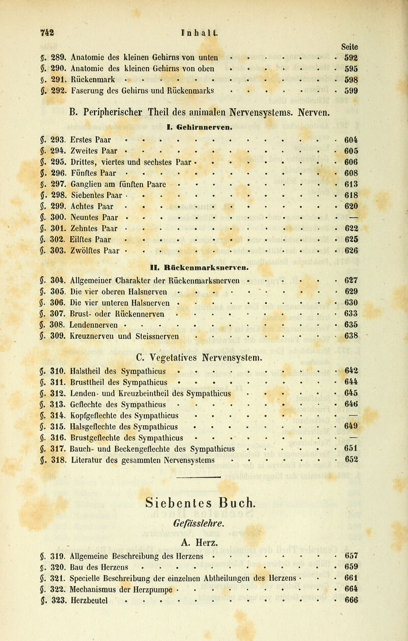 Seite §. 289. Anatomie des kleinen Gehirns von unten 592 §. 290. Anatomie des kleinen Gehirns von oben 595 S. 291. Rückenmark 598 §. 292. Faserung des Gehirns und Rückenmarks 599 B. Peripherischer Theil des animalen Nervensystems. Nerven. I. Gehirnnerven. §. 293. Erstes Paar • 604 5. 294. Zweites Paar 605 ff. 295. Drittes, viertes und sechstes Paar 606 $. 296. Fünftes Paar 608 §. 297, GangHen am fünften Paare 613 §. 298. Siebentes Paar 618 5. 299. Achtes Paar 620 §. 300. Neuntes Paar — §. 301. Zehntes Paar • ■ . 622 $. 302. Eilftes Paar 625 §. 303. Zwölftes Paar 626 II. Rückcnmarksnerven. §. 304. Allgemeiner Charakter der Rückenmarksnerven 627 5. 305. Die vier oberen Halsnerven • • . • • 629 §. 306. Die vier unteren Halsnerven 630 §. 307. Brust- oder Rückennerven 633 5. 308. Lendennerven • • 635 §. 309. Kreuznerveu und Steissnerven • - 638 C. Vegetatives Nervensystem. ff. 310. Halstheil des Sympathicus . 642 ff. 311. Brustlheil des Sympathicus 644 ff. 312. Lenden-und Kreuzbeintheil des Sympathicus ... . . . 645 5. 313. Geflechte des Sympathicus \ . • .646 ff. 314. Kopfgeflechte des Sympathicus — ff. 315. Halsgeflechte des Sympathicus 649 ff. 316. Brustgeflechte des Sympathicus • • — ff. 317. Bauch- und Beckengeflechte des Sympathicus • 651 ff. 318. Literatur des gesammten Nervensystems . • • • . . . 652 Siebentes Buch. Gefässlehre. A. Herz. 5. 319. Allgemeine Beschreibung des Herzens 657 S. 320, Bau des Herzens 659 ff. 321. Specielle Beschreibung der einzelnen Abtheilungen des Herzens • • • 661 ff. 322, Mechanismus der Herzpumpe • 664 ff. 323. Herzbeutel -666