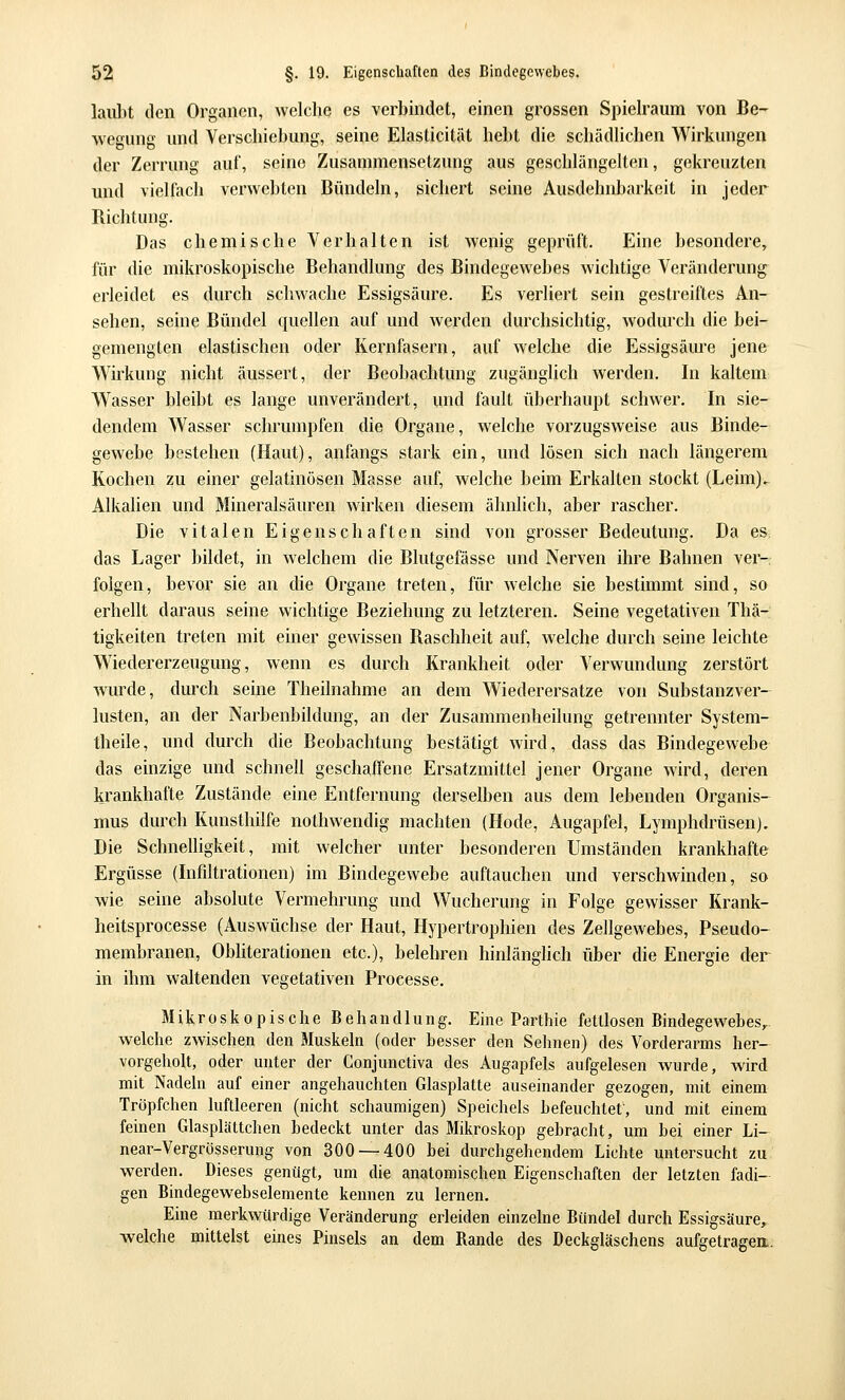laiibt den Organen, welche es verbindet, einen grossen Spielraum von Be- wegung und Verschiebung, seine Elasticität hebt die schädüchen Wirkungen der Zerrung auf, seine Zusammensetzung aus geschlängelten, gekreuzten und vielfach verwebten Bündeln, sichert seine Ausdehnbarkeit in jeder Richtung. Das chemische Verhalten ist wenig geprüft. Eine besondere, für die mikroskopische Behandlung des Bindegewebes wichtige Veränderung^ erleidet es durch schwache Essigsäure. Es verliert sein gestreiftes An- sehen, seine Bündel quellen auf und werden durchsichtig, wodurch die bei- gemengten elastischen oder Kernfasern, auf welche die Essigsäure jene Wirkung nicht äussert, der Beobachtung zugänglich werden. In kaltem Wasser bleibt es lange unverändert, und fault überhaupt schwer. In sie- dendem Wasser schrumpfen die Organe, welche vorzugsweise aus Binde- gewebe bestehen (Haut), anfangs stark ein, und lösen sich nach längerem Kochen zu einer gelatinösen Masse auf, welche beim Erkalten stockt (Leim)^ Alkalien und Mineralsäuren wirken diesem ähnlich, aber rascher. Die vitalen Eigenschaften sind von grosser Bedeutung. Da es das Lager bildet, in welchem die Blutgefässe und Nerven ihre Bahnen ver- folgen, bevor sie an die Organe treten, für welche sie bestimmt sind, so erhellt daraus seine wichtige Beziehung zu letzteren. Seine vegetativen Thä- tigkeiten treten mit einer gewissen Raschheit auf, welche durch seine leichte Wiedererzeugung, wenn es durch Krankheit oder Verwundung zerstört wurde, durch seine Theilnahme an dem Wiederersatze von Substanzver- lusten, an der Narbenbildung, an der Zusammenheilung getrennter System- theile, und durch die Beobachtung bestätigt wird, dass das Bindegewebe das einzige und schnell geschaffene Ersatzmittel jener Organe wird, deren krankhafte Zustände eine Entfernung derselben aus dem lebenden Organis- mus durch Kunsthilfe nothwendig machten (Hode, Augapfel, Lymphdrüsen), Die Schnelligkeit, mit welcher unter besonderen Umständen krankhafte Ergüsse (Infiltrationen) im Bindegewebe auftauchen und verschwinden, so wie seine absolute Vermehrung und Wucherung in Folge gewisser Krank- heitsprocesse (Auswüchse der Haut, Hypertrophien des Zellgewebes, Pseudo- membranen, Obliterationen etc.), belehren hinlänglich über die Energie der in ihm waltenden vegetativen Processe. Mikroskopische Behandlung. Eine Parthie fettlosen Bindegewebes, welche zwischen den Muskeln (oder besser den Sehnen) des Vorderarms her- vorgeholt, oder unter der Gonjunctiva des Augapfels aufgelesen wurde, wird mit Nadeln auf einer angehauchten Glasplatte auseinander gezogen, mit einem Tröpfchen luftleeren (nicht schaumigen) Speichels befeuchtet, und mit einem feinen Glasplättchen bedeckt unter das Mikroskop gebracht, um hei einer Li- near-Vergrösserung von 300 — 400 bei durchgehendem Lichte untersucht zu werden. Dieses genügt, um die anatomischen Eigenschaften der letzten fadi- gen Bindegewebselemente kennen zu lernen. Eine merkwürdige Veränderung erleiden einzelne Bündel durch Essigsäure, welche mittelst eines Pinsels an dem Rande des Deckgläschens aufgetragea.
