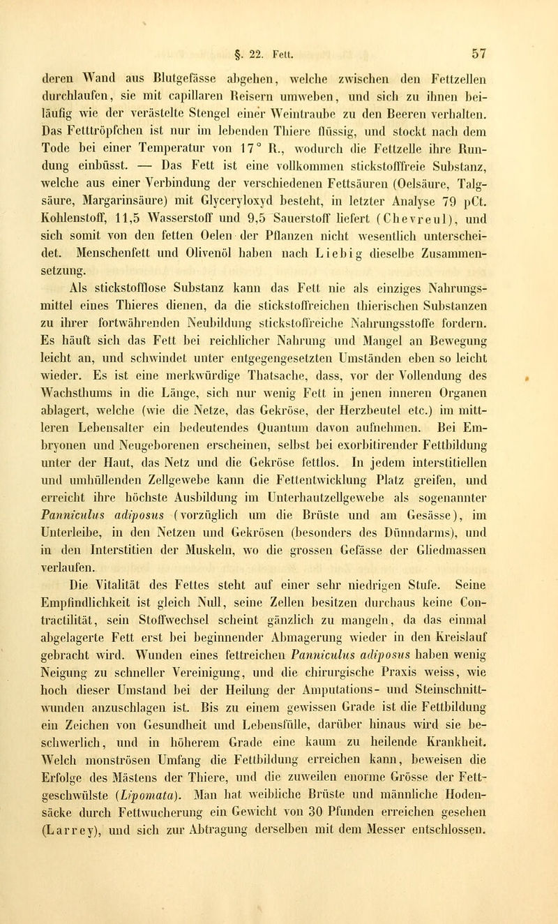 deren Wand aus Blutgefässe abgehen, welche zwischen den Fettzellen durchlaufen, sie mit capillaren Reisern umwehen, und sich zu ihnen bei- läufig wie der verästelte Stengel einer Weintraube zu den Beeren verhalten. Das Fetttröpfchen ist nur im lebenden Thiere flüssig, und stockt nach dem Tode bei einer Temperatur von 17° R., wodurch die Fettzelle ihre Run- dung einbüsst. — Das Fett ist eine vollkommen stickstofffreie Substanz, welche aus einer Verbindung der verschiedenen Fettsäuren (Oelsäure, Talg- säure, Margarinsäure) mit Glyceryloxyd besteht, in letzter Analyse 79 pCt. Kohlenstoff, 11,5 Wasserstoff und 9,5 Sauerstoff liefert (Chevreul), und sich somit von den fetten Oelen der Pflanzen nicht wesentlich unterschei- det. Menschenfett und Olivenöl haben nach Lieb ig dieselbe Zusammen- setzung. Als stickstofflose Substanz kann das Fett nie als einziges Nahrungs- mittel eines Thieres dienen, da die stickstoffreichen thierischen Substanzen zu ihrer fortwährenden Neubildung stickstofTreiche Nahrungsstoffe fordern. Es häuft sich das Fett bei reichlicher Nahrung und Mangel an Bewegung leicht au, und schwindet unter entgegengesetzten Umständen eben so leicht wieder. Es ist eine merkwürdige Thatsache, dass, vor der Vollendung des Wachsthums in die Länge, sich nur wenig Fett in jenen inneren Organen ablagert, welche (wie die Netze, das Gekröse, der Herzbeutel etc.) im mitt- leren Lebensalter ein bedeutendes Quantum davon aufnehmen. Bei Em- bryonen und Neugeborenen erscheinen, selbst bei exorbitirender Fettbildung unter der Haut, das Netz und die Gekröse fettlos. In jedem interstitiellen und umhüllenden Zellgewebe kann die Fettentwicklung Platz greifen, und erreicht ihre höchste Ausbildung im ünterhautzellgewebe als sogenannter Panniculus adiposus (vorzüghch um die Brüste und am Gesässe), im Unterleibe, in den Netzen und Gekrösen (besonders des Dünndarms), und in den Interstitien der Muskeln, wo die grossen Gefässe der Gliedmassen verlaufen. Die Vitalität des Fettes steht auf einer sehr niedrigen Stufe. Seine Empfindlichkeit ist gleich Nidl, seine ZeUen besitzen durchaus keine Con- tractilität, sein Stoffwechsel scheint gänzlich zu mangeln, da das einmal abgelagerte Fett erst bei beginnender Abmagerung wieder in den Kreislauf gebracht wird. Wunden eines fettreichen Panniculus adiposus haben wenig Neigung zu schneller Vereinigung, und die chirurgische Praxis weiss, wie hoch dieser Umstand bei der Heilung der Amputations- und Steinschnitt- wimden anzuschlagen ist. Bis zu einem gewissen Grade ist die Fettbildung ein Zeichen von Gesundheit und Lebensfülle, darüber hinaus wüxl sie be- schwerlich, und in höherem Grade eine kaum zu heilende Krankheit. Welch monströsen Umfang die Fettbildung erreichen kann, beweisen die Erfolge des Mästens der Thiere, und die zuweilen enorme Grösse der Fett- geschwülste (Lipomata). Man hat Aveibliche Brüste und männliche Hoden- säcke durch Fettwucherung ein Gewicht von 30 Pfunden erreichen gesehen (Larrey), und sich zur Abtragung derselben mit dem Messer entschlossen.