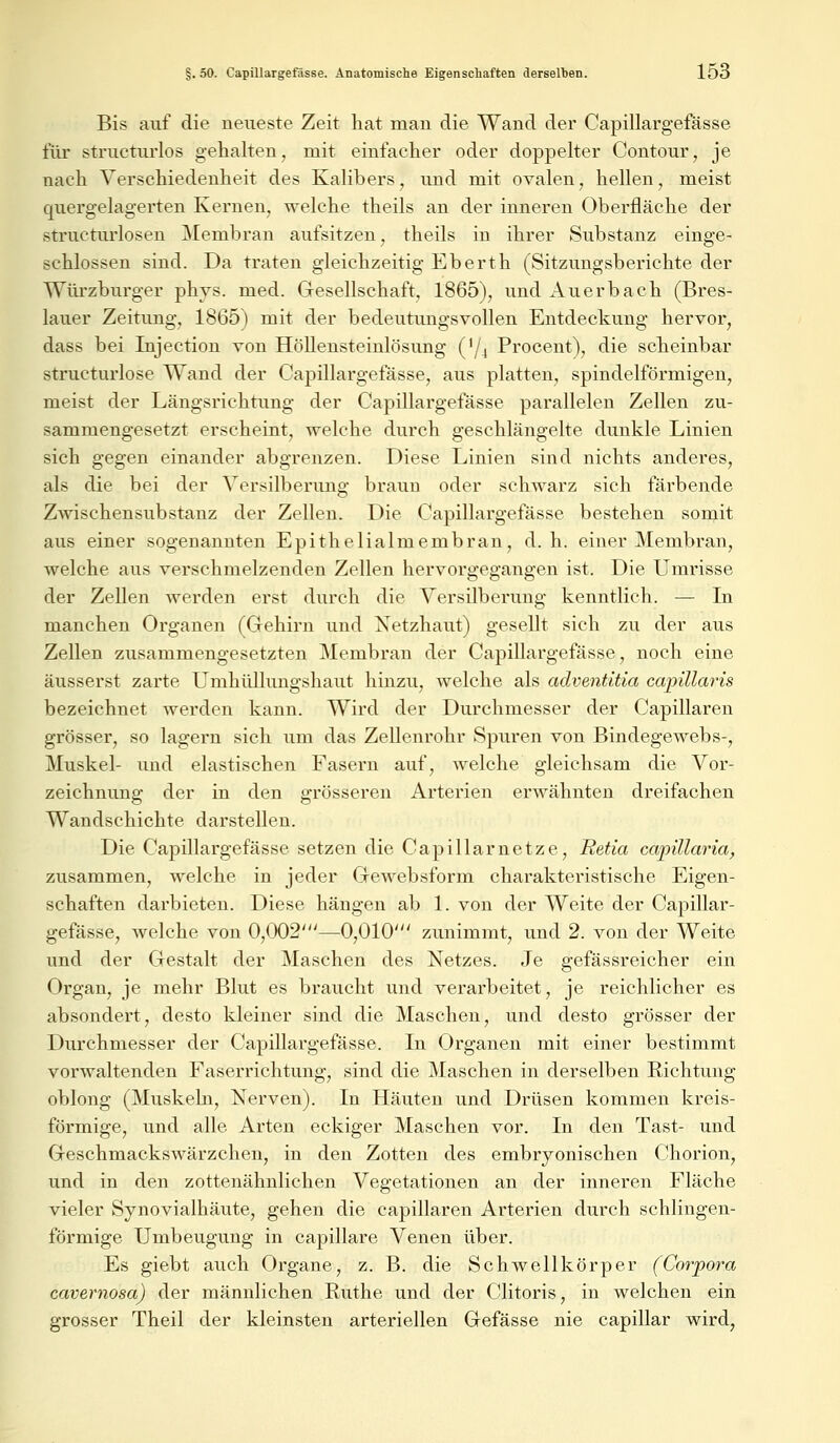 Bis auf die neueste Zeit hat man die Wand der Capillargefässe für structurlos gehalten, mit einfacher oder doppelter Contour, je nach Verschiedenheit des Kalibers, und mit ovalen, hellen, meist quergelagerten Kernen, welche theils an der inneren Oberfläche der strukturlosen Membran aufsitzen, theils in ihrer Substanz einge- schlossen sind. Da traten gleichzeitig Eberth (Sitzungsberichte der Würzburger phys. med. Gesellschaft, 1865), und Auerbach (Bres- lauer Zeitung, 1865) mit der bedeutungsvollen Entdeckung hervor, dass bei Injection von Höllensteinlösung (!/4 Procent), die scheinbar structurlose Wand der Capillargefässe, aus platten, spindelförmigen, meist der Längsrichtung der Capillargefässe parallelen Zellen zu- sammengesetzt erscheint, welche durch geschlängelte dunkle Linien sich gegen einander abgrenzen. Diese Linien sind nichts anderes, als die bei der Versilberung braun oder schwarz sich färbende Zwischensubstanz der Zellen. Die Capillargefässe bestehen somit aus einer sogenannten Epithelialmembran, d. h. einer Membran, welche aus verschmelzenden Zellen hervorgegangen ist. Die Umrisse der Zellen werden erst durch die Versilberung kenntlich. — In manchen Organen (Gehirn und Netzhaut) gesellt sich zu der aus Zellen zusammengesetzten Membran der Capillargefässe, noch eine äusserst zarte Umhüllungshaut hinzu, welche als adventitia capillaris bezeichnet werden kann. Wird der Durchmesser der Capillaren grösser, so lagern sich um das Zellenrohr Spuren von Bindegewebs-, Muskel- und elastischen Fasern auf, welche gleichsam die Vor- zeichnung der in den grösseren Arterien erwähnten dreifachen Wandschichte darstellen. Die Capillargefässe setzen die Capillarnetze, Retia capillaria, zusammen, welche in jeder Gewebsform charakteristische Eigen- schaften darbieten. Diese hängen ab 1. von der Weite der Capillar- gefässe, welche von 0,002'—0,010' zunimmt, und 2. von der Weite und der Gestalt der Maschen des Netzes. Je gefässreicher ein Organ, je mehr Blut es braucht und verarbeitet, je reichlicher es absondert, desto kleiner sind die Maschen, und desto grösser der Durchmesser der Capillargefässe. In Organen mit einer bestimmt vorwaltenden Faserrichtung, sind die Maschen in derselben Richtung oblong (Muskeln, Nerven). In Häuten und Drüsen kommen kreis- förmige, und alle Arten eckiger Maschen vor. In den Tast- und Geschmackswärzchen, in den Zotten des embryonischen Chorion, und in den zottenähnlichen Vegetationen an der inneren Fläche vieler Synovialhäute, gehen die capillaren Arterien durch schlingen- förmige Umbeugung in capillare Venen über. Es giebt auch Organe, z. B. die Schwellkörper (Corpora cavemosa) der männlichen Ruthe und der Clitoris, in welchen ein grosser Theil der kleinsten arteriellen Gefässe nie capillar wird,