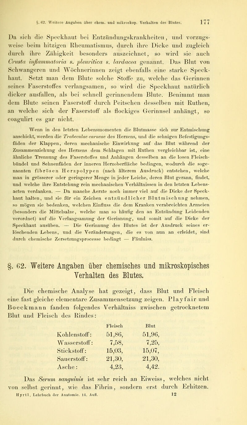 Da sich die Speckhaut bei Entzünclimgskraiikheiten, und vorzugs- weise beim hitzigen Rheumatismus, durch ihre Dicke und zugleich durch ihre Zähigkeit besonders auszeichnet, so wird sie auch Crusta inflammatoria s. pleuritica s. lardacea genannt. Das Blut von Schwangeren und Wöchnerinnen zeigt ebenfalls eine starke Speck- haut. Setzt man dem Blute solche Stoffe zu, welche das Gerinnen seines Faserstoffes verlangsamen, so wird die Speckhaut natürlich dicker ausfallen, als bei schnell gerinnendem Blute. Benimmt man dem Blute seinen Faserstoff durch Peitschen desselben mit Ruthen, an welche sich der Faserstoff als flockiges Gerinnsel anhängt, so coagulirt es gar nicht. Wenn in den letzten Lebensmomenten die Blntmasse sich zur Entmischung anschickt, werden die Trabeculae carneae des Herzens, und die sehnigen Befestigungs- fäden der Klappen, deren mechanische Einwirkung auf das Blut während der Zusammenziehung des Herzens dem Schlagen mit Ruthen vergleichbar ist, eine ähnliche Trennung des Faserstoffes und Anhängen desselben an die losen Fleisch- bündel und Sehnenfäden der inneren Herzoberfläche bedingen, wodurch die soge- nannten fibrösen Herzpolypen (nach älterem Ausdruck) entstehen, welche man in grösserer oder geringerer Menge in jeder Leiche, deren Blut gerann, findet, und welche ihre Entstehung rein mechanischen Verhältnissen in den letzten Lebens- acten verdanken. — Da manche Aerzte noch immer viel auf die Dicke der Speck- haut halten, und sie für ein Zeichen entzündlicher Blutmischung nehmen, so mögen sie bedenken, welchen Einfluss die dem Kranken verabreichten Arzneien (besonders die Mittelsalze, welche man so häufig den an Entzündung Leidenden verordnet) auf die Verlangsamung der Gerinnung, und somit auf die Dicke der Speckhaut ausüben. — Die Gerinnimg des Blutes ist der Ausdruck seines er- löschenden Lebens, und die Veränderungen, die es von nun an erleidet, sind durch chemische Zersetzungsprocesse bedingt — Fäulniss. §.62. Weitere Angaben über chemisches und mikroskopisches Verhalten des Blutes. Die chemische Analyse hat gezeigt, dass Blut und Fleisch eine fast gleiche elementare Zusammensetzung zeigen. Play fair und Boeckmann fanden folgendes Verhältniss zwischen getrocknetem Blut und Fleisch des Rindes: Fleisch Blut Kohlenstoff: 51,86, 51,96, Wasserstoff: 7,58, 7,25, Stickstoff: 15,03, 15,07, Sauerstoff: 21,30, 21,30, Asche: 4,23, 4,42. Das Serum sanguinis ist sehr reich an Eiweiss, welches nicht von selbst gerinnt, wie das Fibrin, sondern erst durch Erhitzen. Hyrtl, Lehrbuch der Anatomie. 14. Aufl. 12