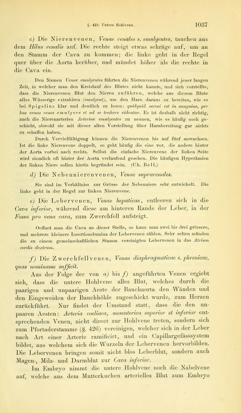 c) Die Nierenvenen, Venae renales s. emulgentes, tauchen aus dem Hilus renalis auf. Die rechte steigt etwas schräge auf, um an den Stamm der Cava zu kommen; die linke geht in der Regel quer über die Aorta herüber, und mündet höher als die rechte in die Cava ein. Den Namen Venae emulgentes führten die Nierenvenen während jener langen Zeit, in welcher man den Kreislauf des Blutes nicht kannte, und sich vorstellte, dass die Nierenvenen Blut den Nieren zuführen, welche aus diesem Blute alles Wässerige extrahiren (emulgent), um den Harn daraus zu bereiten, wie es bei Spigelius klar und deutlich zu lesen: quidquid serosi est in sanguine, per has venas renes emuigere et ad se trahere videntur. Es ist deshalb nicht richtig, auch die Nierenarterien Arteriae emulgentes zu nennen, wie es häufig noch ge- schieht, obwohl sie mit dieser alten Vorstellung über Harnbereitung gar nichts zu schaffen haben. Durch Vervielfältigung können die Nierenvenen bis auf fünf anwachsen. Ist die linke Nierenvene doppelt, so geht häufig die eine vor, die andere hinter der Aorta vorbei nach rechts. Selbst die einfache Nierenvene der linken Seite wird ziemlich oft hinter der Aorta verlaufend gesehen. Die häufigen Hyperämien der linken Niere sollen hierin begründet sein. (Ch. Bell.) d) Die Nebennierenvenen, Venae suprarenales. Sie sind im Verhältniss zur Grösse der Nebenniere sehr entwickelt. Die linke geht in der Regel zur linken Nierenvene. e) Die Lebervenen, Venae hepaticae, entleeren sich in die Cava inferior, während diese am hinteren Rande der Leber, in der Fossa pro vena cava, zum Zwerchfell aufsteigt. Oeffnet man die Cava an dieser Stelle, so kann man zwei bis drei grössere, und mehrere kleinere Insertionslumina der Lebervenen zählen. Sehr selten münden die zu einem gemeinschaftlichen Stamm vereinigten Lebervenen in das Atrium cordis dextrum. f) Die Zwerchfellvenen, Venae diaphragmaticae s.phrenicae, quas nominasse suffielt. Aus der Folge der von a) bis f) angeführten Venen ergiebt sich, dass die untere Hohlvene alles Blut, welches durch die paarigen und unpaarigen Aeste der Bauchaorta den Wänden und den Eingeweiden der Bauchhöhle zugeschickt wurde, zum Herzen zurückführt. Nur findet der Umstand statt, dass die den un- paaren Aesten: Arteria coeliaca, mesenterica superior et inferior ent- sprechenden Venen, nicht direct zur Hohlvene treten, sondern sich zum Pfortaderstamme (§. 426) vereinigen, welcher sich in der Leber nach Art einer Arterie ramificirt, und ein Capillargefässsystem bildet, aus welchem sich die Wurzeln der Lebervenen hervorbilden. Die Lebervenen bringen somit nicht blos Leberblut, sondern auch Magen-, Milz- und Darmblut zur Cava inferior. Im Embryo nimmt die untere Hohlvene noch die Nabelvene auf, welche aus dem Mutterkuchen arterielles Blut zum Embryo