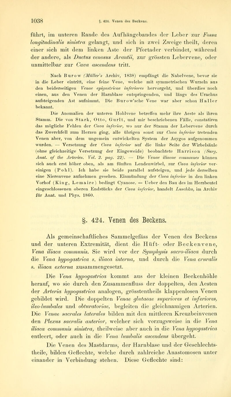 führt, im unteren Rande des Aufhängebandes der Leber zur Fossa longitudinalis sinistra gelangt, und sich in zwei Zweige theilt, deren einer sich mit dem linken Aste der Pfortader verbindet, während der andere, als Ductus venosus Arantii, zur grössten Lebervene, oder unmittelbar zur Cava ascendens tritt. Nach Burow (Müllers Archiv, 1838) empfängt die Nabelvene, bevor sie in die Leber eintritt, eine feine Vene, welche mit symmetrischen Wurzeln aus den beiderseitigen Venae epigastricae inferiores hervorgeht, und überdies noch einen, aus den Venen der Harnblase entspringenden, und längs des Urachus aufsteigenden Ast aufnimmt. Die Burow'sche Vene war aber schon Haller bekannt. Die Anomalien der unteren Hohlvene betreffen mehr ihre Aeste als ihren Stamm. Die von Stark, Otto, Gurlt, und mir beschriebenen Fälle, constatiren das mögliche Fehlen der Cava inferior, wo nur der Stamm der Lebervene durch das Zwerchfell zum Herzen ging, alle übrigen sonst zur Cava inferior tretenden Venen aber, von dem ungemein entwickelten System der Azygos aufgenommen wurden. — Versetzung der Cava inferior auf die linke Seite der Wirbelsäule (ohne gleichzeitige Versetzung der Eingeweide) beobachtete Harrison (Surg. Anat. of the Arteries. Vol. 2. pag. 22). — Die Venae iliacae communes können sich auch erst höher oben, als am fünften Lendenwirbel, zur Cava inferior ver- einigen (Pohl). Ich habe sie beide parallel aufsteigen, und jede derselben eine Nierenvene aufnehmen gesehen. Einmündung der Cava inferior in den linken Vorhof (King, Lemaire) bedingt Cyanose. — Ueber den Bau des im Herzbeutel eingeschlossenen oberen Endstücks der Cava inferior, handelt Luschka, im Archiv für Anat. und Phys. 1860. §. 424. Venen des Beckens. Als gemeinschaftliches Sammelgefäss der Venen des Beckens und der unteren Extremität, dient die Hüft- oder Beckenvene, Vena iliaca communis. Sie wird vor der Symphysis sacro-iliaca durch die Vena hypogastrica s. iliaca interna, und durch die Vena cruralis s. iliaca externa zusammengesetzt. Die Vena hypogastrica kommt aus der kleinen Beckenhöhle herauf, wo sie durch den Zusammenfluss der doppelten, den Aesten der Arteria hypogastrica analogen, grösstenteils klappenlosen Venen gebildet wird. Die doppelten Venae glutaeae swperiores et inferiores, ileo-lumbales und obturatoriae, begleiten die gleichnamigen Arterien. Die Venae sacrales laterales bilden mit den mittleren Kreuzbeinvenen den Plexus sacralis anterior, welcher sich vorzugsweise in die Vena iliaca communis sinistra, theilweise aber auch in die Vena hypogastrica entleert, oder auch in die Vena lumbalis ascendens übergeht. Die Venen des Mastdarms, der Harnblase und der Geschlechts- theile, bilden Geflechte, welche durch zahlreiche Anastomosen unter einander in Verbindung stehen. Diese Geflechte sind: