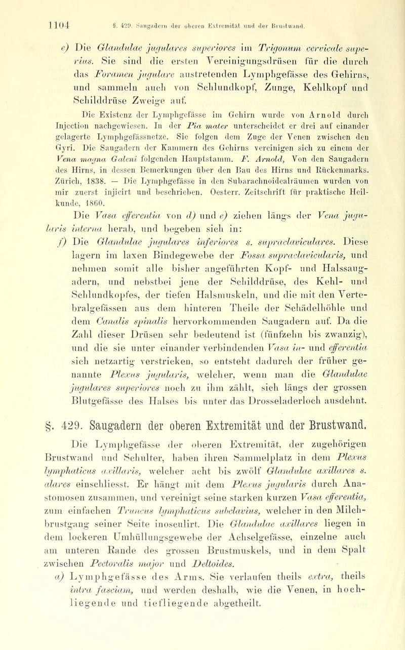 e) Die Glandulae jugulares super'wres im Trigonmn cervicale siipe- ritis. Sie sind die er.steu Vereinigungsdrüseu für die dui'cli das Foramen jufjulare austretenden Lympligefässe des Grehirns,. nnd sammeln aucli von Sclilundkopf, Zunge, Kelilkopf und Scliilddrüse Zweige auf. Die Existenz der Lyiniiligefässe im Gehirn wurde von Arnold durch Injection nachgewiesen. In der Pia matcr unterscheidet er drei auf einander gelagerte Lymphgefässnetzc. Sic folgen dem Zuge der Venen zwischen den Gyri. Die Saugadern der Kammern des Gehirns vereinigen sich zu einem der Vena magna Galeni folgenden Ilauptstamm. F. Arnold, Von den Saugadern des Hirns, in dessen Bemerkungen über den Bau des Hirns und Eückenmarks. Zürich, 1838. — Die Lymi^hgefässe in den Subarachnoidealräumen wurden von mir zuerst injicirt und beschrieben. Oesterr. Zeitschrift für praktische Heil- kunde, 1860. Die Vasa efferent'm von d) und e) ziehen längs der Vena jugu- larls interna lierab, und begeben sicli in: f) Die Glandulae jugulares inferiores s. supraclaviculares. Diese lagern im laxen Bindegewebe der Fossa supraclavicidarls, nnd nehmen somit alle bisher angeführten Kopf- und Halssaug- adern, und nebstbei jene der Schilddrüse, des Kehl- nnd Schlundkopfes, der tiefen Halsmuskeln, und die mit den Yerte- bralgefässen ans dem hinteren Theile der Schädelhöhle und dem Canalis spinalis hervorkommenden Saugadern auf. Da die Zahl dieser Drüsen sehr bedeutend ist (fünfzehn bis zwanzig), und die sie unter einander verbindenden Vasa in- nnd efferentia sich netzartig verstricken, so entsteht dadurch der früher ge- nannte Plexus jugidarls, welcher, wenn man die Glandulae jugulares superiores noch zu ihm zählt, sich längs der grossen Blutgefässe des Halses bis unter das Drosseladerloch ausdehnt. §. 429. Saugadern der oberen Extremität und der Brustwand. Die Lymphgefässe der oberen Extremität, der zugehörigen Brustwand und Schulter, haben ihren Sammelplatz in dem Plexus lymphaticus axillaris, Aveleher acht bis zwölf Glandulae axillares s. alares einschliesst. Er hängt mit dem Plexus jugidaris durch Ana- stomosen zusammen, und vereinigt seine starken kurzen Vasa efferentia, zum einfachen Truncus lymphaticus sid^clavius, welcher in den Milch- brustgang seiner Seite inosculirt. Die Glandidae axillares liegen in dem lockeren Umhülluugsgewebe der Achselgefässe, einzelne auch am unteren Rande des grossen Brustmuskels, und in dem Spalt zwischen Pectoralis major und Deltoides. a) Lymphgefässe des Arms. Sie verlaufen theils extra, theils intra fasciam, und werden deshalb, wie die Venen, in hoch- lie2'ende und tieflie^-ende abü-etheilt.