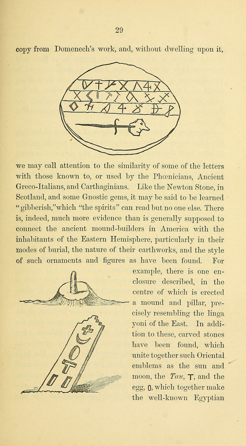 copy from Domenecli's work, and, without dwelling upon it, we may call attention to tlie similarity of some of the letters with, those known to, or used by the Phcenicians, Ancient Greco-Italians, and Carthaginians. Like the Newton Stone, in Scotland, and some Gnostic gems, it may be said to be learned gibberish,which the spirits can read but no one else. There is, indeed, much more evidence than is generally supposed to connect the ancient mound-builders in America with the inhabitants of the Eastern Hemisphere, particularly in their modes of burial, the nature of their earthworks, and the style of such ornaments and figures as have been found. For example, there is one en- closure described, in the centre of which is erected a mound and pillar, pre- cisely resembling the linga yoni of the East. In addi- tion to these, carved stones have been found, which unite together such Oriental emblems as the sun and moon, the Tcm, T, and the .egg, 0, which together make the well-known Egyptian