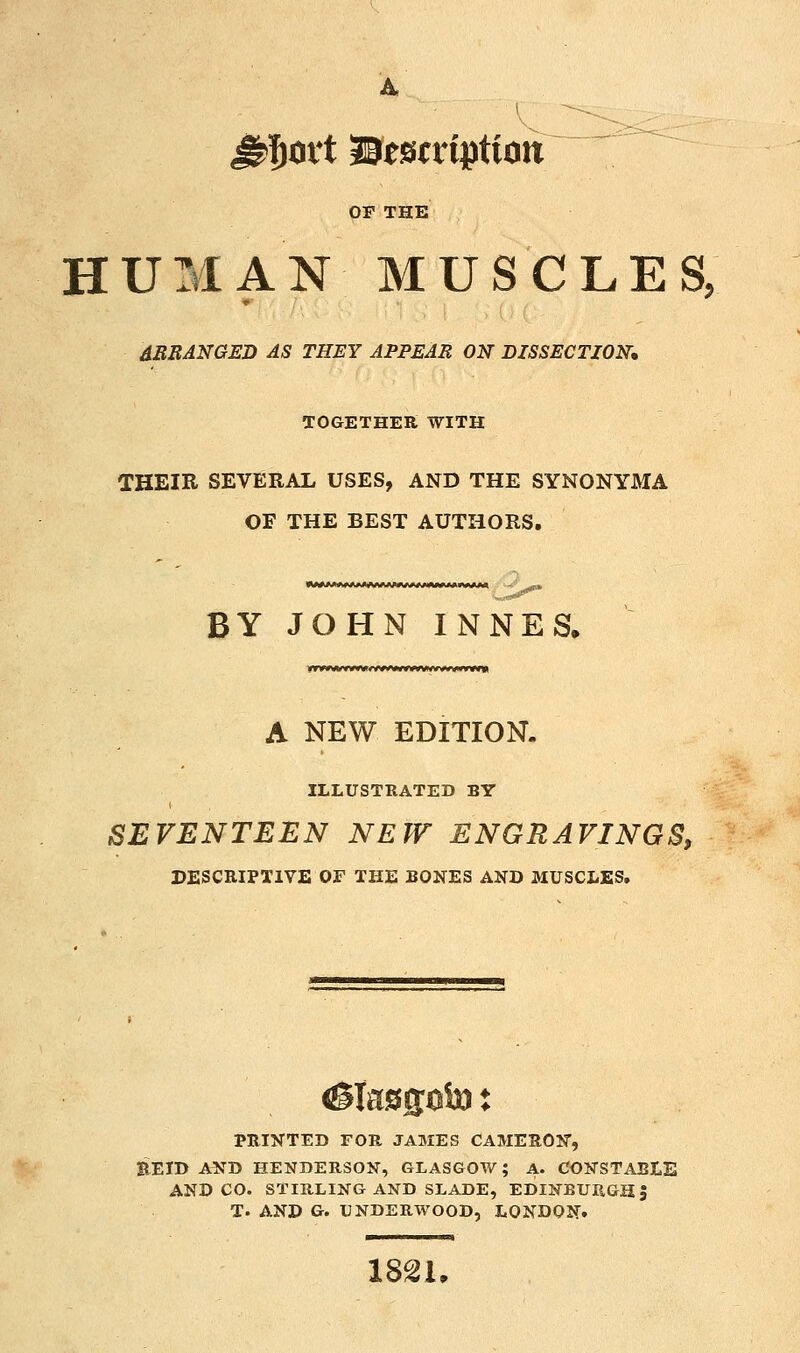 ^fjott ISestriptitin OF THE HUMAN MUSCLES, dBBANGED AS THEY APPEAR ON DISSECTION, TOGETHER WITH THEIR SEVERAL USES, AND THE SYNONYMA OF THE BEST AUTHORS. BY JOHN INNES* A NEW EDITION. ILLUSTRATED BY SEVENTEEN NEW ENGRAVINGS, DESCRIPTIVE OF THE BONES AND MUSCLES. PRINTED FOR JAMES CAMERON, EEID AND HENDERSON, GLASGOW; A. CONSTAEIE AND CO. STIRLING AND SLADE, EDINBURGH | T. AND G. UNDERWOOD, LONDON. 18^1,