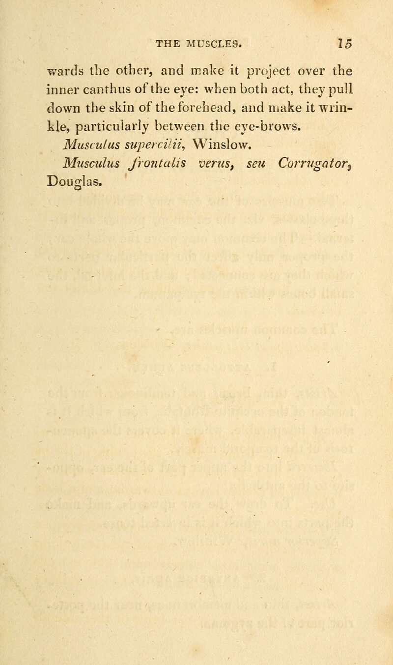 v/ards the other, and make it project over the inner can thus of the eye: when both act, they pull down the skin of the forehead, and make it wrin- kle, particularly between the eye-brows. Musculus superciiii^ Winslow. Musculus front a Lis verus, sen Cormgator^ Douglas.