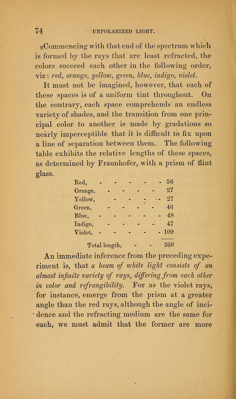 ^Commencing with that end of the spectrum which is formed, by the rays that are least refracted, the colors succeed each other in the following order, viz: red, orange, yellow, green, blue, indigo, violet. It must not be imagined, however, that each of these spaces is of a uniform tint throughout. On the contrary, each space comprehends an endless variety of shades, and the transition from one prin- cipal color to another is made by gradations so nearly imperceptible that it is difficult to fix upon a line of separation between them. The following table exhibits the relative lengths of these spaces, as determined by Fraunhofer, with a prism of flint glass. Red, - - - - - 56 Orange, - -. - - 27 Yellow, - - ... 27 Green, - - ... 46 Blue, - - - - - 48 Indigo, - , - - 47 Violet, - - - - - 109 Total length, - - 360 An immediate inference from the preceding expe- riment is, that a beam of white light consists of an almost infinite variety of rays, differing from each other in color and refrangibility. For as the violet rays, for instance, emerge from the prism at a greater angle than the red rays, although the angle of inci- dence and the refracting medium are the same for each, we must admit that the former are more