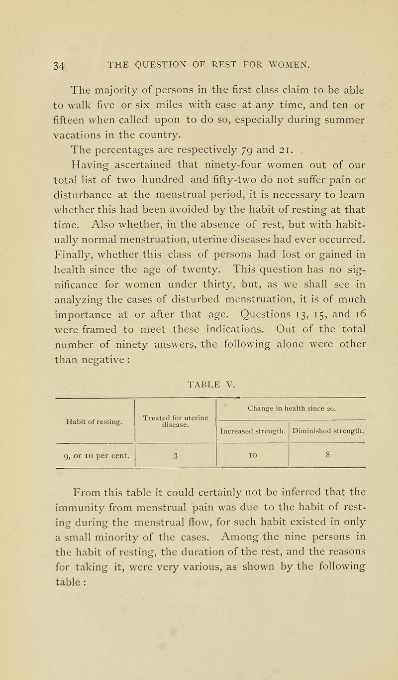The majority of persons in the first class claim to be able to walk five or six miles with ease at any time, and ten or fifteen when called upon to do so, especially during summer vacations in the country. The percentages are respectively 79 and 21. . Having ascertained that ninety-four women out of our total list of two hundred and fifty-two do not suffer pain or disturbance at the menstrual period, it is necessary to learn whether this had been avoided by the habit of resting at that time. Also whether, in the absence of rest, but with habit- ually normal menstruation, uterine diseases had ever occurred. Finally, whether this class of persons had lost or gained in health since the age of twenty. This question has no sig- nificance for women under thirty, but, as we shall see in analyzing the cases of disturbed menstruation, it is of much importance at or after that age. Questions 13, 15, and 16 were framed to meet these indications. Out of the total number of ninety answers, the following alone were other than negative: TABLE V. Treated for uterine disease. Change in health since 20. Habit of resting. Increased strength. Diminished strength. 9, or 10 per cent. 3 10 8 From this table it could certainly not be inferred that the immunity from menstrual pain was due to the habit of rest- ing during the menstrual flow, for such habit existed in only a small minority of the cases. Among the nine persons in the habit of resting, the duration of the rest, and the reasons for taking it, were very various, as shown by the following table :