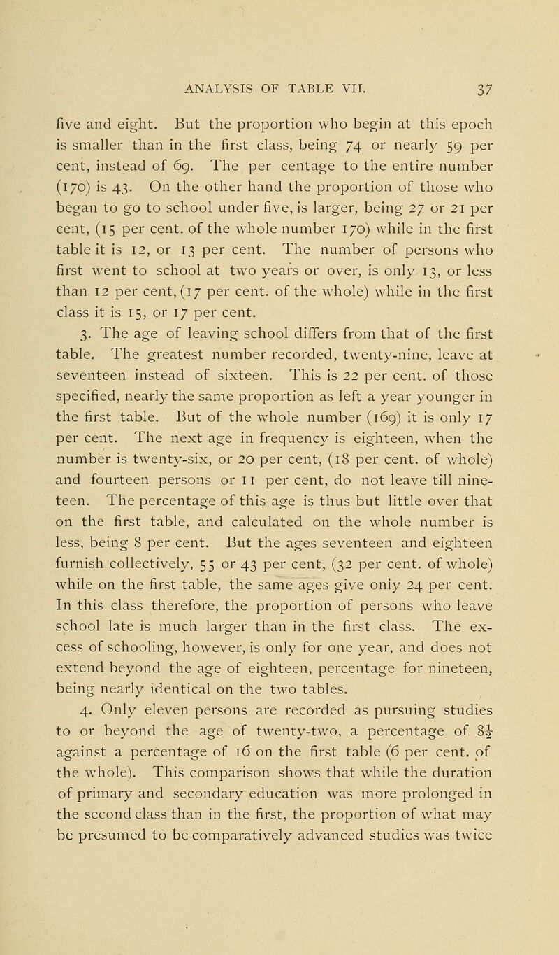 five and eight. But the proportion who begin at this epoch is smaller than in the first class, being 74 or nearly 59 per cent, instead of 69. The per centage to the entire number (170) is 43. On the other hand the proportion of those who began to go to school under five, is larger, being 27 or 21 per cent, (15 per cent, of the whole number 170) while in the first table it is 12, or 13 per cent. The number of persons who first went to school at two years or over, is only 13, or less than 12 per cent, (17 per cent, of the whole) while in the first class it is 15, or 17 per cent. 3. The age of leaving school differs from that of the first table. The greatest number recorded, twenty-nine, leave at seventeen instead of sixteen. This is 22 per cent, of those specified, nearly the same proportion as left a year younger in the first table. But of the whole number (169) it is only 17 per cent. The next age in frequency is eighteen, when the number is twenty-six, or 20 per cent, (18 per cent, of whole) and fourteen persons or 11 per cent, do not leave till nine- teen. The percentage of this age is thus but little over that on the first table, and calculated on the whole number is less, being 8 per cent. But the ages seventeen and eighteen furnish collectively, 55 or 43 per cent, (32 per cent, of whole) while on the first table, the same ages give only 24 per cent. In this class therefore, the proportion of persons who leave school late is much larger than in the first class. The ex- cess of schooling, however, is only for one year, and does not extend beyond the age of eighteen, percentage for nineteen, being nearly identical on the two tables. 4. Only eleven persons are recorded as pursuing studies to or beyond the age of twenty-two, a percentage of S^ against a percentage of 16 on the first table (6 per cent, of the whole). This comparison shows that while the duration of primary and secondary education was more prolonged in the second class than in the first, the proportion of what may be presumed to be comparatively advanced studies was twice