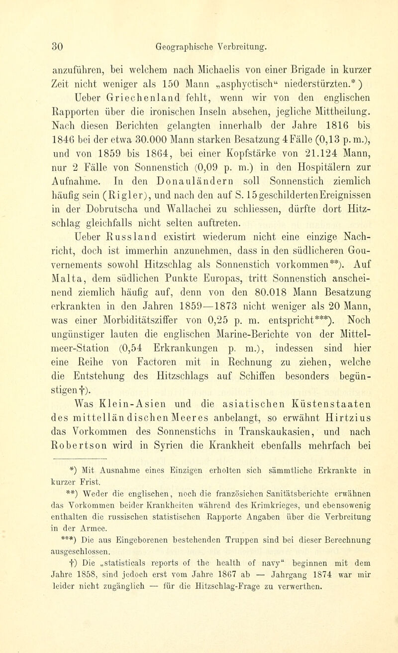 anzuführen, bei welchem nach Michaelis von einer Brigade in kurzer Zeit nicht weniger als 150 Mann „asphyctisch niederstürzten.*) Ueber Griechenland fehlt, wenn wir von den englischen Rapporten über die ironischen Inseln absehen, jegliche Mittheilung. Nach diesen Berichten gelangten innerhalb der Jahre 1816 bis 1846 bei der etwa 30.000 Mann starken Besatzung 4Fällo (0,13 p.m.), und von 1859 bis 1864, bei einer Kopfstärke von 21.124 Mann, nur 2 Fälle von Sonnenstich (0,09 p. m.) in den Hospitälern zur Aufnahme. In den Donauländern soll Sonnenstich ziemlich häufig sein (Rigler), und nach den auf S. 15 geschilderten Ereignissen in der Dobrutscha und Wallachei zu schliessen, dürfte dort Hitz- schlag gleichfalls nicht selten auftreten. Ueber Russland existirt wiederum nicht eine einzige Nach- richt, doch ist immerhin anzunehmen, dass in den südlicheren Gou- vernements sowohl Hitzschlag als Sonnenstich vorkommen**). Auf Malta, dem südlichen Punkte Europas, tritt Sonnenstich anschei- nend ziemlich häufig auf, denn von den 80.018 Mann Besatzung erkrankten in den Jahren 1859—1873 nicht weniger als 20 Mann, was einer Morbiditätsziffer von 0,25 p. m. entspricht***). Noch ungünstiger lauten die englischen Marine-Berichte von der Mittel- meer-Station (0,54 Erkrankungen p. m.), indessen sind hier eine Reihe von Factoren mit in Rechnung zu ziehen, welche die Entstehung des Hitzschlags auf Schiffen besonders begün- stigenf). Was Klein-Asien und die asiatischen Küstenstaaten des mittellän dischenMeeres anbelangt, so erwähnt Hirtzius das Vorkommen des Sonnenstichs in Transkaukasien, und nach Robertson wird in Syrien die Krankheit ebenfalls mehrfach bei *) Mit Ausnahme eines Einzigen erholten sich sämmtliche Erkrankte in kurzer Frist. **) Weder die englischen, noch die französichen Sanitätsherichte erwähnen das Vorkommen beider Krankheiten während des Krimkrieges, und ebensowenig enthalten die russischen statistischen Rapporte Angaben über die Verbreitung in der Armee. ***) Die aus Eingeborenen bestehenden Truppen sind bei dieser Berechnung ausgeschlossen. t) Die „statisticals reports of the health of navy beginnen mit dem Jahre 1858, sind jedoch erst vom Jahre 1867 ab — Jahrgang 1874 war mir leider nicht zugänglich — für die Hitzschlag-Frage zu verwerthen.