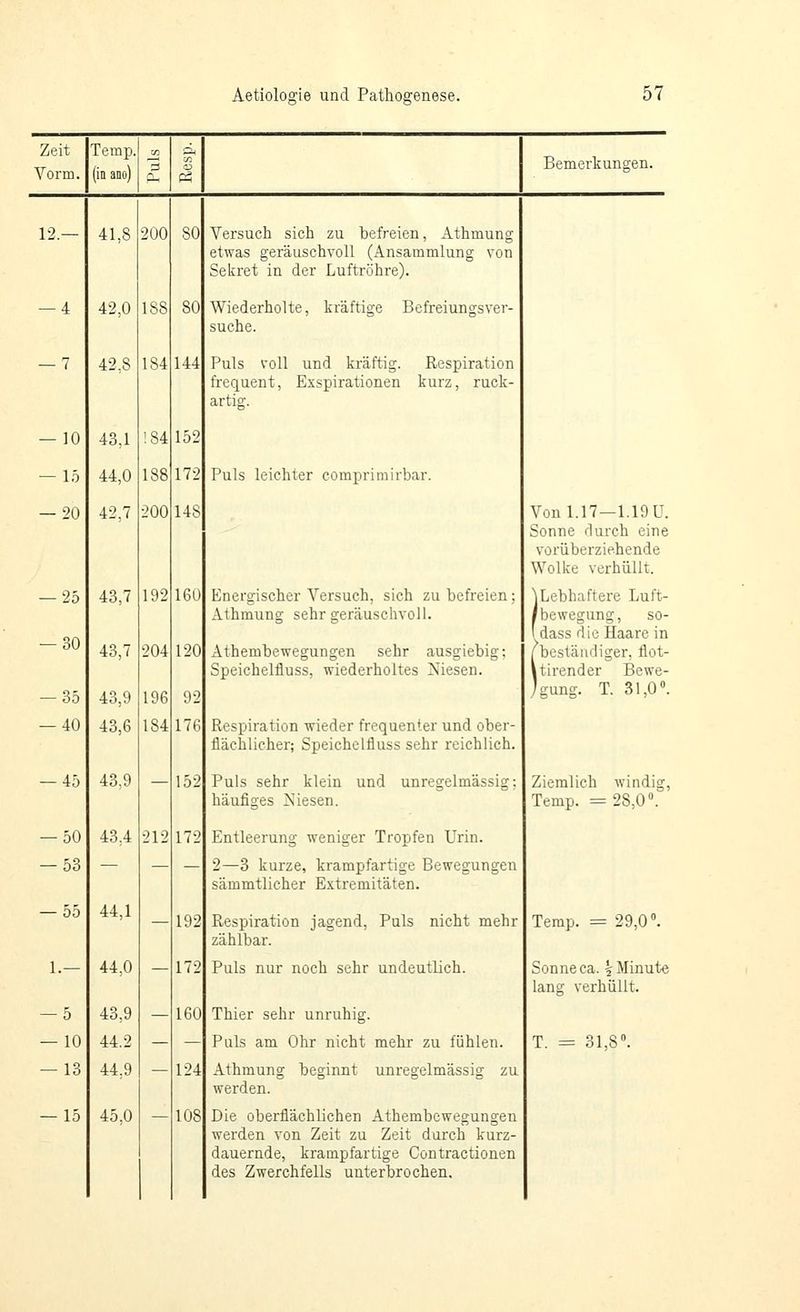 Zeit Vorm. Temp. (in ano) xr. P5 Bemerkungen. 12.— 41,8 2U0 80 Versuch sich zu befreien, xlthmung etwas geräuschvoll (Ansammlung von Sekret in der Luftröhre). — 4 42,0 188 80 Wiederholte, kräftige Befreiungsver- suche. — 7 42,8 184 144 Puls voll und kräftig. Respiration frequent, Exspirationen kurz, ruck- artig. — 10 43,1 184 152 — 15 44,0 188 172 Puls leichter comprimirbar. — 20 42,7 200 148 Von 1.17—1.19 ü. Sonne durch eine vorüberziehende Wolke verhüllt. — 25 — 30 -35 43,7 43,7 43,9 192 204 196 160 120 92 Energischer Versuch, sich zu befreien; Athmung sehr geräuschvoll. Athembewegungen sehr ausgiebig; Speichelfluss, wiederholtes Niesen. 1 Lebhaftere Luft- Ibewegung, so- (dass die Haare in 1 beständiger, flot- Itirender Bewe- jgung. T. 31,0». — 40 43,6 184 176 Respiration wieder frequenter und ober- flächlicher; Speichelfluss sehr reichlich. — 45 43,9 — 152 Puls sehr klein und unregelmässig; häufiges Niesen. Ziemlich windig, Temp. =28,0». — 50 43,4 212 172 Entleerung weniger Tropfen Urin. -53 — — — 2—3 kurze, krampfartige Bewegungen sämmtlicher Extremitäten. — 55 44,1 — 192 Respiration jagend, Puls nicht mehr zählbar. Terap. = 29,0». 1.— 44,0 — 172 Puls nur noch sehr undeutlich. Sonne ca. ^Minute lang verhüllt. — 5 43,9 — 160 Thier sehr unruhig. — 10 44.2 — — Puls am Ohr nicht mehr zu fühlen. T. = 31,8». — 13 44,9 — 124 Athmung beginnt unregelmässig zu werden. — 15 45,0 108 Die oberflächlichen Athembewegungen werden von Zeit zu Zeit durch kurz- dauernde, krampfartige Contractionen des Zwerchfells unterbrochen.