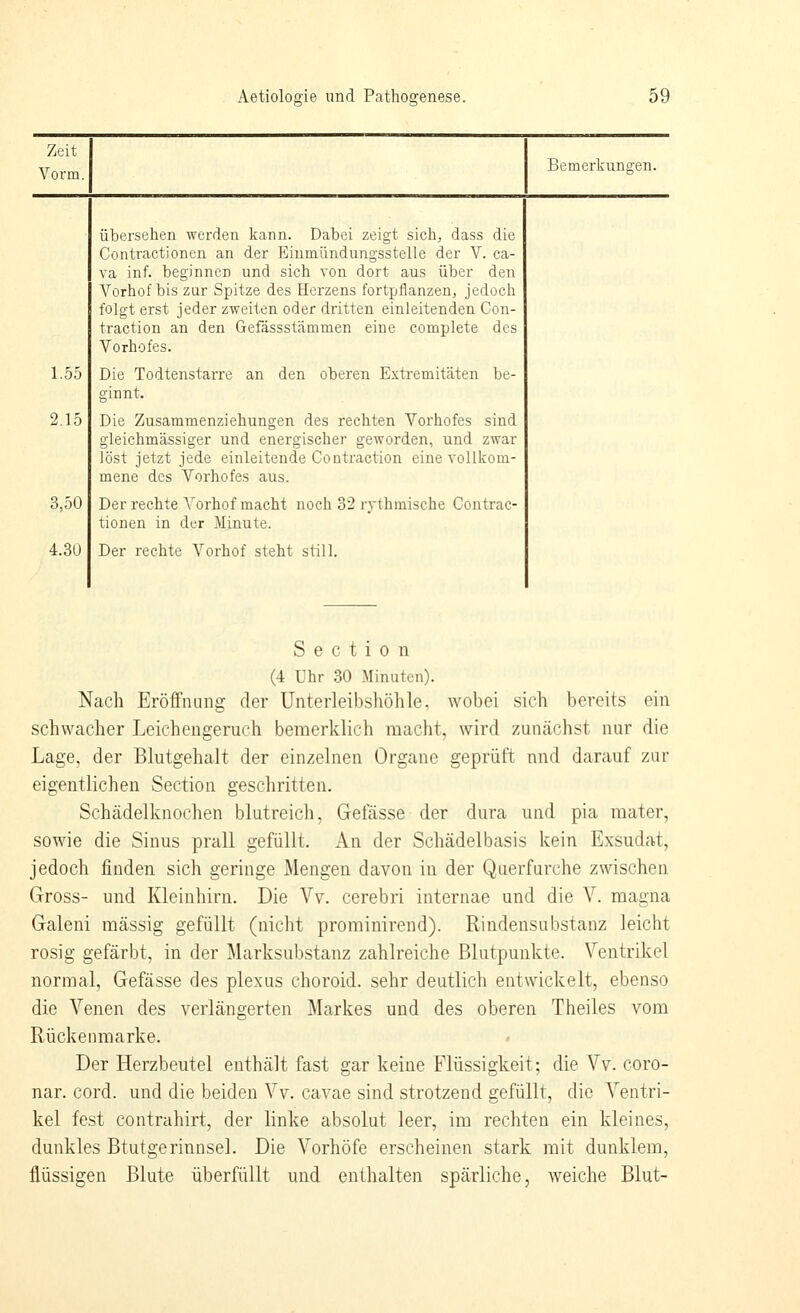 Zeit Vorm. 1.55 2.15 3,50 4.3Ü übersulieu wenleu kann. Dabei zeigt sicli, dass die Contractionen an der Eiumündungsstelie der V. ca- va inf. beginnen und sich von dort aus über den Vorhof bis zur Spitze des Herzens fortpflanzen, jedoch folgt erst jeder zweiten oder dritten einleitenden Con- traction an den Gefässstämmen eine complete des Vorhofes. Die Todtenstarre an den oberen Extremitäten be- ginnt. Die Zusammenziehungen des rechten Vorhofes sind gieichmässiger und energischer geworden, und zwar löst jetzt jede einleitende Contraction eine vollkom- mene des Vorhofes aus. Der rechte Vorhof macht noch 32 rythmische Contrac- tionen in der Minute. Der rechte Vorhof steht still. Bemerkungen. S e c t i 0 11 (4 Uhr 30 Minuten). Nach Eröffnung der Unterleihshöhle. wobei sich bereits ein schwacher Leichengeruch beinerklich macht, wird zunächst nur die Lage, der Blutgehalt der einzelnen Organe geprüft und darauf zur eigentlichen Section geschritten. Schädelknochen blutreich, Gefässe der dura und pia mater, sowie die Sinus prall gefüllt. An der Schädelbasis kein Exsudat, jedoch finden sich geringe Mengen davon in der Querfurche zwischen Gross- und Kleinhirn. Die Vv. cerebri internae und die V. magna Galeni massig gefüllt (nicht prominirend). Rindensubstanz leicht rosig gefärbt, in der Marksubstanz zahlreiche Blutpunkte. Ventrikel normal, Gefässe des plexus choroid. sehr deutlich entwickelt, ebenso die Venen des verlängerten Markes und des oberen Theiles vom Rückenmarke. Der Herzbeutel enthält fast gar keine Flüssigkeit; die Vv. coro- nar. cord. und die beiden Vv. cavae sind strotzend gefüllt, die Ventri- kel fest contrahirt, der linke absolut leer, im rechten ein kleines, dunkles Btutgerinnsel. Die Vorhöfe erscheinen stark mit dunklem, flüssigen Blute überfüllt und enthalten spärliche, weiche Blut-