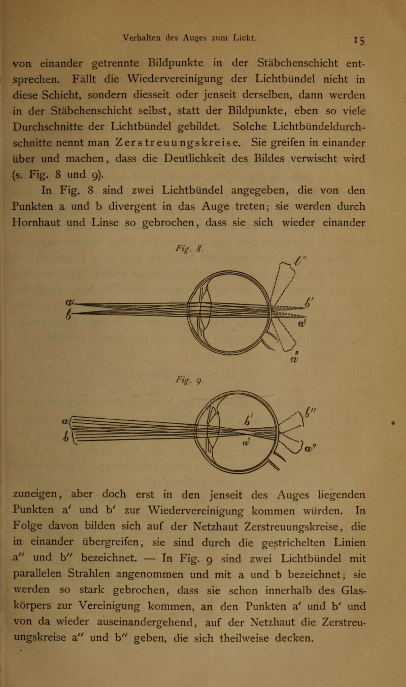 von einander getrennte Bildpunkte in der Stäbchenschicht ent- sprechen. Fällt die Wiedervereinigung der Lichtbündel nicht in diese Schicht, sondern diesseit oder jenseit derselben, dann werden in der Stäbchenschicht selbst, statt der Bildpunkte, eben so viele Durchschnitte der Lichtbündel gebildet. Solche Lichtbündeldurch- schnitte nennt man Zerstreuungskreise. Sie greifen in einander über und machen, dass die Deutlichkeit des Bildes verwischt wird (s. Fig. 8 und 9). In Fig. 8 sind zwei Lichtbündel angegeben, die von den Punkten a und b divergent in das Auge treten; sie werden durch Hornhaut und Linse so gebrochen, dass sie sich wieder einander Fig. 8. Fig. 9. zuneigen, aber doch erst in den jenseit des Auges liegenden Punkten a' und b' zur Wiedervereinigung kommen würden. In Folge davon bilden sich auf der Netzhaut Zerstreuungskreise, die in einander übergreifen, sie sind durch die gestrichelten Linien a und b bezeichnet. — In Fig. 9 sind zwei Lichtbündel mit parallelen Strahlen angenommen und mit a und b bezeichnet; sie werden so stark gebrochen, dass sie schon innerhalb des Glas- körpers zur Vereinigung kommen, an den Punkten a' und b' und von da wieder auseinandergehend, auf der Netzhaut die Zerstreu- ungskreise a und b geben, die sich theilweise decken.