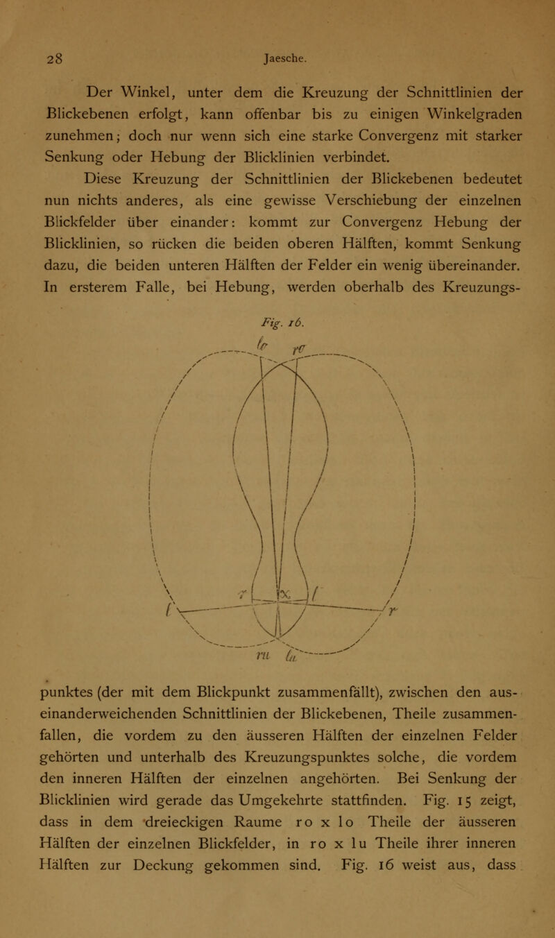 Der Winkel, unter dem die Kreuzung der Schnittlinien der Blickebenen erfolgt, kann offenbar bis zu einigen Winkelgraden zunehmen; doch nur wenn sich eine starke Convergenz mit starker Senkung oder Hebung der Blicklinien verbindet. Diese Kreuzung der Schnittlinien der Blickebenen bedeutet nun nichts anderes, als eine gewisse Verschiebung der einzelnen Blickfelder über einander: kommt zur Convergenz Hebung der Blicklinien, so rücken die beiden oberen Hälften, kommt Senkung dazu, die beiden unteren Hälften der Felder ein wenig übereinander. In ersterem Falle, bei Hebung, werden oberhalb des Kreuzungs- f\ punktes (der mit dem Blickpunkt zusammenfällt), zwischen den aus- einanderweichenden Schnittlinien der Blickebenen, Theile zusammen- fallen, die vordem zu den äusseren Hälften der einzelnen Felder gehörten und unterhalb des Kreuzungspunktes solche, die vordem den inneren Hälften der einzelnen angehörten. Bei Senkung der Blicklinien wird gerade das Umgekehrte stattfinden. Fig. 15 zeigt, dass in dem dreieckigen Räume ro x lo Theile der äusseren Hälften der einzelnen Blickfelder, in ro x lu Theile ihrer inneren Hälften zur Deckung gekommen sind. Fig. 16 weist aus, dass