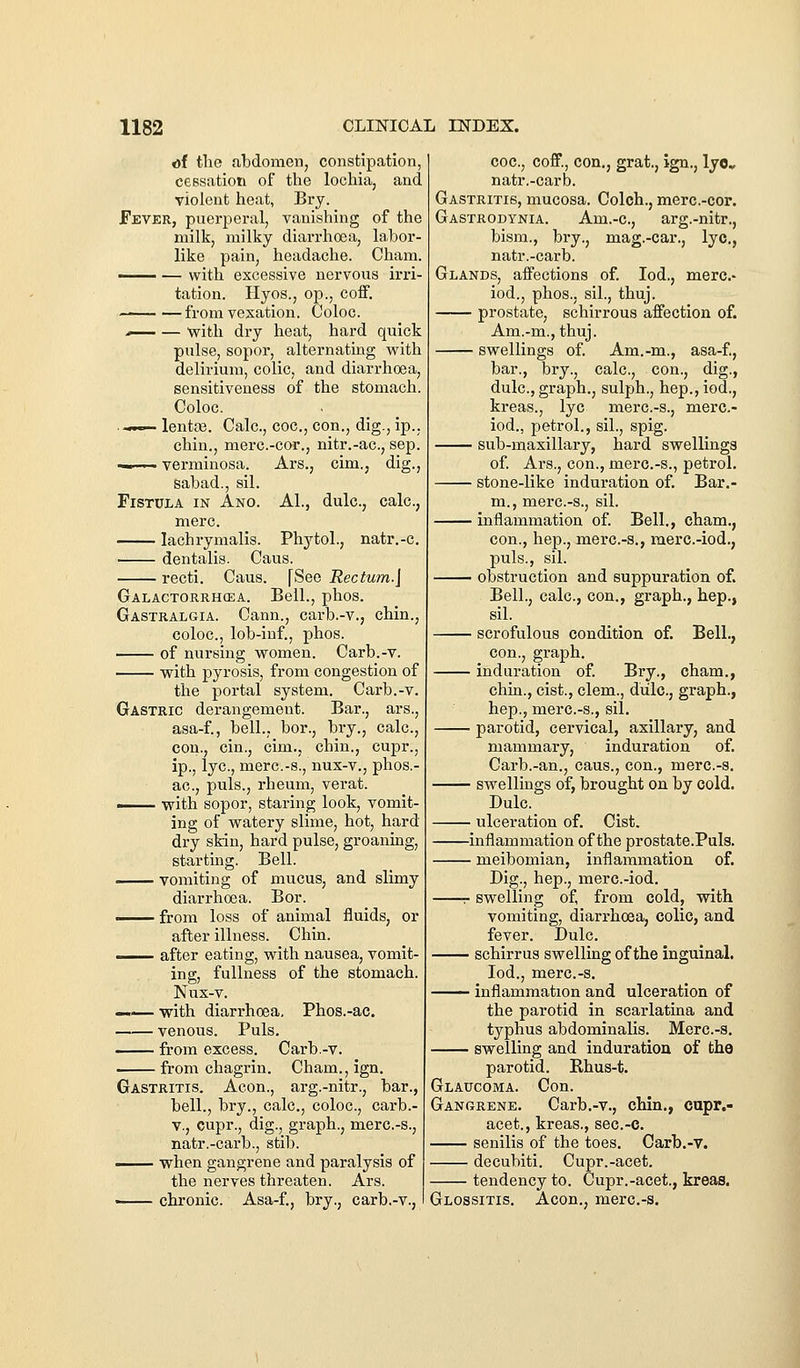 of the abdomen, constipation, cessation of the lochia, and violent heat, Bry. Fever, puerperal, vanishing of the milk, milky diarrhoea, labor- like pain, headache. Cham. ■ — with excessive nervous irri- tation. Hyos., op., coff. from vexation. Coloc. ■>—— — Vfifch dry heat, hard quick pulse, sopor, alternating with delirium, colic, and diarrhoea, sensitiveness of the stomach. Coloc. .-~.— lentse. Calc, coc, con., dig., ip., chin., merc.-cor., nitr.-ac, sep. —■■■. verminosa. Ars., cim., dig., sabad., sil. Fistula in Ano. A1., dulc, calc, mere. lachrymalis. Phytol., natr.-c. dentalis. Caus. recti. Caus. [See Rectum.I Galactorrhoea. Bell., phos. Gastralgia. Cann., carb.-v., chin., coloc, lob-inf., phos. of nursing women. Carb.-v. with pyrosis, from congestion of the portal system. Carb.-v. Gastric derangement. Bar., ars., asa-f., bell., bor., bry., calc, con., cin., cim., chin., cupr., ip., lye, merc-s., nux-v., phos.- ac, puis., rheum, verat. —— with sopor, staring look, vomit- ing of watery slime, hot, hard dry skin, hard pulse, groaning, starting. Bell. vomiting of mucus, and slimy diarrhoea. Bor. —— from loss of animal fluids, or after illness. Chin. —— after eating, with nausea, vomit- ing, fullness of the stomach. Nnx-v. —— with diarrhoea, Phos.-ac. venous. Puis. from excess. Carb.-v. from chagrin. Cham., ign. Gastritis. Aeon., arg.-nitr., bar., bell., bry., calc, coloc, carb.- v., cupr., dig., graph., merc.-s., natr.-carb., stib. —— when gangrene and paralysis of the nerves threaten. Ars. —— chronic. Asa-f., bry., carb.-v., coc, coff., con., grat., ign., lyOv natr.-carb. Gastritis, mucosa. Colch., merc.-cor. Gastrodynia. Am.-c, arg.-nitr., bism., bry., mag.-car., lye, natr.-carb. Glands, affections of. lod., merc- iod., phos., sil., thuj. prostate, schirrous affection of. Am.-m., thuj. swellings of. Am.-m., asa-f., bar., bry., calc, con., dig., dulc, graph., sulph., hep., iod., kreas., lye merc-s., merc- iod., petrol., sil., spig. sub-maxillary, hard swellings of. Ars., con., merc.-s., petrol. stone-like induration of. Bar.- m., merc.-s., sil. inflammation of. Bell., cham., con., hep., mei*c-s., raerc.-iod., puis., sil. obstruction and suppuration of. Bell., calc, con., graph., hep., sil. scrofulous condition of. Bell., con., graph. induration of. Bry., cham., chin., cist., clem., dulc, graph., hep., merc.-s., sil. parotid, cervical, axillary, and mammary, induration of. Carb.-an., caus., con., merc.-s. swellings of, brought on by cold. Dulc. ulceration of. Cist. inflammation of the prostate.Puls. meibomian, inflammation of. Dig., hep., merc-iod. r swelling of, from cold, with vomiting, diarrhoea, colic, and fever. Dulc. schirrus swelling of the inguinal. Iod., merc.-s. —— inflammation and ulceration of the parotid in scarlatina and typhus abdominalis. Merc.-s. swelling and induration of the parotid. Rhus-t. Glaucoma. Con. Gangrene. Carb.-v., chin., cupr.- acet., kreas., sec-c. senilis of the toes. Carb.-v. decubiti. Cupr.-acet. tendency to. Cupr.-acet., kreas. Glossitis. Aeon., merc.-s.