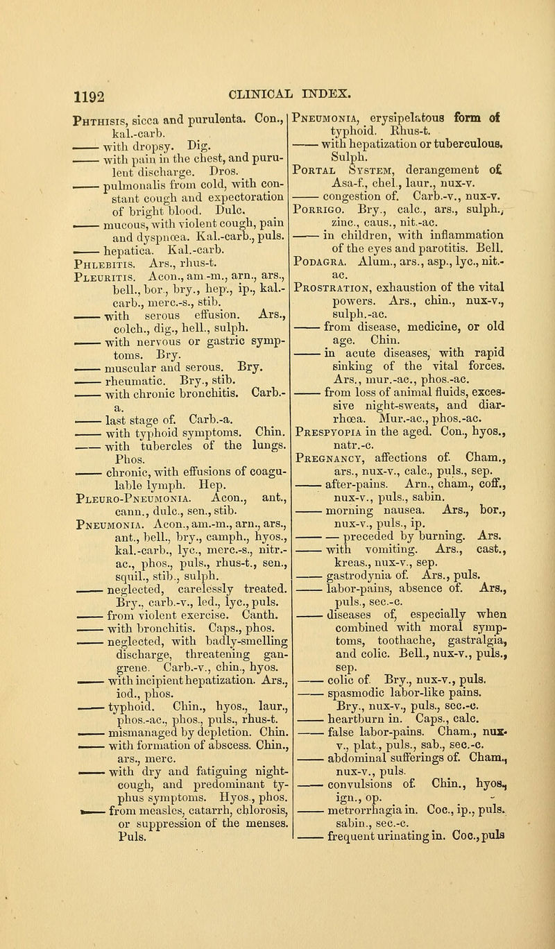 Phthisis, sicca and purulenta. Con., kal.-carb. with dropsy. Dig. with pain in the chest, and puru- lent discharge. Pros. _ . pulmonahs from cold, with con- stant cough and expectoration of bright blood. Dulc. . mucous, with violent cough, pain and dyspnoea. Kal.-carb., puis. • hepatica. Kal.-carb. Phlebitis. Ars., rhus-t. Pleukitis. Aeon., am.-m., arn., ars., bell., bor., bry., hep., ip., kal.- carb., merc.-s., stib. i with serous effusion. Ars., colch., dig., hell, sulph. —^ with nervous or gastric symp- toms. Bry. muscular and serous. Bry. . rheumatic. Bry., stib. —— with chronic bronchitis. Carb.- a. last stage of. Carb.-a. with typhoid symptoms. Chin. -vvith tubercles of the lungs. Phos. chronic, with effusions of coagu- lable lymph. Hep. Pleuro-Pneumonia. Aeon., ant., cann., dulc, sen., stib. Pneumonia. Aeon., am.-m., arn., ars., ant., bell., bry., camph., hyos., kal.-carb., lye, merc.-s., nitr.- ac, phos., puis., rhus-t., sen., squil., stib., sulph. neglected, carelessly treated. Bry., carb.-v., led., lye, puis. ■ from violent exercise. Canth. with bronchitis. Caps., phos. neglected, with badly-smelling discharge, threatening gan- grene. Carb.-v., chin., hyos. with incipient hepatization. Ars., iod., phos. typhoid. Chin., hyos., laur., phos.-ac, phos., puis., rhus-t. .. mismanaged by depletion. Chin. ■ with formation of abscess. Chin., ars., mere. —— with dry and fatiguing night- cough, and predominant ty- phus symptoms. Hyos., phos. ^ from measles, catarrh, chlorosis, or suppression of the menses. Puis. Pneumonia, eryslpelatoua form of typhoid. Rhus-t. with hepatization or tuberculous. Sulph. Portal System, derangement o£ Asa-f, chel., laur., nux-v. congestion of. Carb.-v., nux-v. PoRRiGO. Bry., calc, ars., sulph.,. zinc, caus., nit.-ac. in children, with inflammation of the eyes and parotitis. Bell. Podagra, Alum., ars., asp., lye, nit.- ac. Prostration, exhaustion of the vital powers. Ars., chin., nux-v., sulph.-ac. from disease, medicine, or old age. Chin. in acute diseases, with rapid sinking of the vital forces. Ars., mur.-ac, phos.-ac. from loss of animal fluids, exces- sive night-sweats, and diar- rhoea. Mur.-ac, phos.-ac. Prespyopia in the aged. Con., hyos., natr.-c. Pregnancy, affections of. Cham., ars., nux-v., calc, puis., sep. after-pains. Arn., cham., coff., nux-v., puis., sabin. morning nausea. Ars., bor., nux-v., puis., ip. preceded by burning. Ars. with vomiting. Ars., cast., kreas., nux-v., sep. gastrodynia of. Ars., puis, labor-pains, absence of. Ars., puis., sec-c. diseases of, especially when combined with moral symp- toms, toothache, gastralgia, and colic. Bell., nux-v., puis., sep. colic of. Bry., nux-v., puis. spasmodic labor-like pains. Bry., nux-v., puis., sec.-c. heartburn in. Caps., calc. false labor-pains. Cham., nux« v., plat., puis., sab., sec,-c. abdominal sufferings of. Cham., nux-v., puis. —— convulsions of. Chin., hyos., ign., op. metrorrhagia in. Coc, ip., puis. sabin., sec.-c. frequent urinating in. Coe., pula