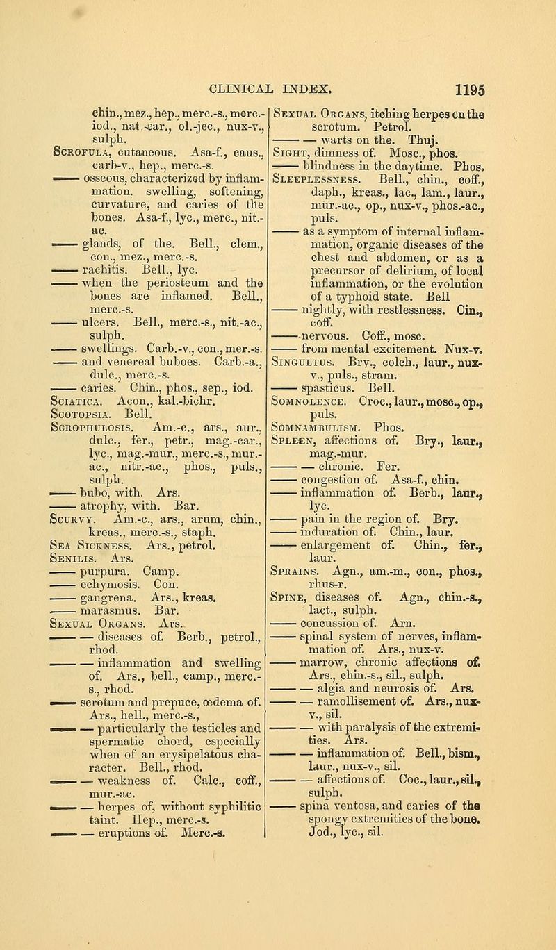 chin.j me?!., hep., merc.-s., morc- iod., nat-^ar., ol.-jec, nux-v., sulph. Scrofula, cutaneous. Asa-f., caus., carb-v., hep., merc.-s. —— osseous, characterized by mflam- mation. swelling, softening, curvature, and caries of tile bones. Asa-f., lye, mere, nit.- ac. ■ glands, of the. Bell., clem., con., mez., merc.-s. ——' rachitis. Bell., lye. ■ when the periosteum and the bones are inflamed. Bell., merc.-s. ulcers. Bell., merc.-s., nit.-ac, sulph. swellings. Carb.-v., con.,mer.-s. and venereal buboes. Carb.-a., dulc, merc.-s. caries. Chin., phos., sep., iod. Sciatica. Aeon., kal.-bichr. ScoTOPsiA. Bell. ScROPHULOsis. Am.-c, ars., aur., dulc, fer., petr., mag.-car., lye, mag.-mur., nierc.-s., mur.- ac, nitr.-ac, phos., puis., sulph. —— bubo, with. Ars. atrophy, with. Bar. Scurvy. Am.-c, ars., arum, chin., kreas., merc.-s., staph. Sea Sickness. Ars., petrol. Senilis. Ars. purpura. Camp. echymosis. Con. ■ gangrena, Ars., kreas. marasmus. Bar. Sexual Organs. Ars. diseases of. Berb., petrol., rhod. inflammation and swelling of. Ars., bell., camp., merc- s., rhod. » ' scrotum and prepuce, oedema of. Ars., hell., merc.-s., I I — particularly the testicles and spermatic chord, especially when of an erysipelatous cha- racter. Bell., rhod. ■ — weakness of. Calc, cofi., mur.-ac ■ — herpes of, without syphilitic taint. Hep., merc.-s. __. — eruptions of. Merc.-s, Sexual Organs, itching herpes en the scrotum. Petrol. warts on the. Thuj. Sight, dimness of. Mosc, phos. blindness in the daytime. Phos. Sleeplessness. Bell., chin., coff., daph., kreas., lac, lam., laur., mur.-ac, op., nux-v., phos.-ac, puis. as a symptom of internal inflam- mation, organic diseases of the chest and abdomen, or as a precursor of delirium, of local inflammation, or the evolution of a typhoid state. Bell nightly, with restlessness. Cin., coff. -nervous. Coff., mosc. from mental excitement. Nux-v. Singultus. Bry., colch., laur., nux- v., puis., stram. spasticus. Bell. Somnolence. Croc, laur., mosc, op., puis. Somnambulism. Phos. Spleen, affections of. Bry., laur., mag.-mur. chronic. Per. congestion of. Asa-f., chin. inflammation of. Berb., laur., pain in the region of. Bry. induration of. Chin., laur. enlargement of. Chin., fer., laur. Sprains. Agn., am.-m., con., phos., rhus-r. Spine, diseases of. Agn., chin.-s., lact., sulph. concussion of. Arn. spinal system of nerves, inflam- mation of. Ars., nux-v. marrow, chronic affections of. Ars., chin.-s., sil., sulph. algia and neurosis of. Ars. ramollisement of. Ars., nux- V., sil. with paralysis of the extremi- ties. Ars. inflammation of. Bell., bism., la,ur., nux-v., sil. affections of. Coc, laur., sil., sulph. spina ventosa, and caries of the spongy extremities of the bone. Jod., lye, sil.