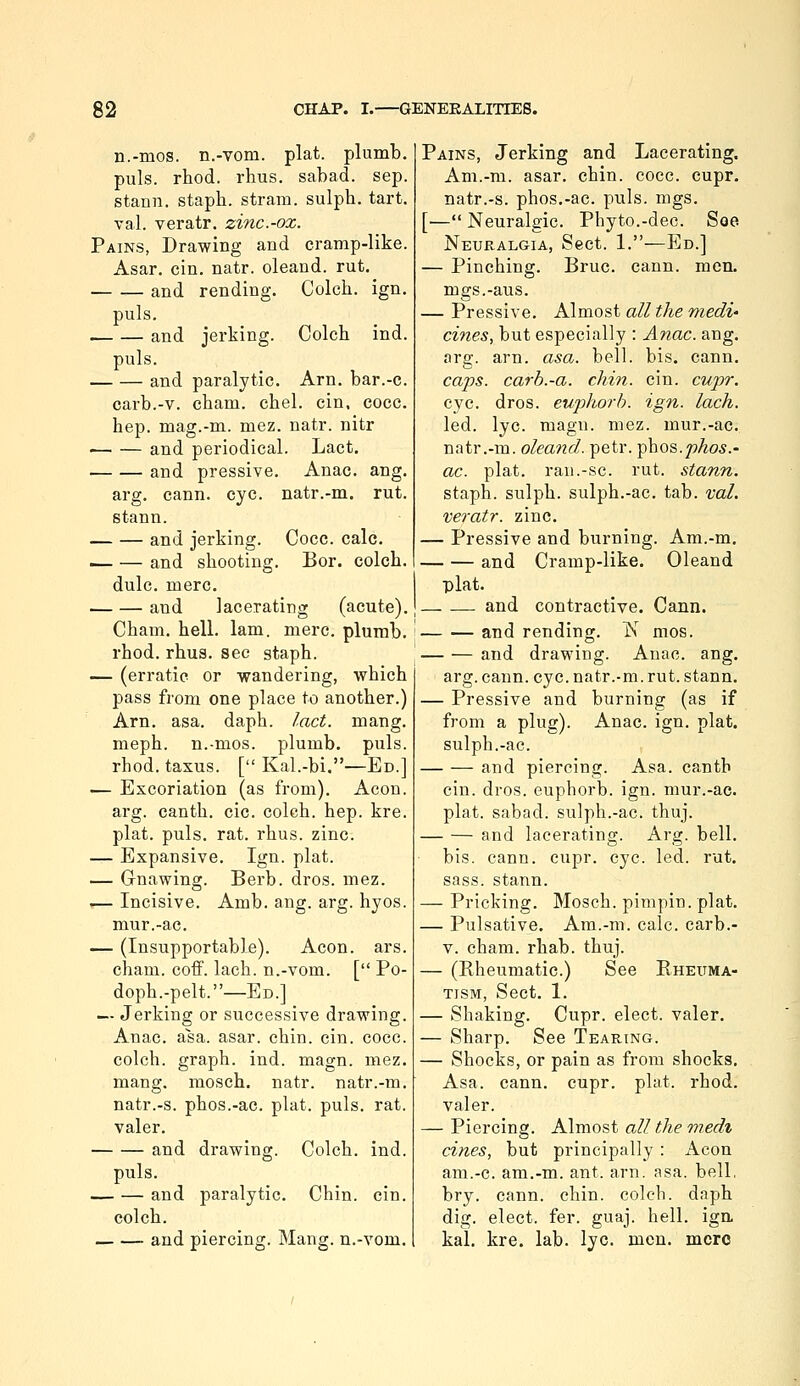 n.-mos. n.-vom. plat, plumb. puis. rhod. rhus. sabad. sep. stann. staph, strain, sulph. tart. val. veratr. zinc-ox. Pains, Drawing and cramp-like. Asar. cin. natr. oleand. rut. and rending. Colch. ign. puis. . and jerking. Colch ind. puis. and paralytic. Arn. bar.-c. carb.-v. cham. chel. cin, cocc. hep. mag.-m. mez. natr. nitr . and periodical. Lact. and pressive. Anac. ang. arg. cann. eye. natr.-m. rut. stann. and jerking. Cocc. calc. i and shooting. Bor. colch. dulc. mere. and lacerating (acute). Cham. hell. lam. mere, plumb, rhod. rhus. sec staph. — (erratic or wandering, which pass from one place to another.) Arn, asa. daph. lact. mang. meph. n.-mos. plumb, puis, rhod. taxus. [ Kal.-bi.—Ed.] — Excoriation (as from). Aeon, arg. canth. cic. colch. hep. kre. plat. puis. rat. rhus. zinc. — Expansive. Ign. plat. — Gnawing. Berb. dros. mez. ,— Incisive. Amb. ang. arg. hyos. mur.-ac. — (Insupportable). Aeon. ars. cham. coflF. lach. n.-vom. [ Po- doph.-pelt.—Ed.] — Jerking or successive drawing. Anac. asa. asar. chin. cin. cocc. colch. graph, ind. magn. mez. mang. mosch. natr. natr.-m. natr.-s. phos.-ac. plat. puis. rat. valer. and drawing. Colch. ind. puis. and paralytic. Chin. cin. colch. and piercing. Mang. n.-vom. Pains, Jerking and Lacerating. Am.-m. asar. chin. cocc. cupr. natr.-s. phos.-ac. puis. mgs. [— Neuralgic. Phyto.-dec. Soe Neuralgia, Sect. 1.—Ed.] — Pinching. Bruc. cann. men. mgs.-aus. — Pressive. Almost all the medi- cines, but especially : Anac. ang. arg. arn. asa. bell. bis. cann. caps, carb.-a. chin. cin. cupr. eye. dros. euphorb. ign. lach. led. lye. magn. mez. mur.-ac. natr.-m. oleand. petr. '^hos.phos.' ac. plat, rau.-sc. rut. stann. staph, sulph. sulph.-ac. tab. val. veratr. zinc. — Pressive and burning. Am.-m, and Cramp-like, Oleand plat. and contractive. Cann. and rending. K mos. — — and drawing. Anac. ang. arg. cann. eye. natr.-m. rut. stann. — Pressive and burning (as if from a plug). Anac. ign. plat, sulph.-ac. — — and piercing. Asa. canth cin. dros. euphorb. ign. mur.-ac. plat, sabad. sulph.-ac. thuj. — — and lacerating. Arg. bell, bis. cann. cupr. eye. led. rut. sass. stann. — Pricking. Mosch. pimpin. plat. — Pulsative. Am.-m. calc. carb.- V. cham. rhab. thuj. — (Rheumatic.) See Rheuma- tism, Sect. 1. — Shaking. Cupr. elect, valer. — Sharp. See Tearing. — Shocks, or pain as from shocks. Asa. cann. cupr. plat. rhod. valer. — Piercing. Almost all the medi cines, but principally: Aeon am.-c. am.-m. ant. arn. asa. bell, bry. cann. chin, colch. daph dig. elect, fer. guaj. hell, iga kal. kre. lab. lye. men. more