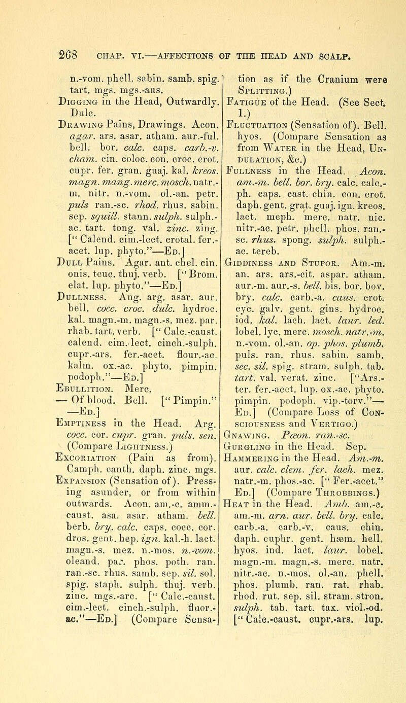 n.-vom. phell. sabin. samb. spig. tart. mgs. mgs.-aus. Digging in the Head, Outwardly. Dulc, Drawing Pains, Drawings. Aeon. agar. ars. asar. atham. aur.-ful. bell, bor, calc. caps, carb.-v. chatn. ein. coloc. eon. croc. crot. cupr. fer. gran. guaj. kal. kreos. magn. viang. mere, mosch. natr.- m. nitr. n.-vom, ol.-an. petr. puis ran.-sc. rhod. rhus. sabin. Sep. squill, sts^nn. sulph. sulph.- ac. tart. tong. val. zinc. zing. [ Calend. cim.-lect. crotal. fer.- acet. lup, pliyto.—Ed.J Pull Pains. Agar. ant. chel. cin. onis. teuc. thuj. verb. [Brom. elat. lup. pbyto,—Ed.] Dullness. Ang. arg. asar. aur. bell. cocc. croc. dulc. hydroc. kal. magn.-m. magn.-s. mez. par. rbab. tart. verb. [ Calc.-caust. calend. cim.lect. cinch.-sulph. cupr.-ars. fer.-acet. flour.-ac. kalm. os.-ac. phyto. pimpin. podoph.—Ed.] Ebullition. Merc, — Of blood. Bell. [ Pimpin. —Ed.] Emptiness in the Head. Are. o cocc. cor. cupr. gran. 2yuls. sen. (Compare Lightness.) Excoriation (Pain as from). Caniph. canth. daph. zinc. mgs. Expansion (Sensation of). Press- ing asunder, or from within outwards. Aeon, am.-c. amm.- caust. asa. asar. atham. bell. berb. bry. calc. caps. cocc. cor. dros. gent. hep. ign. kal.-h, lact. magn.-s. mez. n.-mos. n.-vom. oleand. pa^', phos. poth. ran. ran.-sc. rhus. samb. sep. sil. sol. spig. staph, sulph. thuj. verb, zinc. mgs.-arc. [ Cale.-caust. cim.-lect. cinch.-sulph. fluor.- ac.—Ed.] (Compare Sensa- tion as if the Cranium were Splitting.) Fatigue of the Head. (See Sect !•) Fluctuation (Sensation of). Bell, hyos. (Compare Sensation as from Water in the Head, Un- dulation, &c.) Fullness in the Head. Aeon, am.-m. bell. bor. bry. calc. calc- ph, caps. cast. chin. con. crot. daph. gent. grat. guaj. ign. kreos. lact. meph. mere, natr. nic. nitr,-ac. petr. phell. phos. ran.- sc. rhus. spong. sulph. sulph.- ac. tereb. Giddiness and Stupor. Am.-m. an. ars. ars.-cit. aspar. atham. aur.-m. aur.-s. bell. bis. bor. bov. bry. calc. carb.-a. caus. crot. eye. galv. gent. gins, hydroc. iod. kal. lach. lact. laur. led. lobel. lye. mere, mosch. natr.-m. n.-vom. ol.-an. op. phos. plumb. puis. ran. rhus. sabin. samb. sec. sil. spig. stram. sulph. tab. tart. val. verat. zinc. [Ars.- ter. fer.-acct. lup. os.-ac. phyto. pimpin. podoph. vip.-torv.— Ed.] (Compare Loss of Con- sciousness and Vertigo.) Gnawing. PcBon. ran.-sc. Gurgling in the Head. Sep. Hammering in the Head. Ani.-m. aur. calc. clem. fer. lach. mez. natr.-m, phos.-ac. [ Fer.-acet. Ed.] (Compare Throbbings.) Heat in the Head. Amb. am.-o. am.-m. am. aur. bell. bry. calc. carb.-a. carb.-v. caus. chin, daph. euphr. gent. h^em. hell, hyos. ind. lact. laur. lobel. magn.-m. magn.-s. mere. natr. nitr.-ac. n.-mos. ol.-an. phelL phos. plumb, ran. rat. rhab. rhod. rut. sep. sil. stram. stron. sulph. tab. tart. tax. viol.-od. [ Calc.-caust. cupr.-ars. lup.