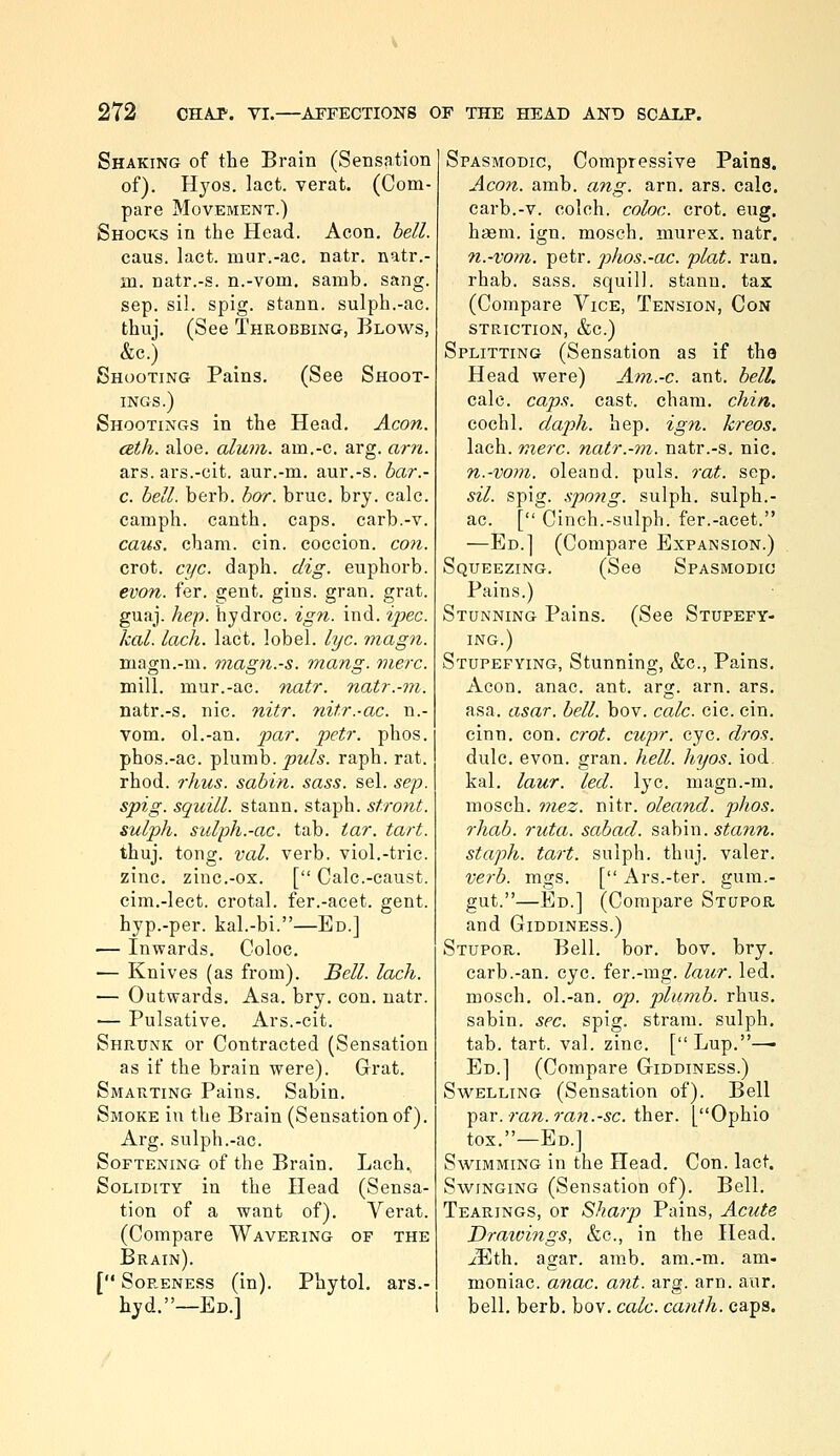 Shaking of the Brain (Sensation of). Hyos. lact. verat. (Com- pare Movement.) Shocks in the Head. Aeon. hell. cans. lact. mur.-ac, natr. natr.- ai. natr.-s. n.-vom. samb. sang, sep. sil. spig. stann. sulph.-ac. thuj. (See Throbbing, Blows, &c.) Shooting Pains. (See Shoot- ings.) Shootings in the Head. Aeon, czth. aloe. alum. am,-c. arg. am. ars. ars.-cit. aur.-m. aur.-s. har.- c. bell. berb. hor. bruc. bry. calc. camph. canth. caps, carb.-v. caus. cham. cin. coccion. co?i. crot. cT/c. daph. dig. euphorb. evon. fer. gent. gins. gran. grat. guaj. hep. hydroc. ign. ind. i2jec. kal. lack. lact. lobel. lye. magn. magn.-m. magn.-s. mang. mere. mill, mur.-ac. natr. natr.-ni. natr.-s. nic. nitr. 7iitr.-ae. n.- vom. ol.-an. 'par. petr. phos. phos.-ac. \)\\xmh. puis. raph. rat. rhod. rhus. sahin. sass. sel. sep. spig. squill, stann. staph, stront. sulph. salph.-ae. tab. tar. tart. thuj. tong. val. verb. viol.-trie, zinc. zinc.-ox. [ Calc.-caust. cim.-lect. crotal. fer.-acet. gent, hyp.-per. kal.-hi.—Ed.] — Inwards, Coloc. — Knives (as from). Bell. loch. — Outwards. Asa. bry. con. natr. ■— Pulsative. Ars.-cit. Shrunk or Contracted (Sensation as if the brain were). Grat. Smarting Pains. Sabin. Smoke in the Brain (Sensation of). Arg. sulph.-ac. Softening of the Brain. Lach, Solidity in the Head (Sensa- tion of a want of). Verat. (Compare Wavering of the Brain). [ Soreness (in). Phytol. ars.- hyd.—Ed.] Spasmodic, Compressive Paina. Aeon. amb. ang. arn. ars. calc. carb.-v. colch. coloc. crot, eug. hasm. ign. moseh. niurex. natr. 7i.-vom. petr. pJios.-ac. plat. ran. rhab. sass. squill, stann, tax (Compare Vice, Tension, Con STRICTION, &c.) Splitting (Sensation as if the Head were) Am.-c. ant. bell. calc. caps. cast. cham. chin. cochl. daph. hep. ign. kreos. lach. mere, natr.-m. natr.-s, nic. n.-vom. oleand. puis. rat. sep. sil. spig. spong. sulph. sulph.- ac. [ Cinch.-sulph. fer.-acet. —Ed.] (Compare Expansion.) Squeezing. (See Spasmodic Pains.) Stunning Pains. (See Stupefy- ing.) Stupefying, Stunning, &c.. Pains. Aeon. anac. ant. arg. arn. ars, asa. asar. bell. bov. calc. cic. cin. cinn. con. crot. cupr. eye. dros. dulc, evon. gran. hell. hyos. iod. kal. laur. led. lye. magn.-m, mosch. niez. nitr. oleand. phos. rhab. ruta. sabad. s^Cbm. stann. staph, tart, sulph. thuj. valer. verb. mgs. [ Ars.-ter. gum.- gut.—Ed.] (Compare Stupor and Giddiness.) Stupor. Bell. bor. bov. bry. carb.-an. eye. fer.-mg. laur. led, mosch. ol.-an. op. plumb, rhus. sabin. sec. spig. strara. sulph. tab. tart. val. zinc. [Lup.—■ Ed.] (Compare Giddiness.) Swelling (Sensation of). Bell i^2iV.ran.ran.-sc. ther. [Ophio tox.—Ed.] Swimming in the Head. Con. lact. Swinging (Sensation of). Bell. Tearings, or Sharp Pains, Acute Draioings, &c., in the Head. ^Eth. agar. amb. am.-m. am- moniac, anac. ant. arg. arn. anr, bell. berb. bov. calc. canth. caps.