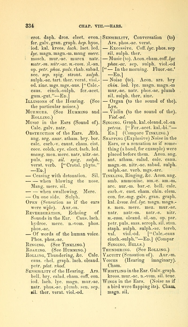 crot. daph. dros. elect, evon. fer. galv. gran, graph, hep. hyos. iod. kal. kreos. lach. lact. led. /yc. magn. magn.-m.mang mere. ^ mosch. mur.-ac. murex natr. natr.-m. nitr.-ac. n.-voin. Dl.-an. op. fetr. phos. puis. rhab. sabad. sec. Sep. spig. stront. siilph. sulph.-ac. tart. ther. verat. viol.- od. zinc, mgs.mgs.-aus. [Calc- caus. cinch.-sulph. fer.-acet. gum.-gut.—Ed.] Illusions of the Hearing. (See the particular noises.) Murmurs. (See Humming and Rolling.) Music in the Ears (Sound of). Calc. galv. natr. Obstruction of the Ears. -^th. ang. arg. asar. atham. bry. bor. calc. carb.-v. caust. chani. cist. cocc. colch. eye. elect, lach. led. niang. men. mere. natr. nitr.-ac. puis. sep. sil. spig. suljih. verat. verb. [Crotal. phyto. —Ed.] — Ceasiug with detonation. Sil. when blowing the nose. Mang. mere. sil. when swallowing. Merc. — On one side. Sulph. Open (Sensation as if the ears were w^de). Aur.-m. Reverberation, Echoing of Sounds in the Ear. Caus. lach. hydroc. mere, n.-vom. phos. phos.-ac. — Of words of the human voice. Phos. phos.-ac. Ringing. (See Tinkling.) Roaring. (See Humming.) Rolling, Thundering, &c. Calc. caus. ehel. graph, lach. oleand. petr. plat. rhod. Sensibility of the Hearing. Ars. bell. bry. calad. cham. coff. con. iod. lach. lye. magn. mur.-ac. natr. phos.-ac. plumb, sen. sep. gil. ther. verat. viol.-od. Sensibility, Conversation (to) Ars. phos.-ac. verat. — Excessive. CofF. lye. phos. sep sil. sulph. ther. — Music (to). Aeon. cham.coff./t/c phos.-ac. sep. sulph. viol.-od [ — In the morning. Fluor.-ac' —Ed.] — Noise (to). Aeon. ars. bry chin. iod. lye. magn. magn.-m mur.-ac. natr. phos.-ac. plumb sil. sulph. ther. zinc. — Organ (to the sound of the). Lye. — Violin (to the sound of the). Viol.-od. Singing. Grraph. kal. oleand. ol.-an petros. [ Fer.-acet. kal.-bi.— Ed.] (Compare Tinkling.) Snapping (Explosive) Noise in the Ears, or a sensation as if some- thing (a band, for example) were placed before them. Aeon. ang. ant. atham. calad. calc. cann. magn.-m. nitr.-ac. sabad. sulph. sulph.-ac. verb, mgs.-arc. Tinkling, Ringing, &c. Aeon. ang. amb. ammoniac, am.-c. am.-m. arc. aur.-m. bar.-c. bell. calc. carb.-v. cast. cham. chin. clem. con. fer.-mg. galv. gran, graph. kal. kreos. led. lye. magn. magn.- s. men. mere. mez. mur.-ac. natr. natr.-m. natr.-s. nitr. n.-vom. oleand. ol.-an. op. par. petr. puis. sass. scroph. sil. stan. staph, sulph. sulph.-ac. tereb. val. viol.-od. [Calc.-caus cinch.-sulph.—Ed.] (Compar Singing, Bells.) Thundering. (See Rolling.) Vacuity (Sensation of). Aur.-m. Voices (Hearing imaginary). Cham. Whistling in the Ear. Galv. graph. kreos. mur.-ac. n.-vom. sil. teuc. Wings in the Ears. (Noise as if abird were flapping its). Cham. magn. sil.