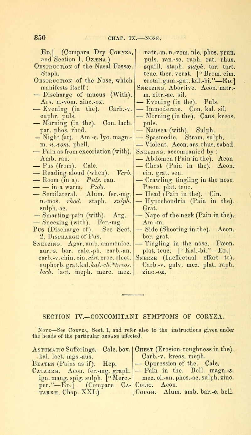 Ed.] (Compare Dry Coryza, and Section 1, Oz^ena.) Obstruction of the Nasal Fossae. Staph. Obstruction of the Nose, which manifests itself: — Discharge of mucus (With). Ars. n.-vom. zinc.-ox. — Evening (in the). Carb.-v. euphr. puis. — Morning (in the). Con. lach. par. phos. rhod. — Night (at). Am.-c. lye. magn.- m. n.-vom. phell. — Pain as from excoriation (with). Amb. ran. — Pus (from). Calc. — Reading aloud (when). Verb. — Room (in a). Puis. ran. in a warm. Puis. — Semilateral. Alum, fer.-mg. n.-mos. rhod. staph, sulph. sulph.-ac. — Smarting pain (with). Arg. — Sneezing (with). Fer.-mg. Pus (Discharge of). See Sect. 2, Discharge of Pus. Sneezing. Agar. amb. ammoniac, aur.-s. bor. calc.-ph. carb.-an. carb.-v. chin. cin. cist. croc, elect, euphorb. grat. kaX .kal.-ch.*kreos. lach. lact. meph. mere. mez. natr.-m. n.-vom. nic. phos. prun. puis, ran.-sc. raph. rat. thus, squill, staph, sulph. tar. tart, teuc. ther. verat. [Brom. cim. crotal.gum.-gut.kal.-bi.—Ed.] Sneezing, Abortive. Aeon, natr.- m. nitr.-ac. sil. — Evening (in the). Puis. — Immoderate. Con. kal. sil, — Morning (in the). Cans, kreos. puis. — Nausea (with). Sulph. — Spasmodic. Stram. sulph, — Violent. Aeon. ars. rhus. sabad, Sneezing, accompanied by : — Abdomen (Pain in the). Aeon — Chest (Pain in the). Aeon, cin. grat. sen. — Crawling tingling in the nose. Paeon, plat. teuc. — Head (Pain in the). Cin. — Hypochondria (Pain in the),. Grat. — Nape of the neck (Pain in the). Am.-m. — Side (Shooting in the). Aeon, bor. grat. — Tingling in the nose. Pseon. plat. teuc. [Kal.-bi.—Ed.] Sneeze (Ineffectual effort to). Carb.-v. galv. mez. plat. raph. zinc.-ox. SECTION IV.—CONCOMITANT SYMPTOMS OF CORYZA. Note—See Coryza, Sect. 1, and refer also to the instructions given undeir the heads of the particular organs affected. Asthmatic Sufferings. Calc.bov. kal. lact. mgs.-aus. Beaten (Pains as if). Hep. Catarrh. Aeon, fer.-mg. graph, ign. mang. spig. sulph. [Merc- per.—Ed.] (Compare Ca- tarrh, Chap. XXI.) Chest (Erosion, roughness in the), Carb,-v. kreos. meph. — Oppression of the. Calc. — Pain in the. Bell, magn.-s. mez. ol.-an. phos.-ac. sulph. zinc. Colic. Aeon. Cough. Alum. amb. bar.-c. bell.