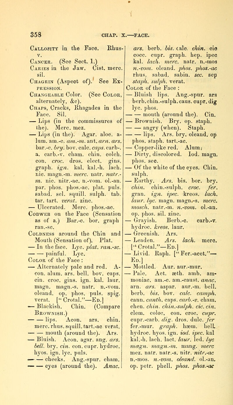 Callosity in the Face. Rhus- V. Cancer. (See Sect. 1.) Caries in the Jaw. Cist. mere, sil. Chagrin (Aspect of). See Ex- pression. Changeable Color. (See Color, alternately, &c). Chaps, Cracks, lihagades in the Face. Sil. — Lips (in the commissures of the). Merc. mez. — Lips (in the). Agar. aloe, a- lum. am.-c. ani.-ni. ant. am. ars. bar.-c. bry. bov. calc. caps. carb-. a. carb.-v. cham. chin, colch. con. croc. dros. elect, gins, graph, ign. kal. kal.-h. lach. nic. magn.-m. mere. natr. natr.- m. nic. nitr.-ac. n.-vom. ol.-an. par. phos. phos.-ac. plat. puis, sabad. sel. squill, sulph. tab. tar. tart, verat. zinc. — Ulcerated. Merc, phos.-ac. Cobweb on the Face (Sensation as of a.) Bar.-c. bor, graph ran.-sc. Coldness around the Chin and Mouth (Sensation of). Plat. — In the fiice. Lye. plat, ran.-sc. painful. Lye. Color of the Face : — Alternately pale and red. A- con. alum, ars. bell. bov. caps. cin. croc. gins. ign. kal, laur, magn. magn.-s. natr, n.-vom. oleaud. op. phos, puis. spig. verat. [ Crotal.—Ed.] ■— Blackish, Chin, (Compare Brownish.) lips. Aeon, ars, chin, mere. rhus. squill, tart.-ac. verat. mouth (around the), Ars. — Bluish. Aeon. agar. ang. ars. bell. bry. cin. con. cupr. hydroc, hyos. ign. lye. puis. — cheeks. Ang.-spur. cham, ars. berb, bis. calc, chin, cio cocc. cupr, graph, hep, ipec kal. lach. mere. natr. n,-mo3 n.-vom. oleand. phos. phos.-ac rhus. sabad, sabin. sec. sep staph, sulph. verat. Color of the Face : — Bluish lips. Ang.-spur. ars berb, chin.-sulph, cans, cupr. dig lye. phos. mouth (around the). Cin. — Brownish. Bry. op. staph. angry (when). Staph. lips. Ars. bry. oleand. op phos. staph. tart,-ac. — Copper-like red. Alum: — Dirty, discolored. lod. magn. phos. sec. — Of the white of the eyes. Chin, sulph. — Earthy, Ars. bis, bor. bry. chin. chin.-sulph, croc. fer. gran. ign. ipec. kreos. lach. laur. lye. magn. magn.-s. mere. 7nosch. natr.-m. n.-vom. ol.-an. op. phos. sil. zinc. — Grayish. Berb.-c. carb.-v. hydroc. kreos. laur, — Greenish, Ars. — Leaden. Ars. lach. mere. [Crotal.—Ed.] — Livid. Raph. [' Fer.-acet.— Ed.] — Mottled. Aur. aur.-mur. —■ Pale. Act. aeth. amb, am- moniac, am.-c. am.-caust, anac. am. ars. aspar. aur.-m. bell, berb. bis. bov. calc. camph, cann. canth. caps, carb.-v. cham. chen. cliin. chin.-sulph. cic. cin. clem, coloc. con. croc. cupr. cupr.-carb. dig. dros. dulc. fer fer.-mur. graph, haem. helL hydroc. hyos. ign. iod. ipec. kal kal.-h. lach. lact. laur. led. lye magn. magn.-m. mang. mere mez. natr. natr.-s. nitr. nitr.-ac n,-mos. n.-vom. oleand. ol.-an.