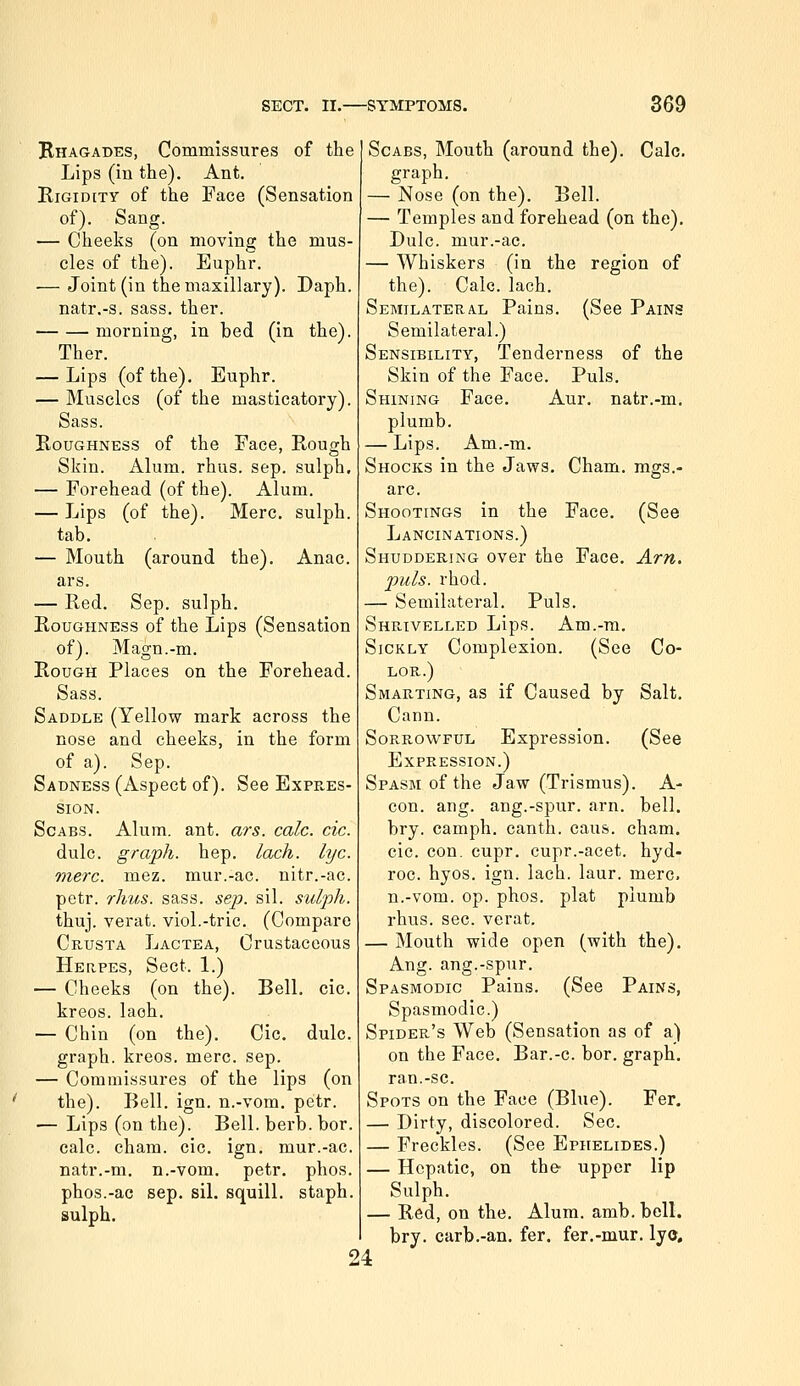 Bhagades, Commissures of the Lips (in the). Ant. KiGiDiTY of the Face (Sensation of). Sang. — Cheeks (on moving the mus- cles of the). Euphr. — Joint (in the maxillary). Daph. natr.-s. sass. ther. morning, in bed (in the). Ther. — Lips (of the), Euphr. — Muscles (of the masticatory). Sass. KouGHNESs of the Face, Rough Skin. Alum. rhus. sep. sulph. — Forehead (of the). Alum. — Lips (of the). Merc, sulph. tab, — Mouth (around the). Anac. ars. — Red. Sep. sulph. Roughness of the Lips (Sensation of). Magn.-m. Rough Places on the Forehead. Sass. Saddle (Yellow mark across the nose and cheeks, in the form of a). Sep. Sadness (Aspect of). See Expres- sion. Scabs. Alum. ant. ars. calc. cic. dulc. graph, hep. lach. lye. mere. mez. mur.-ac. nitr.-ac. petr. rhus. sass. sep. sil. sulph. thuj. verat. viol.-trie. (Compare Crusta Lactea, Crustaceous Herpes, Sect. 1.) — Cheeks (on the). Bell. cic. kreos. lach. — Chin (on the). Cic. dulc. graph, kreos. mere. sep. — Commissures of the lips (on the). Bell. ign. n.-vom, petr. ■— Lips (on the). Bell. berb. bor. calc. cham. cic. ign. mur.-ac. natr.-m, n.-vom. petr. phos. phos.-ac sep. sil. squill, staph, sulph. Scabs, Mouth (around the), Calc. graph. — Nose (on the). Bell. — Temples and forehead (on the). Dulc. mur.-ac. — Whiskers (in the region of the). Calc. lach. Semilateral Pains. (See Pains Semilateral.) Sensibility, Tenderness of the Skin of the Face. Puis. Shining Face. Aur, natr.-m. plumb. — Lips. Am.-m. Shocks in the Jaws. Cham, mgs.- arc. Shootings in the Face. (See Lancinations.) Shuddering over the Face. Am. puis. rhod. — Semilateral. Puis. Shrivelled Lips. Am.-ra. Sickly Complexion. (See Co- lor.) Smarting, as if Caused by Salt, Cann. SoRRovi^FUL Expression. (See Expression.) Spasm of the Jaw (Trismus). A- con. ang. ang.-spur. am. bell. bry. camph. canth. cans. cham. cic. con. cupr. cupr.-acet. hyd- roc. hyos. ign. lach. laur. mere, n.-vom. op. phos. plat plumb rhus. sec. verat. — Mouth wide open (with the). Ang. ang.-spur. Spasmodic Pains. (See Pains, Spasmodic.) Spider's Web (Sensation as of a) on the Face, Bar.-c. bor. graph, ran.-sc. Spots on the Face (Blue). Fer. — Dirty, discolored. Sec, — Freckles. (See Ephelides.) — Hepatic, on the- upper lip Sulph, — Red, on the. Alum. amb. bell, bry. carb.-an. fer. fer.-mur. lyo, 24