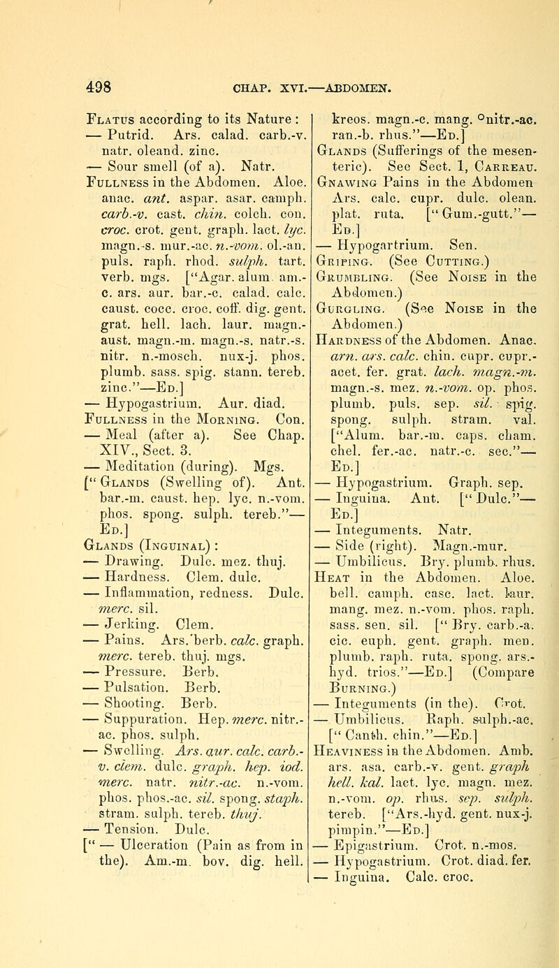 Flatus according to its Nature : — Putrid. Ars. calad. carb.-v. natr. oleand. zinc. — Sour smell (of a). Natr. Fullness in the Abdomen. Aloe. anac. ant. aspar. asar. camph. carb.-v. cast, chiti. colcli. con. croc. crot. gent, graph, lact. lye. magn.-s. mur.-ac. w.-yowz. ol.-an. puis. raph. rhod. sulph. tart, verb, mgs. [Agar. alum, am.- c. ars. aur. bar.-c. calad. calc. caust. coco. croc. coif. dig. gent. grat. hell. lach. laur. magn.- aust, magn.-m. magn.-s. natr.-s. nitr. n.-mosch. nux-j. phos. plumb, sass. spig. stann. tereb. zinc.—Ed.] — Hypogastrium. Aur. diad. Fullness in the Morning. Con. — Meal (after a). See Chap. XIV., Sect. 3. — Meditation (during). Mgs. [ Glands (Swelling of). Ant. bar.-m. caust. hep. lye. n.-vom. phos. spong. sulph. tereb.— Ed.] Glands (Inguinal) : — Drawing. Dulc. mez. thuj. — Hardness. Clem. dulc. — Inflammation, redness. Dulc. mere. sil. — Jerking. Clem. — Pains. Ars.'berb. calc. graph. mere, tereb. thuj. mgs. — Pressure. Berb. — Pulsation. Berb. — Shooting. Berb. — Suppuration. Hep. mere, nitr.- ac. phos. sulph. — Swelling. Ars. aur. calc. carb.- V. clem. dulc. graph, hep. iod. m^erc. natr. nitr.-ac. n.-vom. phos. phos.-ac. sil. spong. staph. stram. sulph. tereb. thiij. — Tension. Dulc. [ — Ulceration (Pain as from in the), Am.-m. bov. dig. hell. kreos. magn.-c. mang. °nitr.-ac. ran.-b. rhus.—Ed.] Glands (Sufferings of the mesen- teric). See Sect. 1, Carreau. Gnawing Pains in the Abdomen Ars. calc. cupr, dulc. olean. plat. ruta. [ Gum,-gutt.— Ed.] — Hypogartrium. Sen. Griping. (See Cutting.) Grumbling. (See Noise in the Abdomen.) Gurgling. (S-^e Noise in the Abdomen.) Hardness of the Abdomen. Anac. am. ars. calc. chin. cupr. cupr.- acet. fer. grat. lach. magn.-m. magn.-s. mez. n.-vom. op. phos. plumb, puis. sep. sil. &pig. spong. sulph. stram. val. [Alum, bar.-m. caps. cham. ehel. fer.-ac, natr.-c. sec.— Ed.] — Hypogastrium. Graph, sep. — Inguina. Ant. [Dulc,— Ed.] — Integuments, Natr. — Side (right). Magn.-mur. — Umbilicus. Bry. plumb, rims. Heat in the Abdomen. Aloe. bell, camph. case. lact. laur. mang. mez. n.-vom. phos. raph. sass. sen. sil. [ Bry. carb.-a. cic. euph. gent, graph, men. plumb, raph. ruta. spong. ars.- hyd. trios.—Ed.] (Compare Burning.) — Integuments (in the). C^'ot. — Umbilicus. Raph. sulph.-ac. [ Canfeh. chin.—Ed.] Heaviness in the Abdomen. Amb. ars. asa. carb.-v. gent, graph hell. kal. lact. lye. magn. mez, n.-vom. op. rhus. sep. sulp)h. tereb. [Ars.-hyd, gent, nux-j. pimpin.—Ed.] — Epigastrium. Crot. n.-mos. — Hypogastrium. Crot. diad. fer. — Injruina. Calc. croc.