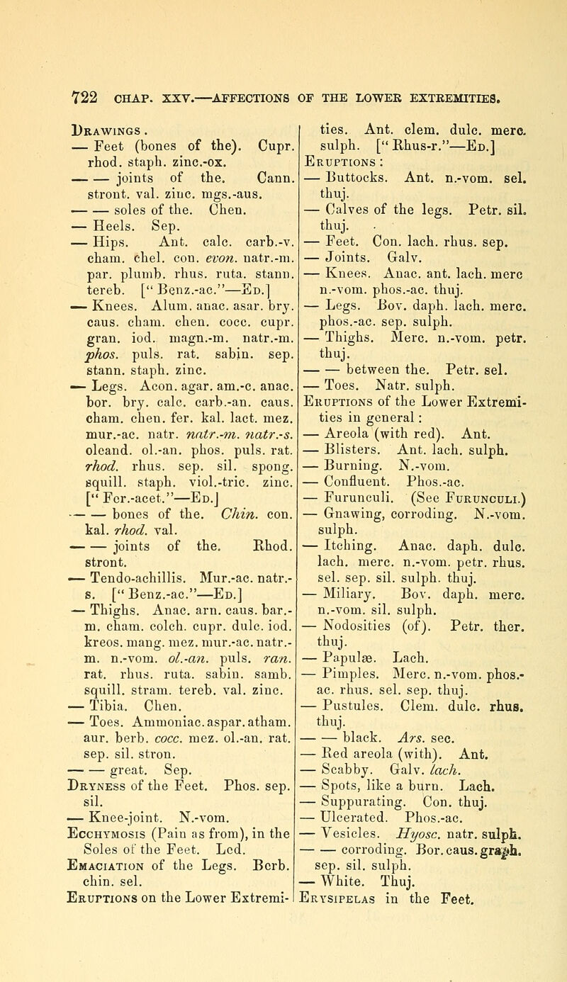 Drawings . — Feet (bones of the). Cupr. rhod. staph, zinc-ox. joints of the. Cann. stront. val. zinc, mgs.-aus. soles of the. Chen. — Heels. Sep. — Hips. Ant, calc. carb.-v. cham. ehel. con. evon. natr.-ni. par. plumb, rhus. ruta. stann. tereb. [ Benz.-ac.—Ed.] — Knees. Alum. anac. asai-. bry. cans, chara. chen. cocc. cupr. gran. iod. magn.-m. natr.-m. phos. puis. rat. sabin. sep. stann. staph, zinc. — Legs. Aeon. agar. am,-c. anac. bor. bry. calc. carb.-an. caus. cham. chen. fer. kal. lact. mez. mur.-ac. natr. natr.-m. natr.-s. oleand. ol.-an. phos. puis. rat. rhod. rhus. sep. sil. spong. squill, staph, viol.-trie. zinc. [ Fer.-acet.—Ed.J bones of the. Chin. con. kal. rhod. val. — — joints of the. Rhod. stront. — Tendo-achillis. Mur.-ac. natr.- s. [Benz.-ac.—Ed.] — Thighs. Anac. arn. caus. bar.- m. cham. colch. cupr. dulc. iod. kreos. mang. mez. mur.-ac. natr.- m. n.-vom. ol.-an. puis. ran. rat. rhus. ruta. sabin. samb. squill, stram. tereb. val. zinc. — Tibia. Chen. — Toes. Ammoniac, aspar.atham. aur. herb. cocc. mez. ol.-an. rat. sep. sil. stron. great. Sep. Dryness of the Feet. Phos. sep. sil. — Knee-joint. N.-vom. EccHYMosis (Pain as from), in the Soles of \hQ Feet. Led. Emaciation of the Legs. Bcrb. chin. sel. ERurxioNS on the Lower Extremi- ties. Ant. clem. dulc. mere, sulph. [ Rhus-r.—Ed.] Eruptions : — Buttocks. Ant. n.-vom. sel. thuj. — Calves of the legs. Petr. sil. thuj. — Feet. Con. lach. rhus. sep. — Joints. Galv. — Knees. Anac. ant. lach. mere n.-vom. phos.-ac. thuj. — Legs. Bov. daph. lach. mere. phos.-ac. sep. sulph. — Thighs. Merc, n.-vom. petr. thuj. between the. Petr. sel. — Toes. Natr. sulph. Eruptions of the Lower Extremi- ties in general: — Areola (with red). Ant. — Blisters. Ant. lach. sulph. — Burning. N.-vom. — Confluent. Phos.-ac. — Furunculi. (See Furunculi.) — Gnawing, corroding. N.-vom. sulph. — Itching. Anac. daph. dulc. lach. mere, n.-vom. petr. rhus. sel. sep. sil. sulph. thuj. — Miliary. Bov. daph. mere, n.-vom. sil. sulph. — Nodosities (of). Petr. ther. thuj. — Papulas. Lach. — Pimples. Merc, n.-vom. phos.- ac. rhus. sel. sep. thuj. — Pustules. Clem. dulc. rhus. thuj. black. Ars. sec. — Red areola (with). Ant. — Scabby. Galv. Lach. — Spots, like a burn. Lach. — Suppurating. Con. thuj. — Ulcerated. Phos.-ac. — Vesicles. Hyosc. natr, sulph. corroding. Bor. caus, gra^h. sep. sil. sulph. — White. Thuj, Erysipelas in the Feet.