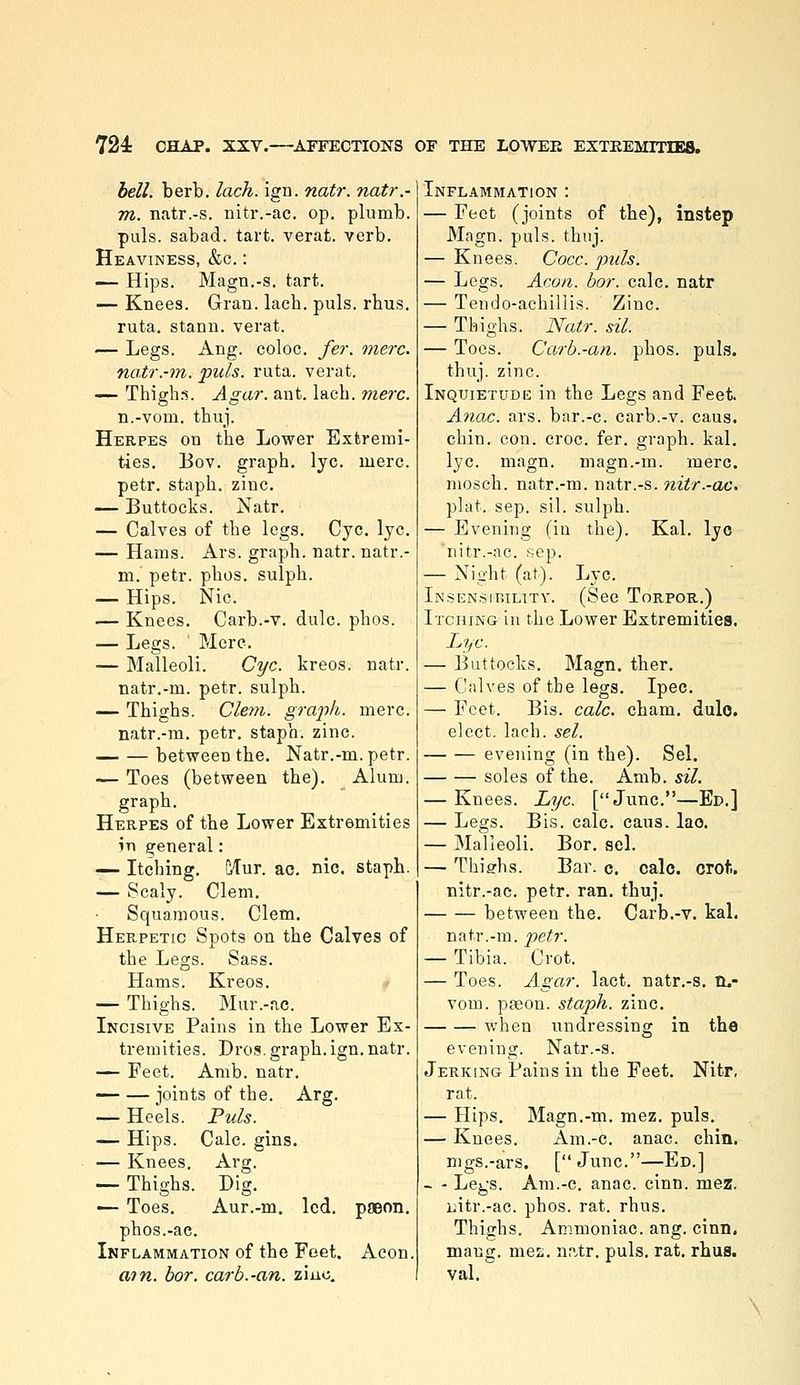 bell. berb. lack. ign. natr. natr.- Tti. natr.-s. nitr.-ac. op, plumb, puis, sabad. tart, verat. verb. Heaviness, &c. : — Hips. MagB.-s. tart. — Knees. Gran. lach. puis. rhus. ruta. stann. verat. — Legs. Aug. coloc. fer. mere, natr.-m. puis. ruta. verat. — Thighs. Agar. ant. lach. mere. n.-vom. thuj. Herpes on the Lower Extremi- ties, Bov. graph, lye. mere, petr. staph, zinc. — Buttocks, Natr. — Calves of the legs. Cyc. lye. — Hams. Ars. graph, natr. natr.- m. petr. phos. sulph. — Hips. Nic. — Knees, Carb.-v. dulc. phos. — Legs. ' Mere. — Malleoli, Cyc. kreos. natr. natr.-m. petr. sulph. — Thighs. Clem, graph, mere, natr.-m. petr. staph, zinc. between the, Natr.-m. petr. — Toes (between the). Alum, graph. Herpes of the Lower Extremities in general: — Itching, fVTur. ac. nic. staph. — Scaly. Clem, Squamous. Clem, Herpetic Spots on the Calves of the Legs. Sass. Hams. Kreos. — Thighs. Mur.-ac. Incisive Pains in the Lower Ex- tremities. Di'os. graph, ign. natr. — Feet. Amb. natr. -— — joints of the. Arg. — Heels. Puis. — Hips. Calc. gins, — Knees. Arg. — Thighs. Dig. •— Toes, Aur.-m. led. p?Bon, phos.-ac. Inflammation of the Feet. Aeon. atn. hor. carb.-an. zinc. Inflammation : — Feet (joints of the), instep Magn. puis. thuj. — Knees. Cocc. puis. — Legs. Aeon. hor. calc. natr — Tendo-achiliis. Zinc, — Thighs. Natr. sil. — Toes. Carb.-an. phos. puis, thuj. zinc. Inquietude in the Legs and Feet. Anac. ars. bar.-c. carb.-v. cans, chin. con. croc. fer. graph, kal. lye. magn. magn.-m. mere, mosch. natr.-m. natr.-s. nitr.-ac. plat. sep. sil. sulph. — Evening (in the). Kal. lye nitr.-ac. sep. — Night (at). Lye. Insensibility. (See Torpor.) Itching in the Lower Extremities. Lye. — Buttocks, Magn. ther, — Calves of the legs, Ipec, — Feet. Bis. ealc. cham, dulc. elect, lach. sel. evening (in the). Sel. soles of the. Amb. sil. — Knees. Lye. [June.—Ep.] — Legs. Bis. calc, caus. lao. — Malleoli, Bor, sel, — Thighs. Bar. c. calc. crot.. nitr.-ac. petr, ran, thuj, between the, Cai-b,-v, kal. natr.-m. petr. — Tibia. Crot. — Toes. Agar. lact. natr.-s, n.- vom. paeon, staph, zinc, when undressing in the evening. Natr.-s. Jerking Pains in the Feet. Nitr, rat. — Hips, Magn.-m. mez. puis, — Knees, Am.-c. anac. chin. nigs.-ars. [June.—Ed.] — - Legs. Am.-c. anac. cinn. mez, Litr.-ac. phos. rat. rhus. Thighs. Ammoniac, ang. cinn. mang. mes. nn.tr. puis, rat, rhus. val.