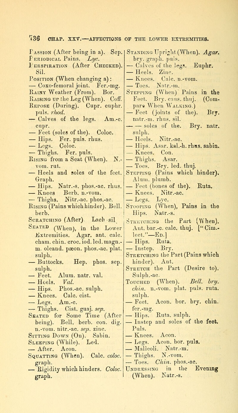 Fassion (After being in a). Sep. Periodical Pains. Lye. Perspiration (After Checked). Sil. Position (When changing a): — Coxo-femoral joint. Fer.-mg. Rainy Weather (From). Bor. Raising UP the Leg (When). Coff. Repose (During). Cupr. euphr. puis. rJiod. — Calves of the legs. Am.-c. cupr. — Feet (soles of the). Coloc. — Hips. Fer. puis. rhus. — Legs. Coloc. — Thighs. Fer. puis. Rising from a Seat (When). N.- vom. rut. — Heels and soles of the feet. Graph. — Hips. Natr.-s. phos.-ac. rhus. — Knees Berb. n.-voni. — Thighs. Nitr.-ac. phos.-ac. Rising (Pains which hinder). Bell. berb. Scratching (After)- Laoh sil Seated (When), in the Lower JbiXtremities. Agar. ant. calc. cham. chin. croc. iod. led. magn.- m. oleand. paeon, phos.-ac. plat. sulph. — Buttocks. Hep. phos. sep. sulph. — Feet. Alum. natr. val. — Heels. Vol. — Hips. Phos.-ac. sulph. — Knees. Calo. cist. — Legs. Am.-c. — Thighs. Cist. guaj. sep. Seated for Some Time (After being). Bell. berb. con. dig. n.-vom. nitr.-ac. sep. zinc. Sitting Down (On). Sabin, Sleeping (While). Led. — After, Aeon. Squatting (When). Calc. coloc. graph. — Rigidity whicli hinders. Coloc. graph. Standing Upright (When). Agar. bry. graph, puis. — Calves of the legs. Euphr. — Heels. Zinc. — Knees. Calc. n.-vom. — Toes. Natr.-111. Stepping (When) Pains in the Feet. Bry. cans. thuj. (Com- para When Walking.) — Feet (joints of the). Bry. natr.-m. rhus. sil. soles of the. Bry. natr. sulph. — Heels. Nitr.-ac. — Hips. Asar. kal.-h. rhms. sabin. — Knees. Con. — Thighs. Asar. — Toes. Bry. led. thuj. Stepping (Pains which hinder). Alum, plumb. — Feet (bones of the). Ruta. — Knees. Nitr.-ac. — Legs. Lye. Stooping (When), Pains in the Hips. Natr.-s. Stuetching the Part (When). Aut. bar.-c. calc. thuj. [ Cim.- lect.—Ed.] — Hips. Ruta. — Instep. Bry. Stretching the Part (Pains which hinder). Ant. Stretch the Part (Desire to). Sulph.-ac. Touched (When). Bell. bry. chin, n.-vom. plat. puis. ruta. sulph. — Feet. Aeon. bor. bry, chin. fer.-mg. — Hips. Ruta. sulph, — Instep and soles of the feet. Puis. — Knees. Aeon. — Legs. Aeon. bor. puis. — Malleoli. Natr.-m. — Thighs. N.-vom. — Toes. Chin, phos.-ac. Undressing in the Evening (When). Natr.-s.
