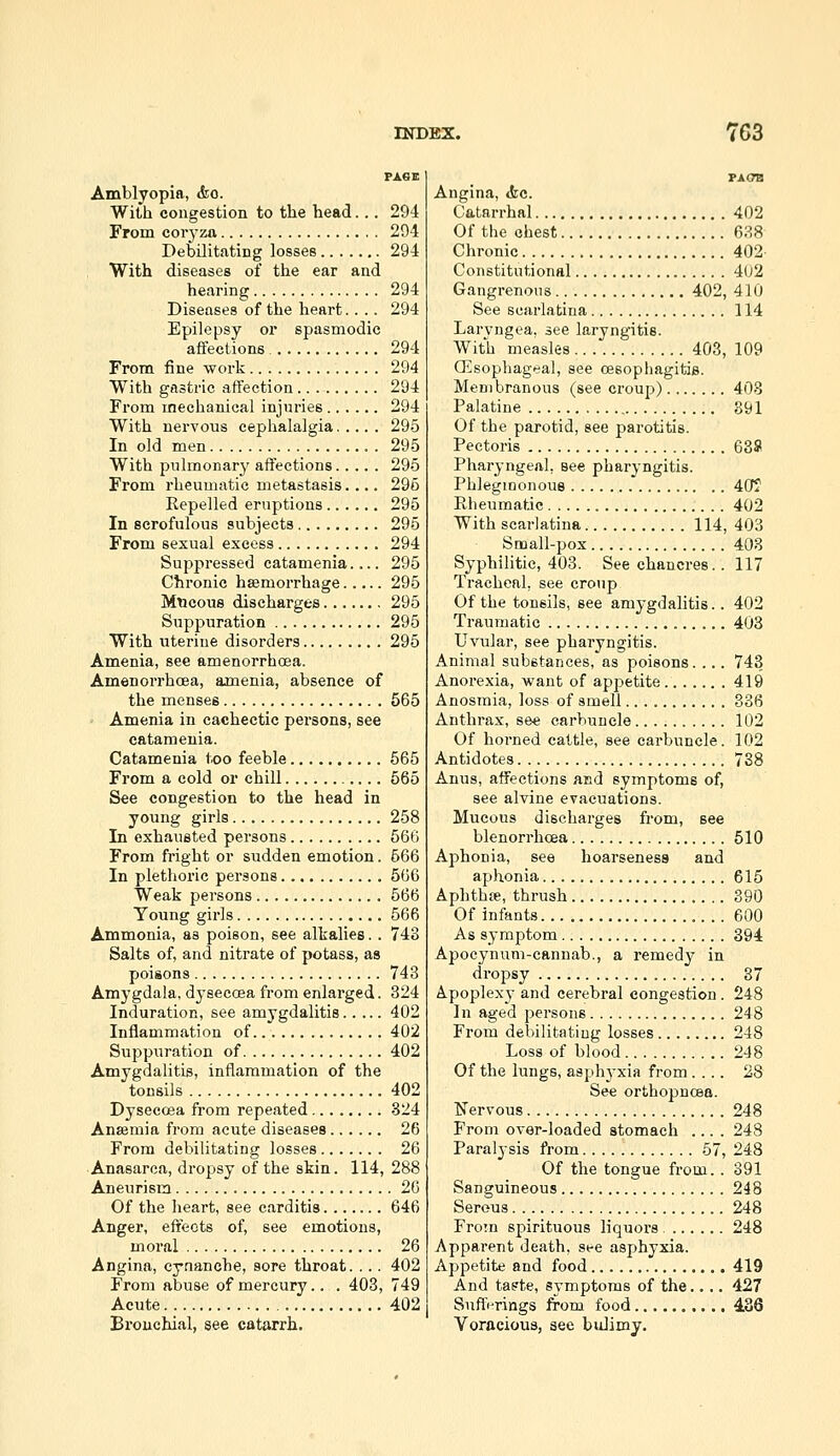 PAOB Amblyopia, &o. With congestion to the head... 294 From coryza 294 Debilitating losses 294 With diseases of the ear and hearing 294 Diseases of the heart.... 294 Epilepsy or spasmodic affections 294 From fine work 294 With gftstric affection 294 From mechanical injiiries 294 With nervous cephalalgia 295 In old men 295 With pulmonary affections 295 From rheumatic metastasis.... 296 Kepelled eruptions 295 In scrofulous subjects 295 From sexual excess 294 Suppressed catamenia.... 295 Chronic haemorrhage 295 Mncous discharges 295 Suppuration 295 With uterine disorders 295 Amenia, see amenorrhcea. Amenorrhoea, amenia, absence of the menses 565 Amenia in cachectic persons, see catamenia. Catamenia too feeble 665 From a cold or chill 565 See congestion to the head in young girls 258 In exhausted persons 566 From fright or sudden emotion. 666 In plethoric persons 566 Weak persons 566 Toung girls 566 Ammonia, as poison, see alkalies.. 748 Salts of, and nitrate of potass, as poisons 743 Amygdala, dyeecoea from enlarged. 324 Induration, see amygdalitis 402 Inflammation of. 402 Suppuration of 402 Amygdalitis, inflammation of the tonsils 402 DysecQsa from repeated -324 Anajmia from acute diseases 26 From debilitating losses 26 Anasarca, dropsy of the skin. 114, 288 Aneurism 26 Of the heart, see carditis 646 Anger, effects of, see emotions, moral 26 Angina, cjnanehe, sore throat. ... 402 From abuse of mercury.. . 403, 749 Acute 402 Bi'ouchial, see catarrh. Angina, <fec. Catarrhal 402 Of the chest 638 Chronic 402- Constitutional 402 Gangrenous 402, 410 See scarlatina 114 Laryngea, see laryngitis. With measles 403, 109 CEsophageal, see oesophagitis. Membranous (see croup) 40.3 Palatine 891 Of the parotid, see parotitis. Pectoris 638 Pharyngeal, see pharyngitis. Phlegmonous 4(J? Rheumafic 402 With scarlatina 114, 403 Small-pox 403 Syphilitic, 403. See chancres.. 117 Tracheal, see croup Of the tonsils, see amygdalitis.. 402 Traumatic 408 Uvular, see pharyngitis. Animal substances, as poisons. ... 743 Anorexia, want of appetite 419 Anosmia, loss of smell 336 Anthrax, see carbuncle 102 Of horned cattle, see carbuncle. 102 Antidotes 788 Anus, affections and symptoms of, see alvine evacuations. Mucous discharges from, see blenorrhcea 510 Aphonia, see hoarseness and aphonia 615 Aphthfe, thrush 390 Of infants 600 As symptom 394 Apocynum-cannab., a remedy in dropsy 87 Apoplexy and cerebral congestion . 248 In aged persons 248 From debilitating losses 248 Loss of blood 248 Of the lungs, asphj'xia from .... 28 See orthopucea. Nervous 248 From over-loaded stomach .... 248 Paralysis from 57, 248 Of the tongue from. . 391 Sanguineous 248 Serous 248 FroTn spirituous liquors 248 Apparent death, see asphyxia. Appetite and food 419 And tarte, symptoms of the.... 427 SufiVrings from food 436 Voracious, see bulimy.