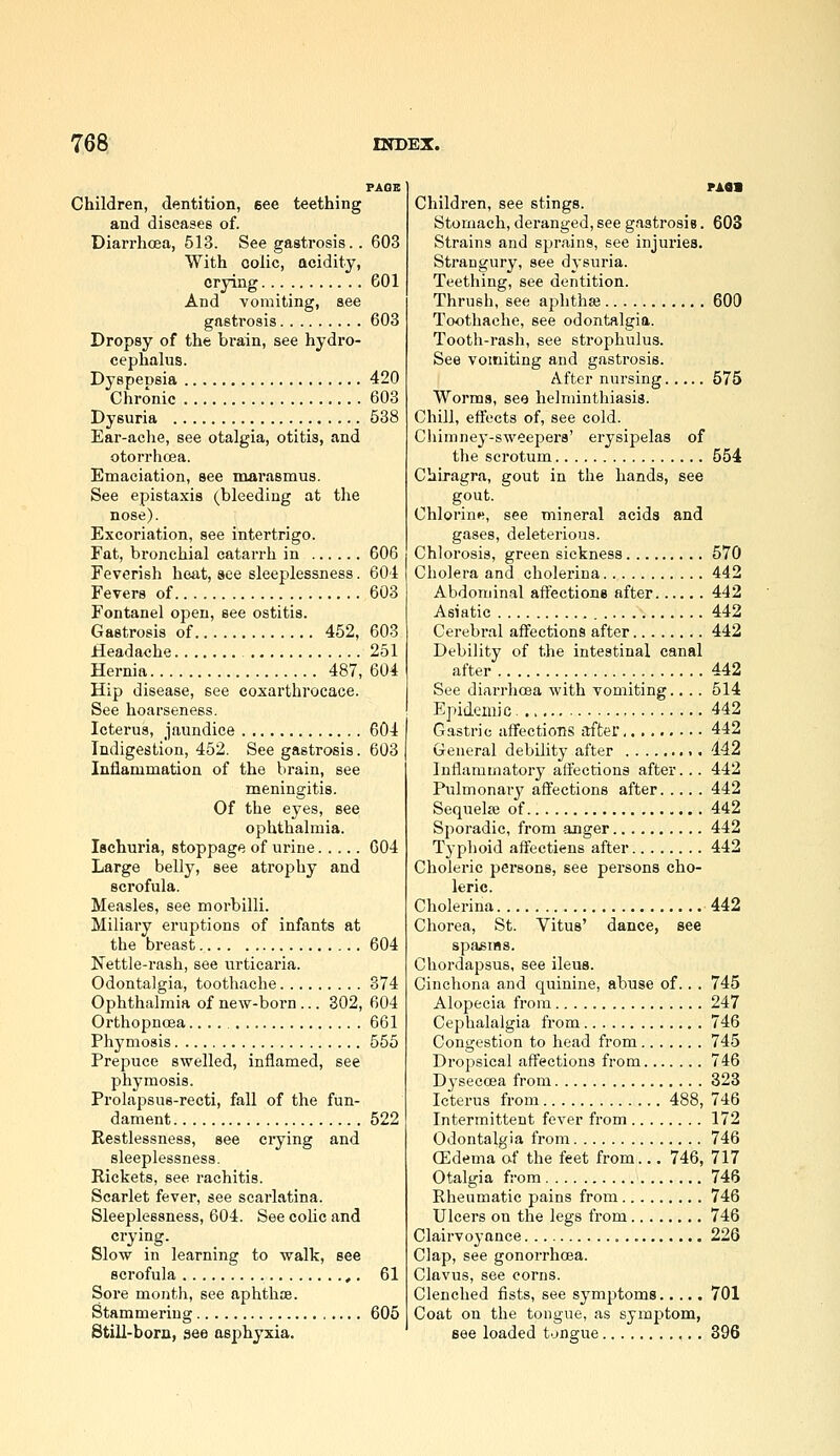 FAQE Children, dentition, eee teething and diseases of. Diarrhoea, 513. See gastrosis.. 603 With colic, acidity, crying GOl And vomiting, see gastrosis 603 Dropsy of the brain, see hydro- cephalus. Dyspepsia 420 Chronic 603 Dysuria 538 Ear-ache, see otalgia, otitis, and otorrlicea. Emaciation, see marasmus. See epistaxis (bleeding at the nose). Excoriation, see intertrigo. Fat, bronchial catarrh in 606 Feverish hcixt, see sleeplessness. 601 Fevers of 603 Fontanel open, see ostitis. Gastrosis of 452, 603 Headache 251 Hernia 487, 604 Hip disease, see coxarthrocace. See hoarseness. Icterus, jaundice 604 Indigestion, 452. See gastrosis. 603 Inflammation of the brain, see meningitis. Of the eyes, see ophthalmia. Ischuria, stoppage of urine 004 Large belly, see atrophy and scrofula. Measles, see morbilli. Miliary eruptions of infants at the breast 604 Nettle-rash, see urticaria. Odontalgia, toothache 374 Ophthalmia of new-born ... 302, 604 Orthopnoea 661 Phymosis 555 Prepuce swelled, inflamed, see phymosis. Prolapsus-recti, fall of the fun- dament 522 Restlessness, see ciying and sleeplessness. Rickets, see rachitis. Scarlet fever, see scarlatina. Sleeplessness, 604. See coUc and crying. Slow in learning to walk, see scrofula ,. 61 Sore month, see aphthoe. Stammering 605 Still-born, see asphyxia. PAoa Children, see stings. Stomach, deranged, see gastrosis. 603 Strains and sprains, see injuries. Strangury, see dysuria. Teething, see dentition. Thrush, see aphthai 600 Toothache, see odontalgia. Tooth-rash, see strophulus. See vomiting and gastrosis. After nursing 575 Worms, see helminthiasis. Chill, effects of, see cold. Chimney-sweepers' erysipelas of the scrotum 554 Chiragra, gout in the hands, see gout. Chlorin«, see mineral acids and gases, deleterious. Chlorosis, green sickness 570 Cholera and cholerina 442 Abdominal affections after 442 Asiatic 442 Cerebral affections after 442 Debility of the intestinal canal after 442 See diarrhoea Avith vomiting.. .. 514 Epidemic 442 G-astric affectioTiS after 442 General debility after 442 Inflammatory affections after... 442 Pulmonary affections after 442 Sequelffi of 442 Sporadic, from anger 442 Typhoid affectiens after 442 Choleric persons, see persons cho- leric. Cholerina 442 Chorea, St. Vitus' dance, see spasms. Chordapsus, see ileus. Cinchona and quinine, abuse of.. . 745 Alopecia from 247 Cephalalgia from 746 Congestion to head from 745 Dropsical affections from 746 Dysecoea from 323 Icterus from 488, 746 Intermittent fever from 172 Odontalgia from 746 CEdema of the feet from... 746, 717 Otalgia from 746 Rheumatic pains from 746 Ulcers on the legs from 746 Clairvoyance 226 Clap, see gonorrhoea. Clavus, see corns. Clenched fists, see symptoms 701 Coat on the tongue, as symptom, see loaded tongue 896