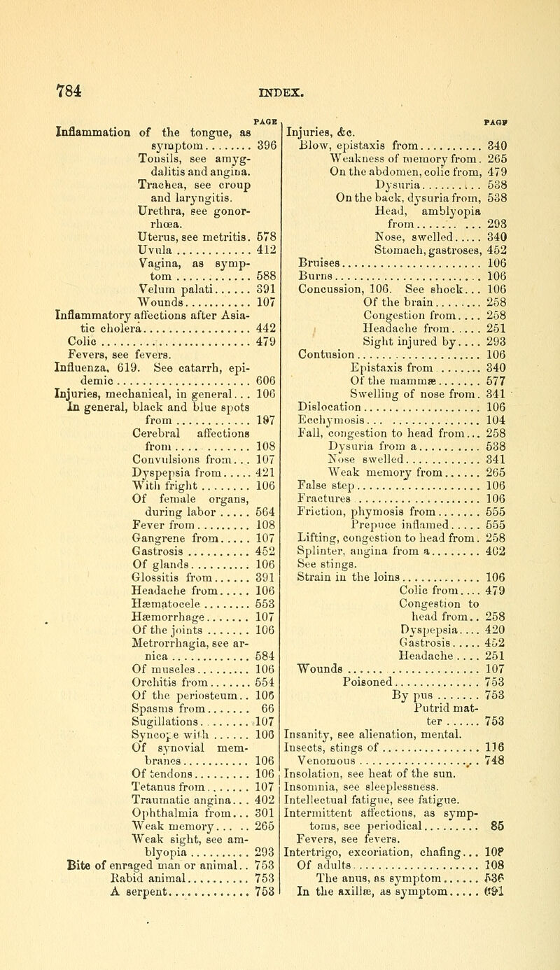 PAGB Inflammation of the tongue, as symptom 396 Tousils, see amyg- dalitis and angina. TracViea, see croup and laryngitis. Urethra, gee gonor- rhoea. Uterus, see metritis. 578 Uvula 412 Vagina, as symp- tom 688 Velum palati 391 Wounds 107 Inflammatory affections after Asia- tic cholera 442 Colic 479 Fevers, see fevei-s. Influenza, 619. See catarrh, epi- demic 606 Injuries, mechanical, in general.. . 106 In general, black and blue spots from 187 Cerebral affections from 108 Convidsions from... 107 Dyspepsia from 421 With fright 106 Of female organs, during labor 564 Fever from 108 Gangrene from 107 Gastrosis 452 Of glands 106 Glossitis from 391 Headaelie from 106 Hsematoeele 553 Hfemorrhage 107 Of the joints 106 Metrorrhagia, see ar- nica 584 Of muscles 106 Orchitis from 654 Of the periosteum.. 106 Spasms from 66 Sugillations 107 Syncope wilh 106 Of synovial mem- branes 106 Of tendons , 106 Tetanus from 107 Traumatic angina.. . 402 Ophthalmia from... 301 Weak memory 266 Weak sight, see am- blyopia 293 Bite of enraged man or animal.. 753 Kabid animal 763 A serpent 763 Injuries, <fec. Blow, epistaxis from 340 Weakness of memory from. 265 On the abdomen, colic from, 479 Dysuria 638 On the back, dysuria from, 638 Head, amblyopia from 293 Nose, swelled 340 Stomach, gastroses, 462 Bruises 106 Burns 106 Concussion, 106. See shock... 106 Of the brain 268 Congestion from.... 258 Headache from 251 Sight injui'ed by.... 293 Contusion 106 Epistaxis from 340 Of tlie mammse 577 Swelling of nose from. 341 Dislocation 106 Ecchymosis 104 Fall, congestion to head from... 258 Dysuria from a 538 Nose swelled 341 Weak memory from 265 False step 106 Fractures 106 Friction, phymosis from 565 Prepuce inflamed 555 Lifting, congestion to head from. 258 Splinter, angina trom a 402 See stings. Sti'ain in the loins 106 Colic from.... 479 Congestion to head from., 258 Dyspepsia.... 420 Gastrosis 452 Headache .... 251 Wounds 107 Poisoned 753 By pus 763 Putrid mat- ter 763 Insanity, see alienation, mental. Insects, stings of 116 Venomous ^. . 748 Insolation, see heat of the sun. Insomnia, see sleeplessness. Intellectual fatigue, see fatigue. Intermittent affections, as symp- toms, see periodical 86 Fevers, see fevers. Intertrigo, excoriation, chafing... lOP Of adults 108 The anus, as symptom , i^3<^ In the axillre, as symptom..... 6&1