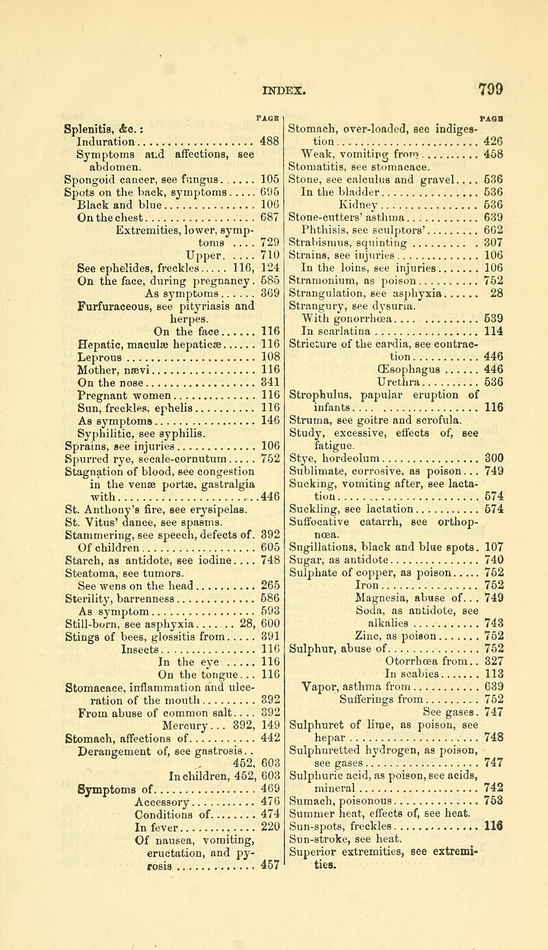PACB Splenitis, <fec.: Induration 488 Symptoms and affections, see abdomen. Spongoid cancer, see fungus 105 Spots on the back, symptoms 695 Black and blue 106 On the chest 687 Extremities, lower, symp- toms .... 729 Upper 710 See ephelides, freckles 116, 124 On the face, during pi-egnancy. 585 As symptoms 369 Furfuraceous, see pityriasis and herpes. On the face 116 Hepatic, maculse hepaticse 116 Leprous 108 Mother, nsevi 116 On the nose 341 Pregnant women 116 Sun, freckles, ephelis 116 As symptoms 146 Syphilitic, see syphilis. Sprains, see injuries 106 Spurred rye, secale-cornutum 752 Stagnation of blood, see congestion in the venae portse, gastralgia with 446 St. Anthony's fire, see ei'ysipelas. St. Vitus' dance, see spasms. Stammering, see speech, defects of. 392 Of children 605 Starch, as antidote, see iodine.... 748 Steatoma, see tumors. See wens on the head 265 Sterility, barrenness 586 As symptom 598 Still-born, see asphyxia. .. 28, 600 Stings of bees, glossitis from 391 Insects 116 In the eye 116 On the tongue... 116 Stomacace, inflammation and ulce- ration of the mouth 392 From abuse of common salt.... 392 Mercury... 392, 149 Stomach, affections of 442 Derangement of, see gasti'osis.. 452, 603 In children, 452, 603 Symptoms of 469 Accessory 476 Conditions of 474 In fever _..... 220 Of nausea, vomiting, eructation, and py- rosis 457 PAon Stomach, over-loaded, see indiges- tion 426 Weak, vomitipg from 468 Stomatitis, see stomacace. Stone, see calculus and gravel.... 536 In the bladder 536 Kidney 536 Stone-cutters' asthma 639 Phthisis, see sculptors' 662 Strabismus, squinting 307 Strains, see injuries 106 In the loins, see injuries 106 Stramonium, as poison 752 Strangulation, see asjihyxia 28 Strangury, see dysuria. With gonorrhoea.... 539 In scarlatina 114 Stricture of the cardia, see contrac- tion 446 CEsophagus 446 Urethra 536 Strophulus, papular eruption of infants.... 116 Struma, see goitre and scrofula. Study, excessive, effects of, see fatigue. Stye, hordeolum 300 Sublimate, corrosive, as poison... 749 Sucking, vomiting after, see lacta- tion 574 Suckling, see lactation 574 Suffocative catarrh, see orthop- noea. Sugillations, black and blue spots. 107 Sugar, as antidote 740 Sulphate of copper, as poison 762 Iron 752 Magnesia, abuse of.. . 749 Soda, as antidote, see alkalies 743 Zinc, as poison 762 Sulphur, abuse of 762 Otorrhosa from.. 327 In scabies 113 Vapor, asthma from 639 Sufferings from 762 See gases. 747 Sulphuret of lime, as poison, see hepar 748 Sulphuretted hydrogen, as poison, see gases 747 Sulphuric acid, as poison, see acids, minei-al 742 Sumach, poisonous 763 Summer heat, effects of, see heat. Sun-spots, freckles 116 Sun-stroke, see heat. Superior extremities, see extremi- ties.