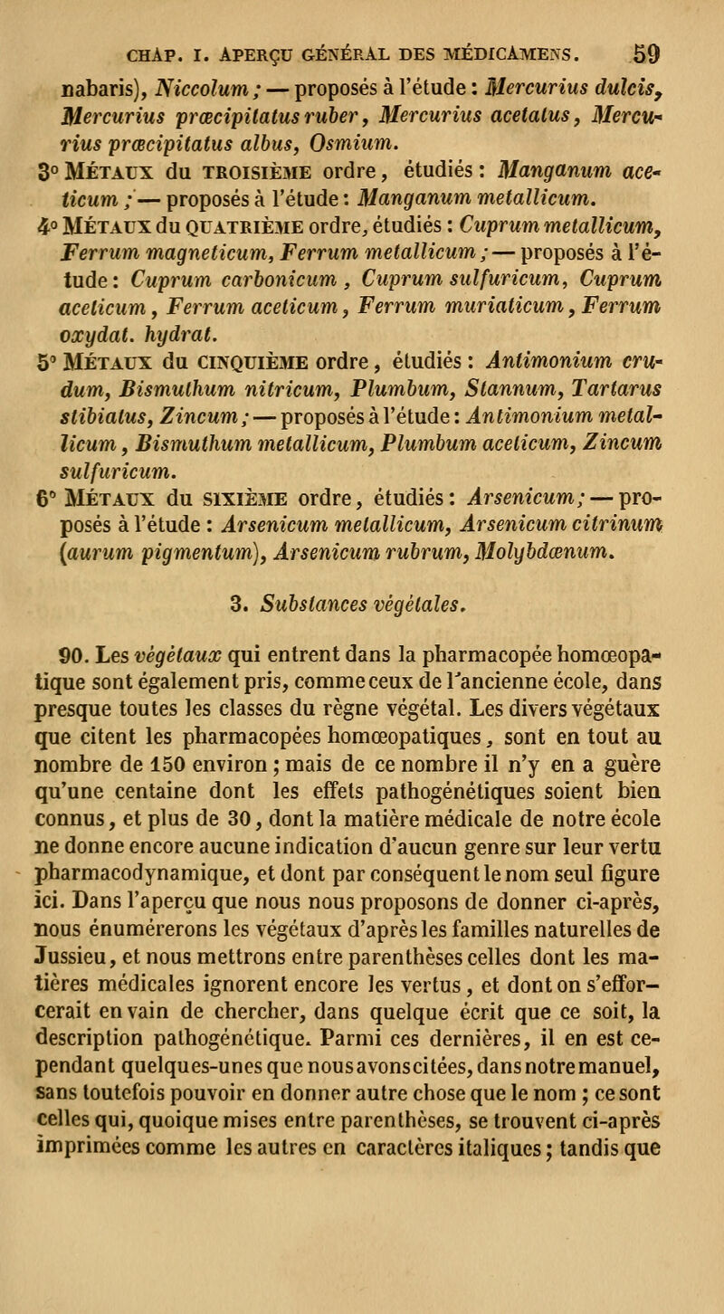 nabaris), Niccolum; — proposés à l'étude : Mercurius dulcis, Mcrcurius prœcipilatus ruher, Mercurius acetalus, MercU rius prœcipitatus alhus, Osmium. 30 MÉTAUX du TR0ISIÈ3IE ordre, étudiés : Manganum acC ticum ; — proposés à l'étude : Manganum metallicum. 4° MÉTAUX du QUATRIÈME Ordre, étudiés : Cuprum metallicum, Ferrum magneticum, Ferrum metallicum ;— proposés à l'é- tude: Cuprum carhonicum , Cuprum suifuricum, Cuprum acelicum, Ferrum aceticum, Ferrum muriaticum, Ferrum oxydât, hydrat. 5' MÉTAUX du CINQUIÈME Ordre, étudiés : Antimonium crw- dum, Bismulhum nitricum, Plumbum, Slannum, Tartarus stibialuSf Zincum ; — proposés à l'étude : Antimonium metal- licum , Bismulhum metallicum, Plumhum aceticum, Zincum sulfuricum. 6 MÉTAUX du S1XIÈ3IE Ordre, étudiés: Arsenicum; — pro- posés à l'étude : Arsenicum metallicum, Arsenicum citrinum {aurum pigmentum), Arsenicum ruhrum, Molyhdœnum. 3. Substances végétales, 90. Les végétaux qui entrent dans la pharmacopée homœopa- tique sont également pris, comme ceux de Tancienne école, dans presque toutes les classes du règne végétal. Les divers végétaux que citent les pharmacopées homœopatiques, sont en tout au nombre de 150 environ ; mais de ce nombre il n'y en a guère qu'une centaine dont les effets pathogénétiques soient bien connus, et plus de 30, dont la matière médicale de notre école ne donne encore aucune indication d'aucun genre sur leur vertu pharmacodynamique, et dont par conséquent le nom seul figure ici. Dans l'aperçu que nous nous proposons de donner ci-après, nous énumérerons les végétaux d'après les familles naturelles de Jussieu, et nous mettrons entre parenthèses celles dont les ma- tières médicales ignorent encore les vertus, et dont on s'effor- cerait en vain de chercher, dans quelque écrit que ce soit, la description pathogénétique. Parmi ces dernières, il en est ce- pendant quelques-unes que nousavonscitées, dans notre manuel, sans toutefois pouvoir en donner autre chose que le nom ; ce sont celles qui, quoique mises entre parenthèses, se trouvent ci-après imprimées comme les autres en caractères italiques ; tandis que