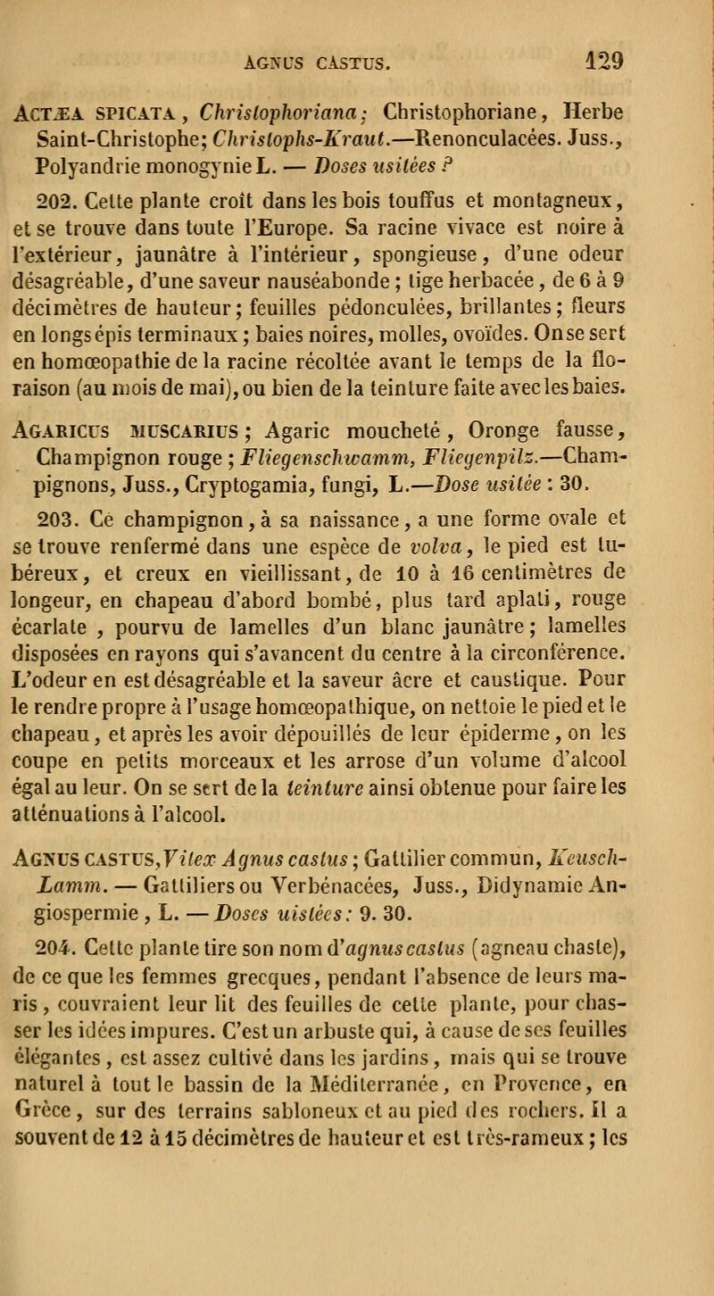 AcTMA sviCATA. y Chrislophoriana; Christophoriane, Herbe Sdiini-Chnsloi^he; Chrislophs-Kraut.—Renonculacées. Juss., Polyandrie monogynieL. — Doses usitées ? 202. Celte plante croît dans les bois touffus et montagneux, et se trouve dans toute l'Europe. Sa racine vivace est noire à l'extérieur, jaunâtre à l'intérieur, spongieuse, d'une odeur désagréable, d'une saveur nauséabonde ; lige herbacée, de 6 à 9 décimètres de hauteur; feuilles pédonculées, brillantes; fleurs en longs épis terminaux ; baies noires, molles, ovoïdes. On se sert en homœopathie de la racine récoltée avant le temps de la flo- raison (au mois de mai), ou bien de la teinture faite avec les baies. Agaricus muscarius ; Agaric moucheté , Oronge fausse, Champignon rouge ; Fliegenschwamm, Fliegenpilz.—Cham- pignons, Juss., Cryptogamia, fungi, L.—Dose usitée : 30. 203. Ce champignon,à sa naissance, a une forme ovale et se trouve renfermé dans une espèce de volva, le pied est lu- béreux, et creux en vieillissant, de 10 à 16 centimètres de longeur, en chapeau d'abord bombé, plus tard aplati, rouge écarlate , pourvu de lamelles d'un blanc jaunâtre ; lamelles disposées en rayons qui s'avancent du centre à la circonférence. L'odeur en est désagréable et la saveur acre et caustique. Pour le rendre propre à l'usage homœopalhique, on nettoie le pied et le chapeau, et après les avoir dépouillés de leur épiderme, on les coupe en petits morceaux et les arrose d'un volume d'alcool égal au leur. On se sert delà teinture ainsi obtenue pour faire les atténuations à l'alcool. Agnus CASTVSyVilex Agnus castus ; Gattilier commun, Keiisch- Lamm. — Gattiliers ou Verbénacées, Juss., Didynamie An- giospermie , L. —Doses uistécs: 9. 30. 204. Cette plante tire son nom d'agnuscastus (agneau chaste), de ce que les femmes grecques, pendant l'absence de leurs ma- ris , couvraient leur lit des feuilles de cette plante, pour chas- ser les idées impures. C'est un arbuste qui, à cause de ses feuilles élégantes , est assez cultivé dans les jardins, mais qui se trouve naturel à tout le bassin de la Méditerranée, en Provence, en Grèce , sur des terrains sabloneux et au pied des rochers. Il a souvent de 12 à 15 décimètres de hauteur et est très-rameux ; les